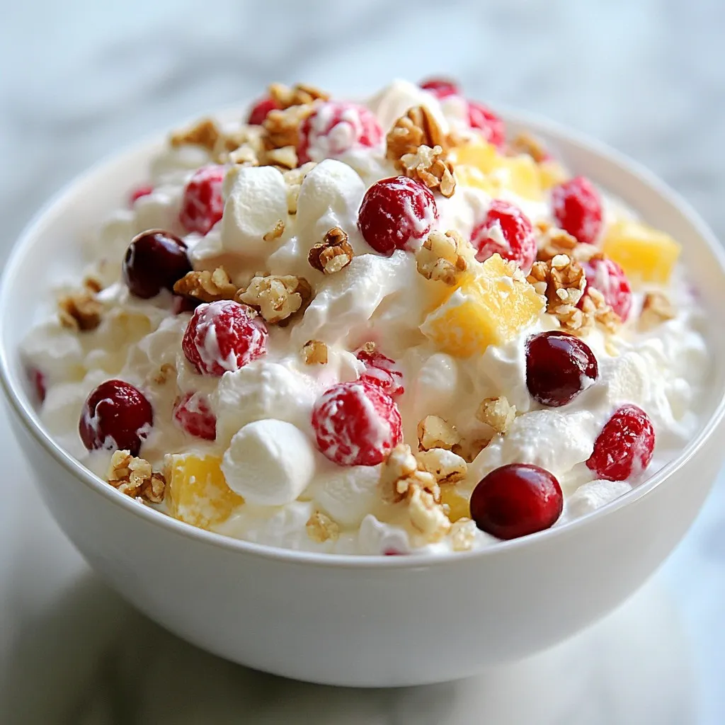 Here’s what you need for the Easy Cranberry Fluff Salad: - 2 cups of fresh or frozen cranberries - 1 cup granulated sugar - 1 cup mini marshmallows - 1 cup whipped cream or whipped topping - 1/2 cup crushed pineapple - 1/2 cup chopped walnuts or pecans (optional) - 1/2 teaspoon vanilla extract Each ingredient plays a key role in creating the texture and taste of this salad. The cranberries add tartness, while the sugar balances it out. Mini marshmallows introduce sweetness and fluffiness. The whipped cream brings a creamy element, making every bite delightful. Crushed pineapple adds a tropical twist, while nuts give a nice crunch. Lastly, the vanilla extract rounds out the flavors. Using fresh cranberries gives a bright flavor, but frozen works too. Just make sure they are thawed and drained. You can also adjust the nuts based on your preference or leave them out for a nut-free treat. This simple list makes it easy to gather what you need and start cooking! {{ingredient_image_2}} First, grab a medium bowl. Add 2 cups of fresh or thawed cranberries and 1 cup of sugar. Mix them well so the sugar coats all the cranberries. Let this sit for 30 minutes. This resting time helps the cranberries become sweeter. After 30 minutes, it’s time to blend. Use an immersion blender or a food processor to pulse the cranberry mix. Aim for a chunky consistency. You want some bits of cranberry, not a smooth puree. This texture gives your salad character. Now, move to a large mixing bowl. Add the blended cranberries. Fold in 1 cup of mini marshmallows, 1 cup of whipped cream, 1/2 cup of drained crushed pineapple, and 1/2 cup of chopped walnuts or pecans if you like. Add 1/2 teaspoon of vanilla extract. Use a gentle motion to mix. Be careful not to overmix; you want to keep it fluffy. Spoon the mixture into a serving dish or individual bowls. Cover it with plastic wrap to keep it fresh. Place the dish in the fridge for at least 2 hours. This chilling time lets the flavors mix well and makes the salad nice and fluffy. To get that perfect texture, do not puree the cranberries. You want some chunks to give your salad character. After blending, gently fold in the other ingredients. This keeps the fluffiness intact and makes each bite a delight. For a beautiful presentation, use clear glass bowls. The vibrant red cranberries and white cream look stunning together. You can also add a few garnishes for extra appeal. Consider sprinkling chopped nuts on top or adding fresh cranberries. These small touches make a big impact. If you want to make this dish in advance, it’s easy! Chill the salad in the fridge for a few hours. This helps the flavors mix well and taste even better. For storage, keep it in an airtight container. This keeps it fresh and tasty for up to three days. Pro Tips Chill for Flavor: Letting the Cranberry Cloud Delight chill for at least 2 hours allows the flavors to meld, enhancing the overall taste. Texture Matters: When blending the cranberry mixture, aim for a chunky consistency to provide a delightful texture in every bite. Optional Add-ins: Feel free to experiment with other nuts or even shredded coconut for added flavor and texture in your dish. Presentation Counts: Serve in clear glass bowls to showcase the vibrant layers and colors of this delightful dessert for an elegant touch. {{image_4}} You can choose between pecans and walnuts for your salad. Pecans add a sweet, buttery taste, while walnuts offer a slightly bitter crunch. If you want a nut-free version, simply leave out the nuts. The salad will still taste great without them. If you want to switch things up, consider replacing the crushed pineapple. You could use diced apples, pears, or even peaches for a different flavor. Adding more berries like blueberries or raspberries can also enhance the taste and bring a pop of color. For a fun twist, try flavored whipped cream. You could use chocolate, caramel, or even a hint of peppermint for the holidays. Don’t be afraid to experiment with extracts too. Almond or coconut extracts can give your salad a unique twist beyond standard vanilla. To keep your cranberry fluff salad fresh, use an airtight container. This helps lock in moisture and flavor. Store it in the fridge for up to three days. After that, the texture may change. Always check for any signs of spoilage before serving. You can freeze cranberry fluff salad, but it’s not the best idea. Freezing can change its texture. If you decide to freeze it, use a freezer-safe container. When you want to eat it, thaw it in the fridge overnight. Stir gently before serving to bring back some fluffiness. Yes, you can use frozen cranberries in this recipe. If you choose frozen cranberries, make sure to thaw them first. After thawing, drain the excess water. This step helps keep the texture right and avoids extra moisture in your salad. Fresh cranberries work too, and they give a nice crunch. Cranberry Fluff Salad lasts about 3 to 5 days in the refrigerator. Store it in an airtight container for best results. The flavors get better over time, but the salad may lose some fluffiness. If it gets too watery, a gentle stir can help. Yes, you can make this salad a day ahead. Prepare it and store it in the fridge. This helps the flavors mix well. When ready to serve, give it a gentle stir. If it looks a bit flat, a quick mix can bring back the fluffiness. Serve Cranberry Fluff Salad in clear glass bowls. This lets the colorful layers shine through. For extra flair, you can garnish with chopped nuts or fresh cranberries on top. This adds a nice touch and makes it look inviting. This blog post walked you through making a delightful Cranberry Fluff Salad. We covered key ingredients, easy steps, helpful tips, and fun variations. Remember to blend the cranberries lightly to keep the texture just right. You can make this salad ahead and store it easily. Enjoy serving it in clear bowls for extra flair. Whether it's for a holiday meal or a casual gathering, this salad will impress. Now grab your ingredients and start creating this tasty dish!