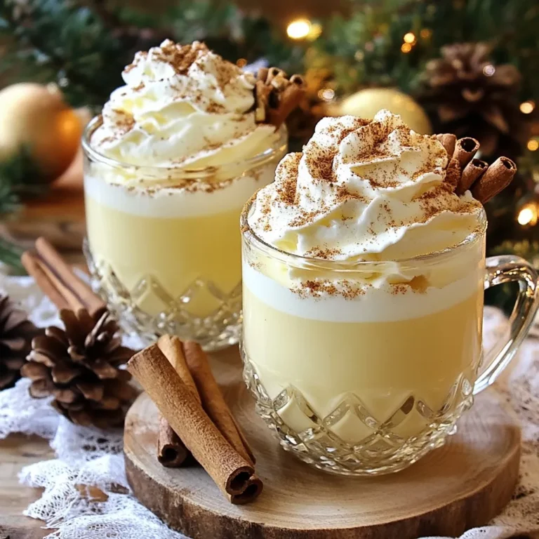 - 2 cups of eggnog (store-bought or homemade) - 1 cup of sparkling apple cider - 1/2 teaspoon of ground nutmeg - 1/4 teaspoon of ground cinnamon - Whipped cream (for garnish) - Cinnamon sticks (for garnish) - Grated nutmeg (for garnish) When creating this festive drink, I love the balance of flavors. Eggnog brings that creamy, sweet base. You can use store-bought eggnog or make it from scratch if you prefer. The sparkling apple cider adds a nice fizzy touch. Nutmeg and cinnamon are key spices in this drink. They both add warmth and depth. I use ground nutmeg and cinnamon because they blend well into the mix. Whipped cream is not just for looks; it adds a rich texture. A cinnamon stick makes a lovely garnish and gives a hint of spice with each sip. Finally, a sprinkle of grated nutmeg on top adds charm and a delightful aroma. This drink is perfect for gatherings. It combines classic holiday flavors with a fun twist. {{ingredient_image_2}} - Pour eggnog into a large pitcher. - Add sparkling apple cider and stir gently. - Incorporate ground nutmeg and ground cinnamon. - Taste and adjust seasonings if necessary. - Prepare serving glasses with whipped cream. - Pour eggnog mixture over whipped cream. - Garnish with grated nutmeg and cinnamon sticks. Start by pouring the eggnog into a large pitcher. This forms the base of your drink. Next, gently add the sparkling apple cider. Be careful while stirring; you want to keep the bubbles intact. This fizz adds a fun element to your drink. Next, you’ll add ground nutmeg and ground cinnamon. These spices bring warmth and depth to your eggnog. Stir them in well so they mix completely. Now, taste the mixture. If you want more spice, add a bit more nutmeg or cinnamon. Adjust it to fit your taste. Now it's time to prepare your glasses. Scoop a generous dollop of whipped cream into each glass. This will create a lovely surprise when you pour in the drink. Carefully pour the eggnog mixture over the whipped cream. Try to fill each glass about three-quarters full. This layering looks great and gives a flavor boost. To make it extra special, sprinkle each glass with grated nutmeg. This will enhance the aroma and make your drink look festive. Finally, add a cinnamon stick to each glass. It adds a nice touch and a hint of cinnamon flavor. Enjoy making this fun and festive holiday drink! - Best practices for maintaining fizz during mixing To keep your fizz, add the sparkling apple cider gently. Pour it slowly into the eggnog. Use a spoon to stir lightly. This will help keep those fun bubbles intact. - How to adjust spice levels to personal preference Start with the amounts given in the recipe. Taste your drink after mixing. If you want more spice, add a bit more nutmeg or cinnamon. Keep adjusting until it tastes just right for you. - Presentation tips for an elegant festive look Use clear glasses to show off your drink. Add whipped cream at the bottom for surprise. Top with grated nutmeg and a cinnamon stick. Serve on a festive tray with decorative straws. A small slice of apple or sprig of holly adds extra cheer! Pro Tips Chill Your Ingredients: Make sure to chill both the eggnog and sparkling apple cider before mixing. This ensures your Festive Eggnog Sparkler stays refreshing and cool for longer. Choose Quality Cider: Opt for a high-quality sparkling apple cider. This will enhance the flavor of your drink and make it even more enjoyable. Experiment with Garnishes: Feel free to get creative with your garnishes! Try using star anise, fresh mint, or even edible flowers for a unique twist on the presentation. Make It a Mocktail: For a non-alcoholic version, simply stick with the eggnog and sparkling cider. You can also add a splash of cranberry juice for a festive color and flavor. {{image_4}} You can switch things up in your Eggnog Champagne Fizz. Here are some fun ideas: - Sparkling Cider Substitute: Instead of sparkling apple cider, try champagne or prosecco. This change adds a touch of elegance and makes your drink more festive. The bubbles from champagne will elevate the fizz and flavor. - Flavored Eggnog: Experiment with different flavored eggnogs. You can find varieties like vanilla or pumpkin spice. Each option brings a unique twist to your drink. This is a great way to impress guests with new flavors. - Garnishing Options: You can get creative with garnishes. In addition to cinnamon sticks and grated nutmeg, consider adding a slice of orange or a few pomegranate seeds. These options boost the drink's presentation and add a pop of color. Feel free to mix and match these ideas. Each variation will make your Eggnog Champagne Fizz uniquely yours. Enjoy the process of creating something special for your holiday gatherings! If you have leftover Eggnog Champagne Fizz, store it in the fridge. Pour any extra drink into a sealed container. This helps keep the fizz fresh. You want to drink it within two days for the best taste. The eggnog and cider can lose their sparkle over time. For the eggnog, keep it in its original container. Make sure to seal it tight. It can last about a week in the fridge. If you make homemade eggnog, use it within three days. Spices like nutmeg and cinnamon don’t need special storage. Keep them in a cool, dry place. They stay good for months if sealed well. Whipped cream is best when fresh. If you have leftovers, store it in the fridge. Use it within two days for the best flavor. If it's been whipped, it won't last as long. Can I make Eggnog Champagne Fizz ahead of time? Yes, you can prepare the eggnog and cider mix ahead. Just mix the eggnog and sparkling cider, then chill it. However, wait to add whipped cream and spices until serving. This keeps the fizz fresh and fun. Is there a non-alcoholic version of this recipe? Absolutely! Use sparkling apple cider as your base. You can also replace eggnog with a creamy, non-alcoholic alternative. Look for non-dairy options or a custard-style drink perfect for everyone. What can I use as a substitute for eggnog? Try using sweetened condensed milk mixed with milk and spices. Another option is a vanilla-flavored drink or homemade custard. These substitutes will still give you that creamy texture. How can I enhance the flavor further? To boost the flavor, try adding a splash of vanilla extract. You can also mix in a bit of bourbon for a richer taste. Experiment with different spices, like cloves or allspice, to create your perfect drink. This blog post shows how to make a delicious Eggnog Champagne Fizz. You learned about the key ingredients, step-by-step directions, and how to make it even better. We shared tips for presenting your drink and ways to store leftovers. Plus, you discovered fun variations and answered common questions. Enjoy making this festive drink for your next gathering. It’s simple, tasty, and sure to impress your guests!
