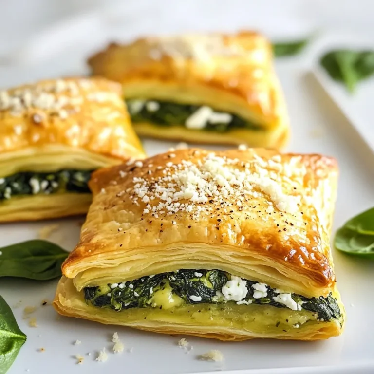 - 1 sheet of puff pastry, thawed - 2 cups fresh spinach, finely chopped - 1 cup creamy ricotta cheese - 1/2 cup crumbled feta cheese - 1/4 cup freshly grated Parmesan cheese - 2 cloves garlic, finely minced - 1 tablespoon extra-virgin olive oil - 1 egg, beaten (for egg wash) - Salt and freshly cracked black pepper to taste The key to a great spinach stuffed puff pastry lies in its ingredients. Puff pastry is light and flaky. It gives a nice crunch. The spinach and cheese mixture is where the magic happens. The creamy ricotta blends well with the saltiness of feta. Parmesan adds an extra layer of flavor. Garlic brings a lovely aroma and taste. Seasoning is crucial; salt and pepper enhance all the flavors. - A pinch of nutmeg While nutmeg is not a must, I highly recommend it. Just a pinch adds warmth and depth. You can also think about other flavors to try. Consider adding herbs like dill or basil. These can brighten your filling and make it special. {{ingredient_image_2}} To start, heat one tablespoon of extra-virgin olive oil in a medium skillet over medium heat. Once the oil is hot, add two cloves of finely minced garlic. Sauté the garlic for about one minute until it smells great and turns light golden. Next, stir in two cups of finely chopped fresh spinach. Cook this mixture for about two to three minutes until the spinach wilts. Now, season the spinach with a pinch of salt, some freshly cracked black pepper, and a pinch of nutmeg if you like. Nutmeg adds a warm flavor that fits well with the spinach. In a mixing bowl, combine your wilted spinach and garlic with one cup of creamy ricotta cheese, 1/2 cup of crumbled feta cheese, and 1/4 cup of freshly grated Parmesan cheese. Mix everything well until it becomes a creamy filling. Now it’s time to work with the puff pastry. On a lightly floured surface, roll out your thawed puff pastry sheet until it’s about 1/4 inch thick. Cut the pastry into squares or rectangles that are about 4x4 inches. Take a generous tablespoon of your spinach-cheese mixture and place it in the center of each pastry piece. Make sure not to overfill them, as this can cause spills. Next, gently fold the pastry over to form a triangle or rectangle. Seal the edges tightly by pressing down with your fingers or using a fork to make a decorative edge. Brush the tops of the pastries with the beaten egg for a lovely golden finish. Preheat your oven to 400°F (200°C). This ensures it’s hot and ready for the pastries. Arrange your stuffed pastries on a baking sheet lined with parchment paper. Bake them for 20-25 minutes or until they turn golden brown and puffed up nicely. For a perfect golden finish, watch them closely in the last few minutes of baking. This simple step can make a big difference in both look and taste. Once baked, remove the pastries from the oven. Let them cool slightly before serving to allow the flavors to enhance. Enjoy your delightful spinach stuffed puff pastries! Thaw your puff pastry in the fridge overnight. This keeps it cold and easy to handle. If you are in a rush, leave it out for about 30 minutes. Just don’t let it get too warm, or it will stick. When you roll out the pastry, use a light dusting of flour. This helps prevent sticking. Aim for a thickness of about 1/4 inch. A thinner pastry can become too crispy and dry. To ensure a crispy texture, always preheat your oven. Set it to 400°F (200°C) before baking. Place your pastries on a parchment-lined baking sheet. This prevents sticking and promotes even cooking. For serving, arrange the warm pastries on a rustic wooden board. This adds a homey touch. Garnish with fresh spinach leaves and a sprinkle of Parmesan cheese. This makes the dish pop visually. Pair your spinach stuffed puff pastries with dips for extra flavor. A small bowl of marinara sauce works great. You can also try a tangy yogurt dip or a zesty pesto. These options add fun and variety to your meal. Pro Tips Thawing Puff Pastry: To ensure your puff pastry bakes evenly, always thaw it in the refrigerator overnight instead of at room temperature. Seasoning the Filling: Taste your spinach and cheese mixture before filling the pastry to adjust seasoning. Fresh ingredients can vary in flavor. Egg Wash Technique: For a shiny, golden crust, apply the egg wash gently with a brush to avoid deflating the pastry. Storage Tips: Store any leftovers in an airtight container in the refrigerator. Reheat in the oven to retain crispiness. {{image_4}} You can change the cheese in this recipe. Try using mozzarella for a milder taste. Goat cheese adds a tangy flavor. Mix in some cheddar for a sharp kick. Each cheese brings a new twist. Adding more veggies can make this dish even better. Try mushrooms for a rich flavor. Bell peppers add sweetness and crunch. You can also include cooked chicken or sausage for protein. If you need gluten-free puff pastry, check your local store. Many brands offer gluten-free options. These still puff up nicely and taste great. For vegan adaptations, replace the cheeses with plant-based options. Use tofu or cashew cheese for the filling. Instead of the egg wash, brush with almond milk for a nice shine. To keep your spinach stuffed puff pastry fresh, use an airtight container. This helps prevent moisture from ruining the crispness. You can also wrap each pastry in plastic wrap for extra protection. Store them in the fridge for 2-3 days. If you want to keep them longer, consider freezing. They can last up to 2 months in the freezer. Reheating your pastries without losing crispiness is key. For best results, use an oven. Preheat it to 350°F (175°C). Place the pastries on a baking sheet and heat for about 10-15 minutes. This will help restore their flaky texture. If you're in a hurry, you can use a microwave. Just remember to use a paper towel to cover them. This helps prevent them from getting soggy. Enjoy your tasty leftovers as if they were fresh! How do I know when the puff pastry is done? You can tell the puff pastry is done when it turns golden brown and puffs up nicely. This usually takes about 20-25 minutes in a preheated oven at 400°F. You want it to look crisp and feel light when you touch it. If you see a nice golden color, it's ready to enjoy! Can I freeze spinach stuffed puff pastry? Yes, you can freeze these pastries. It’s best to freeze them before baking. Simply assemble them, then place them on a baking sheet. Freeze them until firm, then transfer them to a freezer bag. They can last up to three months. When you're ready, bake them straight from the freezer, adding a couple of extra minutes to the baking time. What to do if the pastry doesn't puff up? If the pastry doesn’t puff up, check if it was thawed properly. Puff pastry needs to be fully thawed and cold before baking. Also, make sure your oven is hot enough. Preheating is key! Avoid opening the oven door during baking, as this can let heat escape. Suggestions for preventing leaks from the filling To prevent leaks, be careful not to overfill your pastries. Seal the edges tightly by pressing them well or using a fork. You can also brush the edges with a little egg wash to help them stick better. If you see any cracks, you can patch them with a bit of leftover pastry. You learned how to make delicious spinach stuffed puff pastries. We covered the main ingredients, filling preparation, and step-by-step baking instructions. I shared tips for the perfect texture and ways to customize your recipe. Finally, I explained how to store and reheat leftovers for the best taste. Enjoy making these easy pastries for any occasion. Your friends and family will love them!