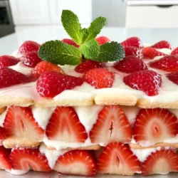 - 2 cups fresh strawberries, hulled and sliced - 1 tablespoon granulated sugar - 1 cup heavy whipping cream - 1 cup mascarpone cheese - 1 teaspoon pure vanilla extract - 16-18 store-bought ladyfinger cookies - Fresh mint leaves, for garnish You will need simple, fresh ingredients for this Strawberry Shortcake Icebox Cake. The star of this dish is fresh strawberries. Look for ripe ones that are bright red. They should be sweet and juicy. You will also need a bit of granulated sugar. This sugar helps to macerate the strawberries, making them even sweeter. Next, you&rsquo;ll need heavy whipping cream. This is key for a light and fluffy texture. Mascarpone cheese adds a rich creaminess that pairs well with the strawberries. The pure vanilla extract brings a lovely flavor to the cream. Ladyfinger cookies serve as the base of the cake. They soak up the juices and become soft. This gives the cake its unique texture. Lastly, fresh mint leaves will add a nice touch for garnish. They make the cake look pretty and add a hint of freshness. Gather these ingredients and get ready to create a delightful dessert that everyone will love! {{ingredient_image_2}} To start, grab a medium bowl. Place your 2 cups of fresh strawberries in it. Now, sprinkle 1 tablespoon of granulated sugar over the strawberries. Gently stir them. You want each strawberry to be coated with sugar. Let them sit for about 15 minutes. This step is key. The sugar helps the strawberries release their juices, making them sweeter and more flavorful. While the strawberries are sweetening up, it&rsquo;s time to whip the cream. In another bowl, pour in 1 cup of heavy whipping cream. Use a hand mixer or a whisk to whip the cream. Whip until you see soft peaks form. This means the cream holds its shape but isn&rsquo;t too stiff. Next, add 1 cup of mascarpone cheese and 1 teaspoon of pure vanilla extract. Gently fold these in with a spatula. Be careful not to deflate the cream. You want a smooth and airy mixture. Now, you&rsquo;re ready to assemble the cake. Take a 9x9 inch baking dish. Start by arranging 16-18 ladyfinger cookies at the bottom. Lay them side by side to cover the base completely. Spread half of the mascarpone mixture evenly over the ladyfingers. Make sure it covers every cookie. Next, layer half of the macerated strawberries on top. Distribute them evenly so you get bites of strawberry in every piece. Repeat this layer process. Add the rest of the ladyfingers, then the remaining mascarpone mixture. Finally, top it off with the last of the macerated strawberries. Ensure each layer is even. This helps with the cake's look. Cover the dish tightly with plastic wrap and refrigerate it for at least 4 hours. If you can, let it chill overnight. This time is important for melding flavors and softening the ladyfingers into a cake. Before serving, add fresh mint leaves for garnish. They add color and a fresh touch to your delightful icebox cake. - Ensuring even layers for presentation: To create a stunning icebox cake, focus on even layers. Start with ladyfingers, placing them side by side. Spread the mascarpone mix smoothly, ensuring it covers each cookie. When adding strawberries, distribute them evenly for a beautiful look. - Best practices for whipping cream: Whip your cream until soft peaks form. This means it holds shape but is still soft. Overwhipping makes it grainy. Keep your bowl and beaters cold for the best results. - Overwhipping the cream: If you whip the cream too much, it becomes grainy and loses its fluffiness. Stop as soon as you see soft peaks. This keeps your cake light and airy. - Not chilling long enough: Chill the cake for at least four hours. Overnight is best! This time allows the flavors to blend and the ladyfingers to soften. Rushing this step can lead to a dry cake. - Drizzling strawberry juices for enhanced flavor: When serving, drizzle the strawberry juices over each slice. This adds extra sweetness and a fresh burst of flavor. - Garnishing options for an elegant look: Top your cake with fresh mint leaves. They add a pop of color and a refreshing scent. You might also sprinkle some extra strawberries for a fun touch. Pro Tips Use Ripe Strawberries: Choose ripe strawberries for the best flavor and sweetness. Overripe strawberries can become mushy and affect the texture of your icebox cake. Chill Overnight: Allowing the cake to chill overnight enhances the flavor and texture, giving the ladyfingers time to absorb the strawberry juices. Whip Cream to Soft Peaks: Be careful not to overwhip the cream. Stop when soft peaks form for a light and airy texture that complements the cake. Layering Technique: Spread each layer evenly and gently to ensure a beautiful presentation when slicing. A spatula helps in achieving smooth layers. {{image_4}} You can change the fruit in this cake to fit your taste. While strawberries are classic, other berries work well too. Try blueberries, raspberries, or blackberries for a colorful twist. You can even mix fruits for a fun flavor combo. Seasonal fruits like peaches or cherries can also shine in this recipe. Just slice them up and replace the strawberries. These changes keep your cake fresh and exciting. Adding different flavors can make your icebox cake special. A touch of chocolate can give it a rich taste. You can melt some chocolate and mix it into the mascarpone. Or, add some lemon zest for a bright, tangy kick. Different extracts like almond or coconut can also change the cake's profile. Just swap in a teaspoon when mixing the mascarpone. You can make this cake fit various dietary needs. For a gluten-free option, use gluten-free ladyfinger cookies. If you want a vegan dessert, swap the heavy cream with coconut cream. Use vegan mascarpone or a blend of silken tofu and coconut yogurt for a creamy texture. Adjusting the recipe makes it more inclusive and enjoyable for everyone, no matter their diet. To keep your Strawberry Shortcake Icebox Cake fresh, place it in the fridge. Use plastic wrap to cover it tightly. This helps prevent it from drying out. The cake stays fresh for up to three days. After that, the ladyfingers may become too soft, losing their delightful texture. Yes, you can freeze the cake! It&rsquo;s best to freeze it before adding the garnish. Wrap it well in plastic wrap and then in foil. This helps protect it from freezer burn. It will keep for about a month in the freezer. When you are ready to serve, let it thaw in the fridge overnight. This keeps the cake&rsquo;s texture nice and creamy. After thawing, add the fresh mint leaves for a pop of color and flavor before serving. Enjoy every bite! Serve this cake chilled for the best taste. Cut it into squares for neat slices. Place each piece on a plate. Drizzle the strawberry juices on top for added flavor. Garnish with fresh mint leaves for a colorful touch. This makes for a lovely presentation. Yes, you can prepare this cake the day before. Make sure to cover it well with plastic wrap after assembling. Let it chill in the fridge for at least 4 hours, though overnight is best. This gives the flavors time to blend together, making it taste even better. You can use frozen strawberries, but fresh ones are best. If using frozen, thaw them first and drain excess liquid. This prevents the cake from getting too soggy. Both types of berries bring sweetness, but fresh strawberries have a brighter flavor. This blog covered how to make a delicious Strawberry Shortcake Icebox Cake. We explored the essential ingredients and went through each preparation step. I shared tips to avoid common mistakes and offered variations for personal touches. Lastly, I explained storage methods to keep your cake fresh. With these insights, you can create a delightful dessert that friends and family will love. Enjoy your baking journey!