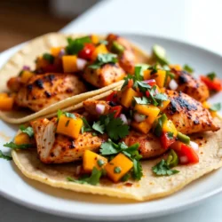 - 2 chicken breasts, diced into bite-sized pieces - 1 tablespoon olive oil - 1 teaspoon ground cumin - 1 teaspoon chili powder - Salt and freshly ground black pepper, to taste - 8 small corn tortillas - 1 ripe mango, finely diced - 1/2 red onion, finely chopped - 1 red bell pepper, diced into small pieces - 1 jalape&ntilde;o pepper, seeded and minced - Juice of 1 fresh lime - 1/4 cup fresh cilantro, chopped To make tasty mango salsa chicken tacos, you need various fresh ingredients. The chicken breasts are the star of this dish. Dice them into small pieces for even cooking. Use olive oil to marinate the chicken. It helps the spices stick and adds flavor. Spices are key to making the chicken pop. You need ground cumin and chili powder. These spices give your chicken a warm and smoky taste. Don't forget salt and pepper to enhance all the flavors. Now, let&rsquo;s talk about the salsa. The mango is sweet and juicy. It pairs well with the spicy chicken. Chop the mango nicely. The red onion adds a nice crunch and a bit of sharpness. The red bell pepper adds sweetness and color. A jalape&ntilde;o gives it a kick. Don&rsquo;t skip the lime juice; it brightens the salsa. Lastly, fresh cilantro brings everything together. - Slices of creamy avocado - Crumbled feta cheese - Lime wedges for garnish For extra fun, consider adding toppings. Slices of creamy avocado add richness. Crumbled feta cheese gives a tangy flavor. Lime wedges are perfect for a zesty finish. You can squeeze lime juice on top just before you eat. This makes each bite even better. {{ingredient_image_2}} To start, you&rsquo;ll want to mix the chicken and marinade. In a medium bowl, add the diced chicken with olive oil, ground cumin, chili powder, salt, and pepper. Stir well until the chicken is evenly coated with the marinade. This step is key for great flavor. For the best results, let the chicken marinate for at least 15 minutes. This time helps the chicken soak up those spices. While the chicken marinates, it's time to prepare the mango salsa. In a separate bowl, combine the finely diced mango, chopped red onion, diced red bell pepper, minced jalape&ntilde;o, lime juice, and chopped cilantro. Gently toss everything until well mixed. For the best flavor, let the salsa sit a bit. This waiting time lets the ingredients blend together nicely. Next, cook the chicken. Heat a non-stick skillet over medium heat. Once hot, add the marinated chicken. Cook for about 7 to 10 minutes. Stir occasionally to cook it evenly. You want the chicken to turn a slight golden color. Make sure there&rsquo;s no pink in the center before taking it off the heat. Now, let&rsquo;s warm the tortillas. This is an important step. Warm tortillas hold the fillings better and taste great. In a dry skillet, place the corn tortillas. Warm them over medium heat for about 30 seconds on each side. This makes them soft and pliable, perfect for your tacos. Lastly, it&rsquo;s time to assemble your tacos. Take a warm tortilla and add a generous portion of the cooked chicken. Then, add a hearty spoonful of the prepared mango salsa. The colors should pop and look inviting. For a nice touch, arrange the tacos on a large platter. You can add lime wedges and optional toppings in small bowls around them for a colorful display. To make your mango salsa chicken tacos even better, consider these tips: - Additional spices and herbs: Add smoked paprika or oregano for extra depth. A pinch of garlic powder can also boost the flavor profile. Experiment with fresh herbs like mint or basil to add a twist. - How to adjust heat level: If you like spice, keep the seeds in the jalape&ntilde;o. For less heat, remove the seeds and ribs. You can also use a milder pepper, like a poblano, for a gentle kick. To enjoy your tacos later, follow these storage tips: - Storing leftovers: Place any leftover chicken and salsa in separate airtight containers. This keeps the flavors fresh. Store in the fridge for up to three days. - Reheating suggestions: Reheat chicken in a skillet over medium heat until hot. For salsa, serve cold. If you want to enjoy warm tortillas, heat them briefly in a dry skillet again. Pro Tips Marinate Longer for Depth of Flavor: For even more flavor, consider marinating the chicken for 30 minutes to 2 hours. This allows the spices to penetrate deeper into the meat, enhancing the overall taste. Choose Ripe Mango: A ripe mango is key for the best salsa. Look for mangoes that are slightly soft to the touch and have a sweet aroma. This will ensure a juicy and flavorful addition to your tacos. Customize Your Heat Level: If you prefer a milder salsa, reduce or omit the jalape&ntilde;o. For extra heat, leave the seeds in or add a pinch of cayenne pepper to the chicken marinade. Keep Tortillas Warm: To keep the tortillas warm while assembling your tacos, wrap them in a clean kitchen towel or place them in a tortilla warmer. This will prevent them from becoming dry and brittle. {{image_4}} You can change the chicken for shrimp or tofu. Shrimp cooks quickly and adds a sweet flavor. Just toss it in the same marinade. Cook it for about 3-5 minutes until it turns pink. Tofu is a great choice for a vegetarian meal. Press the tofu to remove excess water. Cut it into cubes and marinate just like the chicken. Cook until golden brown for a tasty bite. You can mix up the salsa with other fruits. Pineapple or peaches work well, too. Both add a nice sweetness and brightness. You can also use seasonal fruits. In summer, try berries. In fall, diced apples can add a crunchy twist. Be creative with your salsa, and enjoy the fresh flavors! Pair your mango salsa chicken tacos with fresh sides for a great meal. Here are some tasty ideas: - Crisp garden salad: Use mixed greens, tomatoes, and avocado. A light vinaigrette adds flavor. - Black bean salad: Combine black beans, corn, diced bell peppers, and lime juice. This dish adds protein and color. - Grilled corn on the cob: Sweet corn complements the tacos. Brush with lime and sprinkle with chili powder for extra zest. - Cilantro lime rice: Cook rice with lime juice and chopped cilantro. This adds a fresh taste and fills you up. For drinks, consider these fresh beverages: - Mango lemonade: Blend fresh mango with lemonade for a sweet and tangy drink. - Iced tea: Brew some tea and serve it cold with lime slices. It&rsquo;s refreshing and balances the flavors of the tacos. Make your tacos shine with simple plating tips. Here&rsquo;s how to present them nicely: - Use a large platter: Arrange the tacos side by side for a colorful display. It makes serving easy and looks great. - Add small bowls: Place lime wedges, avocado slices, and feta cheese in small bowls around the tacos. This gives fun options for toppings. - Garnish with cilantro: Sprinkle fresh cilantro over the tacos. It adds color and a burst of fresh flavor. - Serve with napkins: Tacos can be messy. Have napkins handy for guests to enjoy their meal without worries. These simple touches make your meal both appetizing and fun. Enjoy every bite! You can marinate the chicken for at least 15 minutes. This time lets the flavors seep in well. For deeper flavor, you can marinate it for up to 2 hours. Just remember to keep it in the fridge while it marinates. Yes, you can make this recipe ahead of time. You can marinate the chicken and prepare the salsa a day before. Store the marinated chicken and salsa in separate containers in the fridge. Just cook the chicken and warm the tortillas when you are ready to eat. If you don&rsquo;t have corn tortillas, you can use flour tortillas instead. They are soft and work well for tacos. You can also try lettuce wraps for a low-carb option. Other options include pita bread or even flatbreads. Mango salsa chicken tacos are fun and easy to make. You learned about the main ingredients, like chicken and fresh produce. Marinating the chicken adds great flavor, while mango salsa brightens each bite. Warming the tortillas ensures everything stays soft and tasty. Consider trying different proteins or fruits for new flavors. Remember, pairing sides and drinks can elevate your meal. Enjoy your cooking adventure, and don&rsquo;t hesitate to share it with friends!