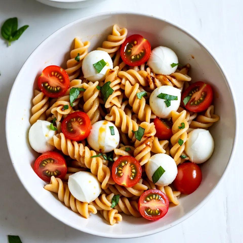 - 8 oz rotini pasta - 1 cup cherry tomatoes, halved - 1 cup fresh mozzarella balls, halved - 1/2 cup fresh basil leaves, torn into bite-sized pieces - 3 tablespoons extra-virgin olive oil - 2 tablespoons balsamic glaze - 1 clove garlic, finely minced - Sea salt and black pepper to taste To make this pasta salad, start with rotini pasta. This shape holds the dressing well. Next, you need ripe cherry tomatoes for sweetness. Fresh mozzarella balls add creaminess. Basil leaves give a fresh aroma. Olive oil makes the salad rich, while balsamic glaze adds tang. Garlic brings an extra kick, and salt and pepper enhance all the flavors. - Alternative pasta types - Variations in cheese options - Fresh herb alternatives You can use other pasta types like penne or fusilli. For cheese, try feta or goat cheese instead of mozzarella. If you want different herbs, consider parsley or arugula. These swaps keep the salad exciting and help you use what you have on hand. {{ingredient_image_2}} 1. Boiling water and salting: Fill a large pot with water. Add a generous pinch of sea salt. 2. Cooking rotini until al dente: Bring the water to a rolling boil. Add the rotini pasta and cook for 8 to 10 minutes. Check it often for doneness. 3. Rinsing and cooling the pasta: Once cooked, drain the pasta. Rinse it under cold water. This stops the cooking and cools the pasta quickly. 1. Mixing oil, glaze, garlic, and seasonings: In a small bowl, combine extra-virgin olive oil, balsamic glaze, minced garlic, salt, and black pepper. 2. Achieving a smooth dressing: Whisk the mixture until it is smooth and well blended. 1. Folding in tomatoes, mozzarella, and basil: In a large bowl, add the cooled rotini, halved cherry tomatoes, halved mozzarella balls, and torn basil leaves. 2. Drizzling and tossing with dressing: Pour the dressing over the salad. Use a large spoon to toss all the ingredients gently until they are well coated. 3. Adjusting seasoning to taste: Taste your pasta salad. Add more salt, pepper, or olive oil if needed. 1. Recommended chilling time: Cover the salad and place it in the fridge for at least 30 minutes. 2. Benefits of chilling before serving: Chilling allows the flavors to blend. This makes each bite even tastier. When serving your Caprese pasta salad, the right bowl makes a big difference. Choose a bright, large bowl to showcase the colorful ingredients. A white bowl also works well, as it lets the colors pop. For garnishing, fresh basil leaves add a vibrant touch. You can also drizzle extra balsamic glaze over the top for a beautiful finish. This adds gloss and flavor, making it even more appealing. To make your dish even tastier, think about adding spices. A sprinkle of red pepper flakes can bring heat. Freshly cracked black pepper adds a nice kick too. For a deeper flavor, try marinating your tomatoes. Let them soak in olive oil and balsamic for 15 minutes before mixing them in. This will enhance their sweetness and add layers of flavor. If you plan a gathering, you can prepare the salad in advance. This dish tastes great when chilled, so make it a few hours before you serve it. Just keep it in the fridge. The flavors will blend and improve as it sits. When storing, use an airtight container to keep it fresh. This way, your Caprese pasta salad stays delicious until you’re ready to enjoy it. Pro Tips Use Fresh Ingredients: The quality of your ingredients can make a significant difference in flavor. Opt for the freshest cherry tomatoes and basil for the best taste. Cook Pasta Perfectly: Be sure to salt your pasta water generously and cook the pasta just until al dente to maintain the right texture. Customize Your Dressing: Feel free to experiment with different types of vinegar or herbs in your dressing to give the salad a unique twist. Serve Chilled: Allowing the salad to chill for at least 30 minutes enhances the flavors, making it more delicious when served. {{image_4}} To give your Caprese pasta salad a Mediterranean twist, try adding olives and bell peppers. Black or green olives add a briny flavor. Chopped bell peppers bring in a sweet crunch. These ingredients pair well with the fresh taste of tomatoes and mozzarella. You can also incorporate feta cheese for a tangy kick. Feta crumbles add creaminess and depth. This twist makes the salad more colorful and exciting. Want more protein? You can add grilled chicken or shrimp. Grilled chicken gives a smoky flavor. Shrimp adds a touch of luxury. Both options make the salad hearty and filling. For a vegetarian take, consider adding chickpeas. Chickpeas add a nutty taste and boost protein levels. They blend well with the other ingredients and keep the salad light. Using seasonal vegetables can elevate your pasta salad. In spring, try adding asparagus or peas. In summer, fresh zucchini or corn work great. For fall, roasted butternut squash adds sweetness. Each season brings new flavors to explore. You can also adjust dressings based on what’s in season. For example, use a lemon dressing in summer for a bright taste. In winter, a heartier vinaigrette fits well. These changes keep your salad fresh and fun all year! To keep your Caprese pasta salad fresh, use airtight containers. Glass or plastic containers work well. Make sure the lid fits snugly to keep air out. This will help your salad last longer. Store the salad in the fridge. It will stay good for about three days. If you see any changes in color or smell, it’s time to toss it out. You can serve this pasta salad cold straight from the fridge. It tastes great that way! If you prefer it warm, gently reheat it in a pan on low heat. Add a splash of olive oil to keep it moist. When serving, consider adding fresh basil on top. This gives a nice touch. Drizzle a bit more balsamic glaze for extra flavor. Enjoy your fresh, delicious Caprese pasta salad! Caprese salad is a classic Italian dish. It uses fresh tomatoes, mozzarella cheese, basil, olive oil, and balsamic vinegar. This dish celebrates simple, fresh flavors. The name "Caprese" comes from the island of Capri in Italy. In a traditional Caprese salad, you slice fresh tomatoes and mozzarella. You then layer them with basil leaves. It’s usually served with a drizzle of olive oil and balsamic vinegar. The Caprese pasta salad adds rotini pasta to this mix. This twist makes it heartier and perfect for a meal. Yes, you can make this salad gluten-free. Look for gluten-free pasta made from rice or corn. Many grocery stores offer these options now. When you pick gluten-free pasta, check the ingredients to be safe. You can keep the other ingredients the same. Cherry tomatoes, mozzarella, and basil all fit in a gluten-free diet. Just ensure your dressing is also gluten-free. Most balsamic glazes are safe, but always read labels. You can store Caprese pasta salad in the fridge for about 3 days. Keep it in an airtight container to maintain freshness. Watch for signs of spoilage. If you notice a sour smell or slimy texture, it’s best to toss it. Fresh ingredients can lose their taste after a few days. Enjoy your salad soon for the best flavor! This blog post covered how to make a tasty Caprese pasta salad. You learned about the key ingredients, from rotini pasta to fresh basil. We explored easy steps for cooking and preparing the dressing. You discovered tips for presentation and flavor. In the end, this salad is perfect for gatherings or a quick meal. Try out the variations to keep it exciting. Enjoy your fresh, delicious salad, and share it with your friends!
