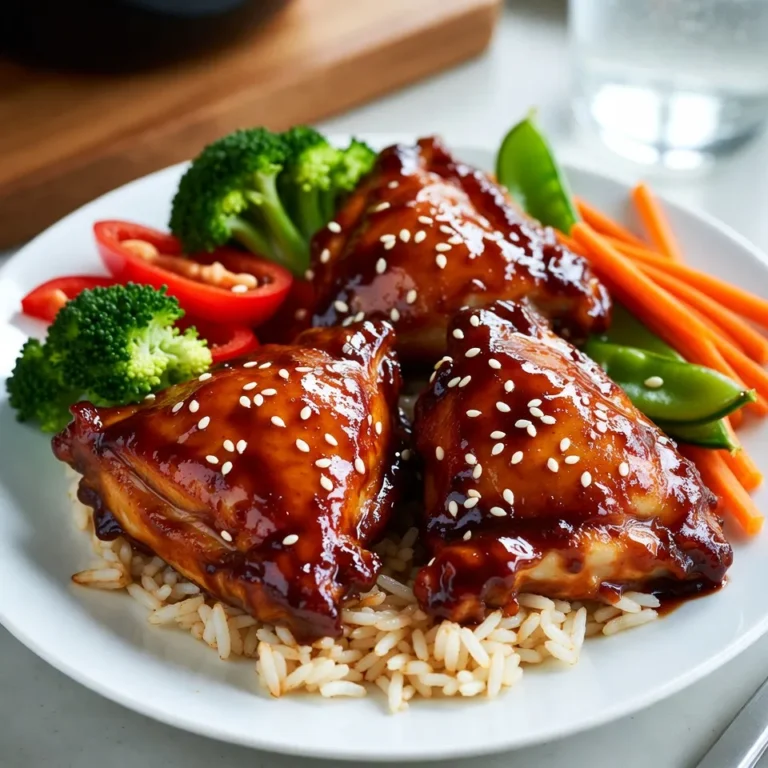 - 4 boneless, skinless chicken thighs - 2 cups broccoli florets - 1 red bell pepper, sliced into thin strips - 1 medium carrot, julienned - 1 cup snap peas, trimmed For this dish, I use boneless, skinless chicken thighs. They stay juicy and tender. Next, I add colorful veggies to brighten the meal. Broccoli florets give a nice crunch. Red bell pepper adds sweetness. Julienned carrots offer a pretty pop of color. Snap peas bring a fresh taste. Together, they make a great mix. - ¼ cup teriyaki sauce (use store-bought or homemade for a personal touch) - 2 tablespoons sesame oil - 2 cloves garlic, finely minced - 1 teaspoon freshly grated ginger You can use store-bought teriyaki sauce for ease. Or, you can make your own for a special touch. I love to enhance the sauce with sesame oil, garlic, and ginger. These ingredients create a rich and bold flavor. The garlic adds warmth, and ginger brings a fresh zing. This sauce is key to the dish's success. - 1 tablespoon sesame seeds (for garnish) - Cooked rice or quinoa (for serving) After cooking, I like to sprinkle sesame seeds on top. They add a nutty crunch. For a filling meal, serve the chicken and veggies over cooked rice or quinoa. Both options soak up the sauce well. This makes the dish even more satisfying. {{ingredient_image_2}} 1. First, preheat your oven to 425°F (220°C). This step is key for roasting. 2. In a big bowl, mix the chicken thighs with teriyaki sauce, sesame oil, garlic, ginger, salt, and pepper. 3. Make sure each thigh is well coated. 4. Let the chicken marinate for 15-20 minutes. This helps the flavors soak in. 1. Take a large, rimmed baking sheet. Place the marinated chicken thighs in the center. 2. Spread broccoli florets, red bell pepper strips, julienned carrot, and snap peas around the chicken. 3. Drizzle leftover teriyaki sauce over the veggies. 4. Season everything with a pinch of salt and black pepper. 5. Place the baking sheet in the oven. Roast for 20-25 minutes. The chicken should reach 165°F (75°C) inside, while the veggies stay bright and tender. 1. Once roasted, remove the pan from the oven. Let it rest for a few minutes. 2. This resting time helps the juices settle. 3. Sprinkle sesame seeds over the chicken and veggies for a nice crunch. 4. Serve the teriyaki chicken and veggies over rice or quinoa for a filling meal. Marinating your chicken is key. It allows the flavors to soak in well. I suggest letting it rest for 15-20 minutes. This time boosts the taste. Always balance seasoning. Use salt and pepper to enhance the dish. A pinch of each goes a long way. To ensure your chicken is juicy, check the internal temperature. It should reach 165°F (75°C). Use a meat thermometer for accuracy. When cooking, avoid overcooking. This can dry out the meat. For the veggies, keep them tender-crisp. This adds a nice texture to your meal. For a beautiful presentation, serve on a large platter. Arrange the chicken on top of the veggies. This makes the colors pop. Add a sprinkle of sesame seeds for that extra touch. It not only looks great but adds crunch too. Serve with rice or quinoa for a complete meal. Pro Tips Marinate for Maximum Flavor: Allow the chicken to marinate for at least 20 minutes, or up to overnight in the refrigerator, to develop deeper flavors. Veggie Variations: Feel free to mix in other vegetables such as bell peppers, zucchini, or asparagus for added color and nutrition. Check Chicken Doneness: Use a meat thermometer to ensure your chicken reaches an internal temperature of 165°F (75°C) for safe eating. Serve it Right: For a restaurant-style presentation, serve on a large platter, arranging chicken and veggies neatly, and garnish with fresh herbs. {{image_4}} You can switch up the veggies in this dish. Try using: - Cauliflower florets - Zucchini slices - Asparagus spears - Bell peppers in different colors For seasonal options, consider: - Green beans in the spring - Sweet potatoes in the fall - Brussels sprouts in the winter These swaps keep your meal fresh and exciting. If you want a change from chicken, consider these options: - Tofu for a vegetarian choice - Shrimp for a quick-cooking protein - Pork for a richer flavor When using tofu, press it before marinating. For shrimp, reduce cook time to 10-15 minutes. If using pork, opt for tender cuts and check for doneness early. You have many ways to spice up your teriyaki sauce: - Experiment with different brands or styles. - Try adding honey for extra sweetness. - Mix in a splash of orange juice for a citrus twist. For heat, consider: - A spoonful of chili paste - A drizzle of sriracha These additions can elevate your dish and suit your taste. To keep your teriyaki chicken and veggies fresh, store leftovers in an airtight container. Place the dish in the fridge right after it cools down. This keeps the flavors and texture intact. You can safely store leftovers for up to three days. After that, the taste and quality may decline. When it’s time to enjoy your leftovers, use either the oven or the microwave. For the oven, preheat it to 350°F (175°C). Place the chicken and veggies on a baking sheet, cover with foil, and heat for about 15 minutes. This method keeps the chicken juicy and the veggies crisp. If using the microwave, place food in a safe dish and cover it. Heat in short bursts of 30 seconds, stirring in between. This helps maintain flavor without overcooking. To freeze your teriyaki chicken, let it cool completely first. Then, transfer it to a freezer-safe container. It can last up to three months in the freezer. When you're ready to eat, thaw it in the fridge overnight. For cooking from frozen, preheat your oven to 375°F (190°C). Bake for 30 to 35 minutes, checking to ensure it reaches a safe temperature of 165°F (75°C). Adjust the cooking time if needed to make sure everything is hot and tasty. You should marinate the chicken for 15 to 20 minutes. This time allows the teriyaki sauce and spices to soak into the chicken. If you have time, you can marinate it longer, even overnight. Just keep it in the fridge. Longer marination gives a richer flavor. Yes, you can use frozen vegetables. They are convenient and save time. Just remember to thaw them first. This helps them cook evenly. Fresh veggies give a better crunch and taste, but frozen ones work well too. Both choices fit nicely with teriyaki chicken. Serve teriyaki chicken with rice or quinoa for a filling meal. Steamed white or brown rice works best. You can also add a simple salad or some stir-fried greens. These sides enhance the dish’s flavors and add more colors to your plate. Enjoy! This blog shared how to make teriyaki chicken with rich flavors and colorful veggies. We covered key ingredients, including chicken thighs and fresh vegetables, and discussed making your own sauce. I outlined step-by-step cooking instructions, tips for great taste, and variations to suit your needs. Remember, marinating is vital for flavor, and presentation matters too. Feel free to experiment with different proteins and veggies. Enjoy your dish hot off the pan or as tasty leftovers. Your teriyaki chicken journey starts now!