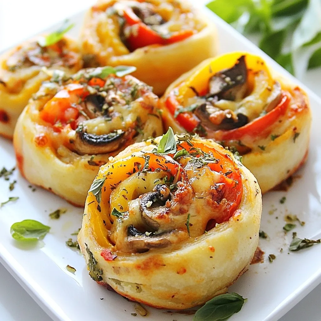 - 1 package of vegan pizza dough - 1 cup marinara sauce - 1 cup shredded vegan mozzarella cheese - 1/2 cup bell peppers, diced - 1/2 cup mushrooms, diced - 1/4 cup black olives, sliced - 1 teaspoon dried oregano - 1 teaspoon garlic powder - Salt and pepper to taste - 1 tablespoon olive oil (for brushing) - Fresh basil leaves for garnish - Nutritional yeast for a cheesy flavor - Spinach for added greens - Red pepper flakes for heat - Zucchini for extra veggies - Baking sheet lined with parchment paper - Rolling pin for dough - Sharp knife for slicing - Spatula for spreading sauce - Small bowl for olive oil brushing {{ingredient_image_2}} First, you need to preheat your oven to 425°F (220°C). This step is key for a nice, crisp crust. Next, take your vegan pizza dough. On a clean surface, sprinkle some flour. Roll the dough into a rectangle that is about 1/4 inch thick. This thickness is important. It gives you a chewy yet crispy roll. Now it’s time to add the fun part, the filling! Spread a good layer of marinara sauce all over the dough. Make sure to leave about an inch around the edges. Then, sprinkle the vegan mozzarella cheese over the sauce. This will create a cheesy goodness in every bite. Next, add your diced bell peppers, mushrooms, and sliced black olives. Spread these out evenly so every roll has great flavor. Season everything with dried oregano, garlic powder, and a pinch of salt and pepper. It's time to roll! Starting from the long side, carefully roll the dough into a tight log. Press gently to keep the fillings inside. After rolling, use a sharp knife to cut the log into 1-inch thick pieces. Place these slices cut-side up on a baking sheet lined with parchment paper. This paper helps prevent sticking. To finish, lightly brush the tops of the pizza rolls with olive oil. This step helps them turn golden brown while baking. Now, place the baking sheet in the oven. Bake for 15-20 minutes. You want the rolls to be puffed up and golden brown. When they look good, take them out and let them cool for a few minutes. This wait lets the flavors set nicely. Finally, add some fresh basil leaves on top for a lovely touch. Enjoy your savory vegan pizza rolls! When making savory vegan pizza rolls, avoid overfilling them. Too many toppings can cause spills. Ensure to leave space around the edges of the dough. This helps keep the filling inside. Also, remember not to skip brushing with olive oil. This step gives your rolls a nice, golden finish. To boost flavor, try adding fresh herbs like basil or oregano. These herbs bring freshness to each bite. You can also mix in nutritional yeast for a cheesy taste. For a kick, add red pepper flakes or jalapeños. These small changes can elevate your pizza rolls. If you need gluten-free options, use gluten-free pizza dough. For a nut-free version, choose a vegan cheese made from soy. If you dislike olives, replace them with artichokes or sun-dried tomatoes. These swaps keep the recipe tasty and enjoyable for everyone. Pro Tips Use Fresh Ingredients: For the best flavor, use fresh vegetables and high-quality vegan cheese. Fresh ingredients enhance the overall taste and texture of your pizza rolls. Experiment with Fillings: Feel free to get creative with your fillings! Try adding spinach, artichokes, or even vegan pepperoni for a unique twist on the classic pizza roll. Keep Rolls Even: When rolling the dough, make sure to keep the thickness consistent throughout to ensure even baking and a uniform texture in each roll. Serve with Dipping Sauce: Pair your pizza rolls with a variety of dipping sauces like marinara, garlic aioli, or even a spicy sriracha mayo for an extra flavor boost. {{image_4}} You can change the filling to suit your taste. Try adding cooked spinach for a pop of color. Artichoke hearts add a nice twist too. You can also use roasted red peppers for a smoky flavor. For a spicy kick, add jalapeños or crushed red pepper flakes. Don't forget about protein! Chickpeas or lentils can make your rolls more filling and hearty. If you want to switch up the dough, use puff pastry or phyllo dough. These options will give you a flaky texture. You can also try whole wheat dough for a healthier choice. Gluten-free dough is great for those with dietary needs. Just make sure to check the package instructions for baking times. Use seasonal veggies for fresh flavors. In spring, add asparagus or peas for a bright touch. Summer is perfect for zucchini and cherry tomatoes. Fall brings butternut squash or sweet potatoes. In winter, root veggies like carrots and parsnips work well. You can even add fresh herbs like rosemary or thyme for extra flavor. These changes keep your pizza rolls exciting all year round! To store leftover pizza rolls, let them cool to room temperature. Place them in an airtight container. This helps keep them fresh. You can store them in the fridge for up to three days. If you want to keep them longer, freezing is a great option. To reheat pizza rolls, preheat your oven to 350°F (175°C). Place the rolls on a baking sheet. Heat them for about 10-15 minutes. This makes them crispy again. You can also use a microwave. If you use the microwave, heat in short bursts of 30 seconds. This way, you avoid sogginess. To freeze pizza rolls, wrap each roll in plastic wrap. Then, place them in a freezer-safe bag. Remove as much air as possible. This helps prevent freezer burn. You can freeze them for up to three months. When ready to eat, bake them directly from frozen. Just add a few extra minutes to the baking time. Yes, you can make your own dough. Start with flour, water, yeast, and salt. Knead it well until it is smooth. Let it rise for about an hour. This gives you fresh dough, but store-bought is quick and easy. For dipping, marinara sauce is a classic choice. You can also try garlic sauce or vegan ranch. If you like a kick, go for spicy marinara or sriracha sauce. These options add flavor and fun. To spice it up, add red pepper flakes to the filling. You can also mix in some diced jalapeños. For less heat, skip the spicy items. Adjust the spices to fit your taste and enjoy! This blog post breaks down how to make savory vegan pizza rolls. I discussed key ingredients, tools, and step-by-step instructions for making them. We explored tips for flavor, common mistakes, and ways to customize the rolls based on your needs. Lastly, I covered storage and reheating options to keep your rolls fresh. Try different fillings and doughs to find your favorite combination. Enjoy creating your own delicious pizza rolls!