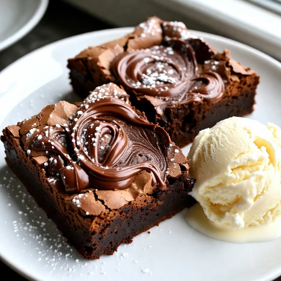 For these Nutella brownies, gather the following ingredients: - 1 cup Nutella - 1/2 cup unsalted butter, melted - 2 large eggs - 1 teaspoon vanilla extract - 1/2 cup granulated sugar - 1/2 cup all-purpose flour - 1/4 teaspoon salt - 1/4 teaspoon baking powder - 1/2 cup chocolate chips (optional) You can swap some ingredients if needed. Here are a few ideas: - Nutella: Use any chocolate hazelnut spread if you want. - Unsalted butter: Coconut oil or vegetable oil works well too. - Granulated sugar: Brown sugar can add a rich taste. - All-purpose flour: Almond flour or oat flour are good gluten-free options. - Eggs: Flax eggs or applesauce can replace eggs for a vegan twist. To make your brownies even tastier, consider these add-ins: - Chocolate chips: Fold in for extra chocolatey goodness. - Nuts: Walnuts or pecans add a nice crunch. - Sea salt: A sprinkle on top enhances the sweet flavor. - Caramel swirl: Drizzle some caramel for a sweet twist. These options let you customize your brownies and make them truly yours! {{ingredient_image_2}} To start making Nutella brownies, gather all your ingredients first. Here is what you need: - 1 cup Nutella - 1/2 cup unsalted butter, melted - 2 large eggs - 1 teaspoon vanilla extract - 1/2 cup granulated sugar - 1/2 cup all-purpose flour - 1/4 teaspoon salt - 1/4 teaspoon baking powder - 1/2 cup chocolate chips (optional) Preheat your oven to 350°F (175°C). Line an 8x8-inch baking pan with parchment paper. Make sure some paper hangs over the sides. This helps you lift the brownies out later. In a large bowl, mix the melted butter and Nutella. Whisk until smooth. Crack in the eggs, one at a time. Mix well after each one. Add the vanilla extract next. In another bowl, combine the sugar, flour, salt, and baking powder. Whisk these dry ingredients until mixed. Gradually add this dry mix to the Nutella blend. Stir gently to combine, being careful not to overmix. If you want, fold in chocolate chips for extra richness. Pour the brownie batter into the prepared pan. Spread it evenly in the corners. To create swirls, drop dollops of Nutella on top. Use a knife or skewer to swirl it into the batter. Place the pan in the oven and bake for 20-25 minutes. As they bake, keep an eye on them. To check for doneness, insert a toothpick into the center. It should come out with a few moist crumbs. If it’s clean, the brownies are overbaked. After baking, let the brownies cool in the pan for 15 minutes. Use the parchment paper to lift them out. Set them on a wire rack to cool completely before slicing into squares. To check if your brownies are done, use a toothpick. Insert it into the center. If it comes out with moist crumbs, they are ready. If it comes out clean, they may be dry. Always check a few minutes before the suggested time. This ensures a fudgy texture. Remember, the brownies will set more as they cool. When making Nutella brownies, a few mistakes can ruin your treat. First, do not overmix the batter. This makes the brownies tough. Second, avoid using cold eggs. Cold eggs do not mix well with the warm Nutella. Always use room temperature eggs for a smooth batter. Lastly, keep an eye on your baking time. Overbaking leads to dry brownies. Check them often, especially toward the end. To get that perfect fudgy texture, measure your ingredients carefully. Use real unsalted butter for richness. The Nutella adds moisture, so don't skip it. When mixing, stop as soon as you see no dry flour. This helps keep the brownies dense and rich. Remember to check for doneness with a toothpick. A few moist crumbs mean they are just right! For a stunning look, dust the brownies with powdered sugar right before serving. This adds a nice touch. Serve them warm with a scoop of vanilla ice cream for a treat. You can also add fresh berries on the side for a pop of color. This makes your dessert feel fancy and special. Enjoy sharing this delight with friends and family! Pro Tips Choose the Right Nutella: Using a high-quality Nutella will enhance the flavor of your brownies. Look for the one with the richest cocoa and hazelnut notes for the best results. Don’t Overmix the Batter: When combining the dry ingredients with the wet mixture, stir just until incorporated. Overmixing can lead to tougher brownies. Testing for Doneness: Insert a toothpick into the center of the brownies; if it comes out with a few moist crumbs, they are ready. This ensures a fudgy texture. Cool Completely Before Slicing: Let the brownies cool fully on a wire rack before cutting to avoid crumbling and to achieve clean edges. {{image_4}} To add a nice crunch, try Nutella swirl brownies with nuts. Use walnuts or pecans. Chop them into small pieces. Fold them into the brownie batter before baking. This adds texture and flavor. The nuts mix well with the creamy Nutella. You get a delightful contrast in every bite. If you need gluten-free brownies, swap the all-purpose flour. Use almond flour or coconut flour instead. This change keeps the brownies rich and fudgy. Make sure to check the labels on your Nutella. Some brands might have gluten. Follow the same steps in the recipe, and you’ll have tasty gluten-free bites. For vegan brownies, replace eggs with flax eggs. Mix one tablespoon of flaxseed meal with three tablespoons of water. Let it sit until it thickens. Then, add this to your brownie mix instead of eggs. Also, use vegan butter in place of regular butter. Your brownies will still taste amazing and be completely plant-based! To keep your Nutella brownies fresh, store them in an airtight container. Place a piece of parchment paper between layers to prevent sticking. This method keeps them moist and tasty for days. If you want to enjoy them later, consider wrapping them tightly in plastic wrap before placing them in the container. You can freeze brownies for up to three months. Cut the brownies into squares first. Then wrap each square in plastic wrap. Place the wrapped brownies in a freezer bag or container. When you want to eat them, let them thaw in the fridge overnight. To reheat, set your oven to 350°F (175°C). Warm the brownies for about 10 minutes. This will make them soft and fudgy again! Nutella brownies stay fresh at room temperature for about three days. If you refrigerate them, they can last up to a week. However, refrigeration may make them a bit firmer. For the best taste and texture, enjoy them within the first few days. If you want a Nutella swap, try almond butter or peanut butter. Both keep the creamy texture. You can also mix cocoa powder with sugar and a bit of oil. This gives a similar taste to Nutella. Just remember, the flavor will change slightly. Check your brownies at 20 minutes. Insert a toothpick in the center. If it comes out with moist crumbs, they are ready. For fudgy brownies, do not wait for a clean toothpick. Overbaking will make them dry. You can prepare the brownie batter a day early. Store it in the fridge, covered tightly. When ready, bake it as usual. For best taste, make the brownies fresh. They taste best the same day. This blog post covers how to make delicious brownies. We explored key ingredients and their substitutes. I provided a step-by-step guide and tips to avoid common mistakes. You learned how to create variations, from Nutella swirls to vegan options. Lastly, I shared storage tips to keep your brownies fresh longer. Brownies are fun to make and taste great. Use these tips, and enjoy your baking!