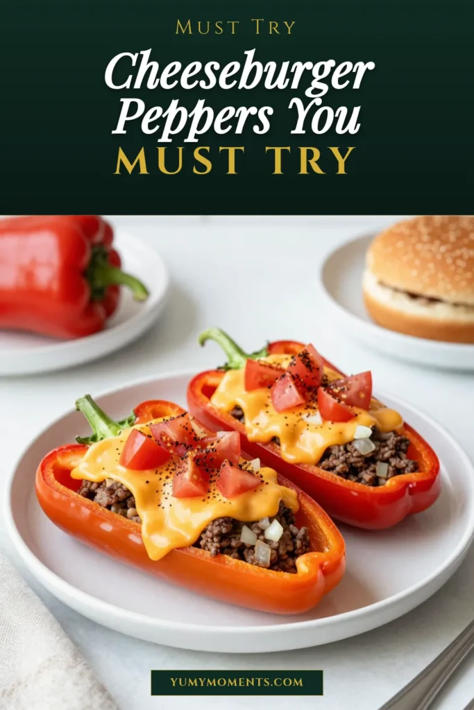 Discover the joy of making cheeseburger stuffed peppers with our simple baked stuffed peppers recipe! Packed with ground beef, vibrant bell peppers, and melted cheddar cheese, these healthy stuffed peppers are perfect for a weeknight dinner. Elevate your meal with this ground beef stuffed peppers recipe that mixes all your favorite cheeseburger flavors. Save this recipe for a delicious twist on dinner! #CheeseburgerStuffedPeppers #HealthyStuffedPeppers #StuffedBellPeppersRecipe #BakedStuffedPeppersRecipe