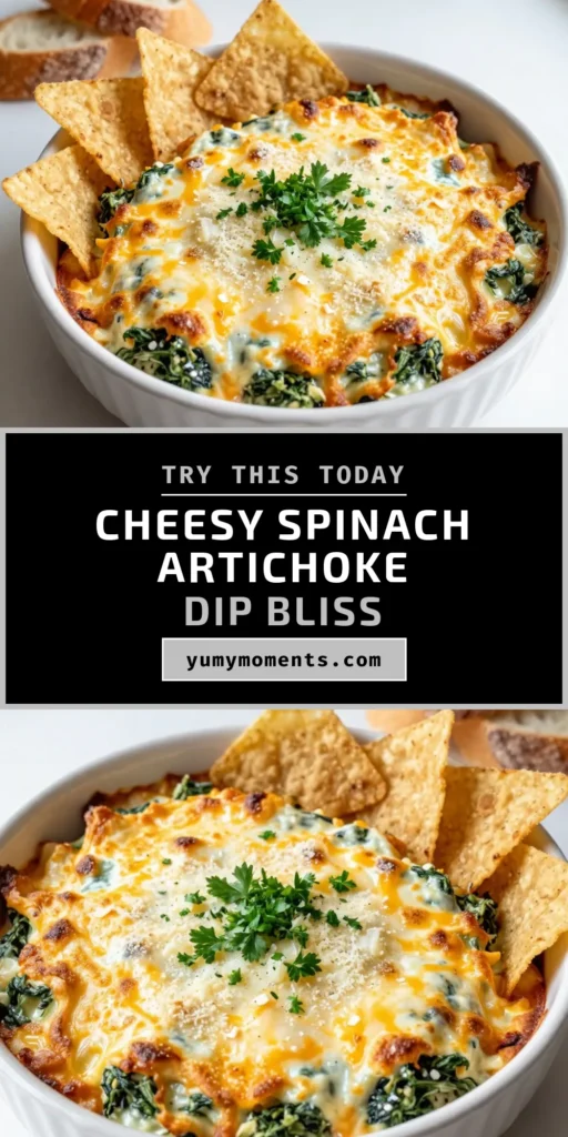 Indulge in this cheesy spinach artichoke dip that will be the star of your next gathering! This creamy spinach dip combines frozen spinach and artichoke hearts for a dipped delight. Perfect as an easy party appetizer, it's baked to golden perfection and paired beautifully with tortilla chips or baguette slices. Try this easy spinach artichoke recipe today and impress your guests! Save this Baked Spinach Artichoke Delight for your next event! #SpinachArtichoke #CheesyDip #PartyAppetizer #EasyRecipes