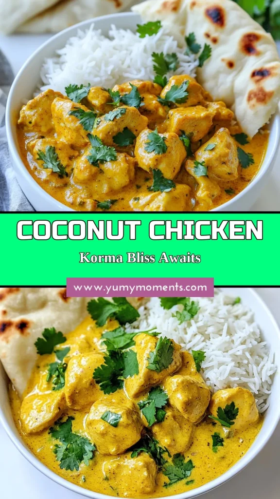 Discover the rich flavors of Coconut Chicken Korma with this easy Chicken Korma recipe that brings authentic Indian cuisine to your kitchen. This creamy and aromatic Easy Coconut Curry is perfect for family dinners or special occasions. Enjoy tender chicken cooked in a delightful blend of spices and coconut milk. Ready in just 45 minutes, this Authentic Korma Recipe is a must-try! Save and make this delicious Indian Chicken Curry today! #CoconutChickenKorma #IndianCurry #KormaRecipe #EasyRecipes