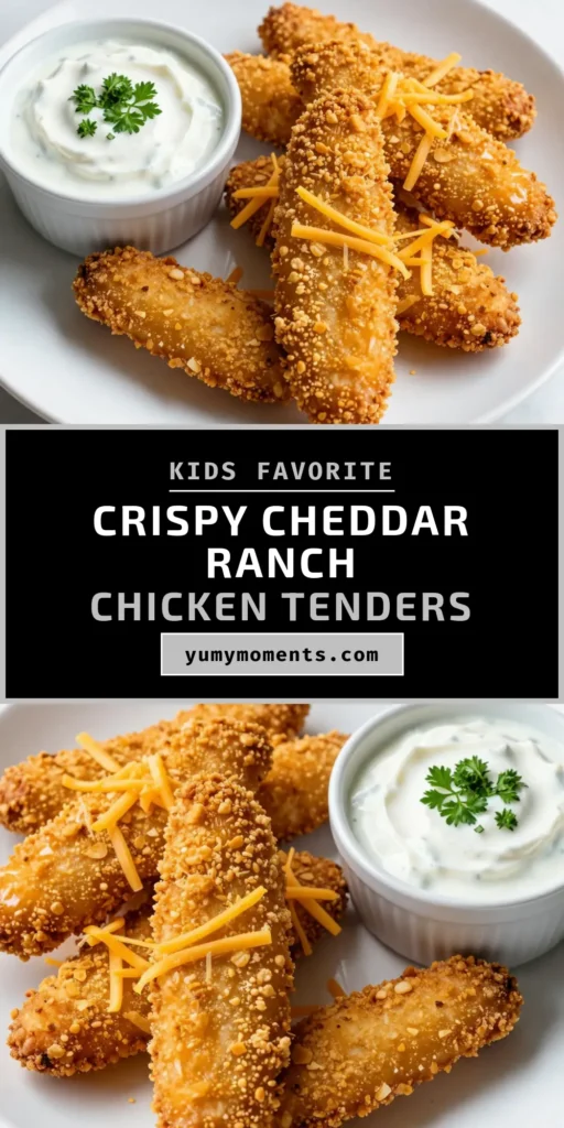 Make your dinner unforgettable with these Cheddar Ranch Chicken Tenders, the ultimate crispy chicken tenders recipe. Marinated in buttermilk for extra tenderness, then coated with a delicious blend of cheddar cheese and ranch dressing mix, these homemade chicken tenders are a crowd-pleaser. Perfect for dipping in ranch dressing, they make for a fantastic family meal or snack. Try this easy ranch dressing chicken recipe today! #CheddarRanchChickenTenders #CrispyChicken #HomemadeTenders #RanchDressing