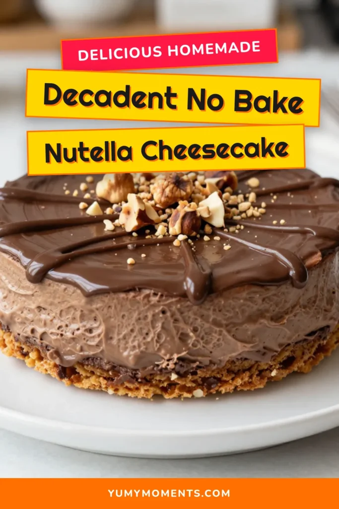 Indulge in this No-Bake Nutella Cheesecake that's a showstopper for any gathering! This easy cheesecake recipe is perfect for Nutella lovers and features a creamy, dreamy filling combined with a crunchy biscuit crust. It's one of the best no-bake dessert ideas you'll find! Don't forget the cheesecake with hazelnuts topping for extra flavor. Try it today and share your delicious creation. #NoBakeNutellaCheesecake #NutellaDessertRecipes #EasyCheesecakeRecipe #NoBakeDessertIdeas