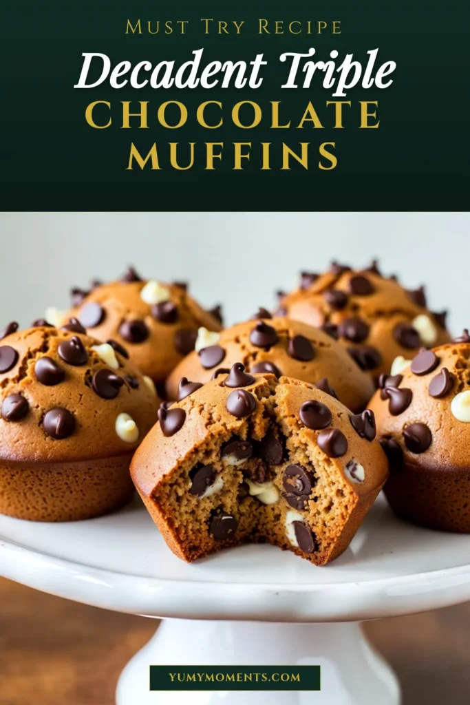 Indulge in the ultimate treat with these Triple Chocolate Muffins! This easy chocolate muffin recipe features rich chocolate flavors from semi-sweet, white, and dark chocolate chips, creating bakery-style muffins that everyone will love. Perfect for breakfast, snacks, or dessert, these chocolate chip muffins are a must-try. Bake a batch today and take your muffin game to new heights! #TripleChocolateMuffins #EasyChocolateMuffins #ChocolateChipMuffinRecipe #BakeryStyleMuffins
