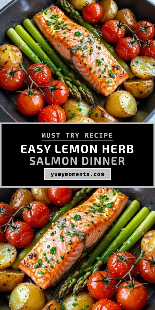 Discover a delicious and healthy sheet pan salmon recipe with this Sheet Pan Lemon Herb Salmon. The perfect blend of fresh flavors from lemon herb salmon combined with vibrant roasted vegetables makes for an easy salmon and vegetables dinner. In just 40 minutes, enjoy a nutritious meal that's both satisfying and visually appealing. Save this healthy sheet pan dinner idea and elevate your weeknight cooking! #SheetPanSalmon #LemonHerbSalmon #HealthyDinner #EasyRecipes