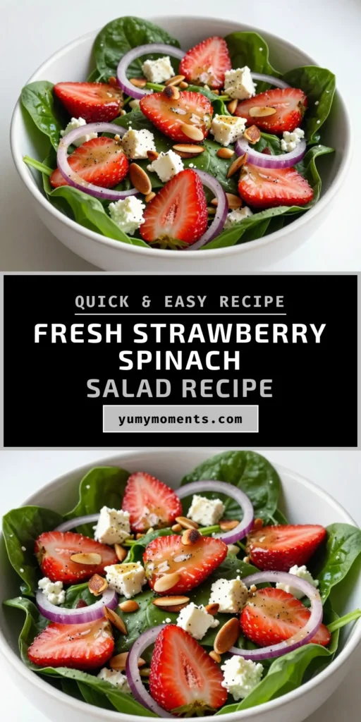 Indulge in this delicious strawberry spinach salad, perfect for a healthy summer salad! Featuring fresh baby spinach, juicy strawberries, creamy feta cheese, and a homemade poppy seed dressing, this feta cheese salad recipe is sure to delight. Quick to prepare in just 15 minutes, it's a vibrant addition to any meal. Try this fresh spinach recipe today, and enjoy the burst of flavors! Save this recipe for later! #StrawberrySpinachSalad #HealthySummerSalad #PoppySeedDressing #FetaCheeseSalad