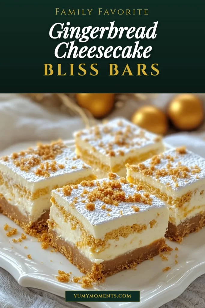 Indulge in the delightful flavors of Gingerbread Cheesecake Bars, the perfect holiday dessert recipe for your festive gatherings. These cream cheese dessert bars combine a buttery graham cracker crust with a smooth, spiced cheesecake filling. Ideal for Christmas parties, these gingerbread dessert ideas are sure to impress. Try this easy recipe and make your holidays sweeter! Save this for your next baking adventure! #GingerbreadCheesecakeBars #HolidayDessertRecipes #CreamCheeseDessert #FestiveCheesecakeRecipes