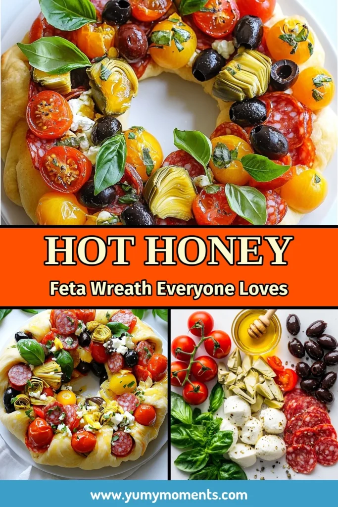 Looking for a show-stopping Italian appetizer? Try this Antipasto Wreath Recipe featuring Hot Honey Feta! This savory wreath made with pizza dough is packed with cherry tomatoes, olives, salami, and mozzarella, all topped with a spicy honey drizzle. Perfect for gatherings, this pizza dough appetizer is sure to impress. Save this recipe for your next party and delight your guests! #AntipastoWreath #HotHoneyFeta #ItalianAppetizer #SavoryWreath