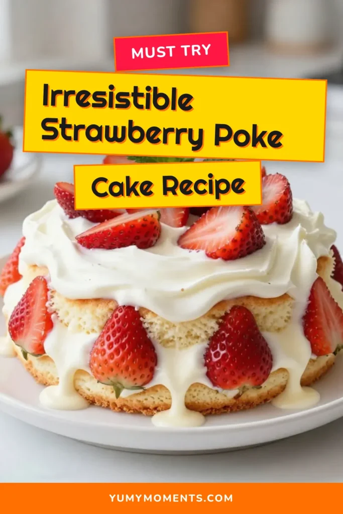 Satisfy your sweet tooth with this irresistible strawberry shortcake poke cake! Perfect for summer dessert recipes, this easy poke cake recipe features a moist vanilla cake with strawberries, soaked in a creamy mixture for a decadent no bake strawberry dessert. Serve chilled for a refreshing treat that will impress your guests. Save this recipe and create delicious memories! #StrawberryShortcake #PokeCake #SummerDessert #NoBakeDessert