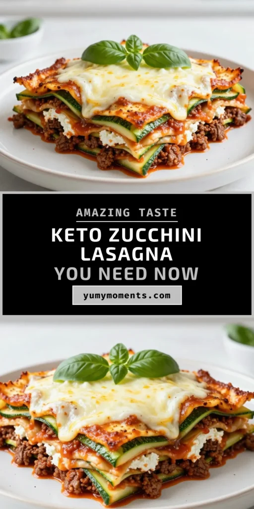 Discover the deliciousness of Keto Zucchini Lasagna, a perfect low carb lasagna recipe for your dinner table! This sugar-free lasagna combines savory ground beef, creamy ricotta, and fresh zucchini for a satisfying meal that fits your keto lifestyle. Ideal for your next family dinner or meal prep, this zucchini recipes keto is sure to impress. Try it today and enjoy a guilt-free indulgence! Save this recipe! #KetoZucchiniLasagna #LowCarbLasagna #KetoDinnerIdeas #ZucchiniRecipesKeto