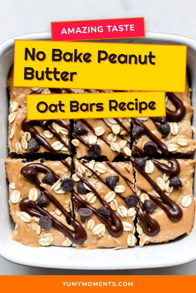 Looking for a healthy snack recipe? Try these delicious no-bake peanut butter bars! Packed with oats, creamy peanut butter, and chocolate chips, these oatmeal chocolate chip bars are an easy peanut butter dessert you'll love. Perfect for any time of day, they're simple to make and require no baking. Enjoy a tasty and nutritious treat in just a few steps. Save this recipe for later! #NoBakePeanutButterBars #OatmealChocolateChipBars #HealthySnackRecipes #EasyPeanutButterDessert