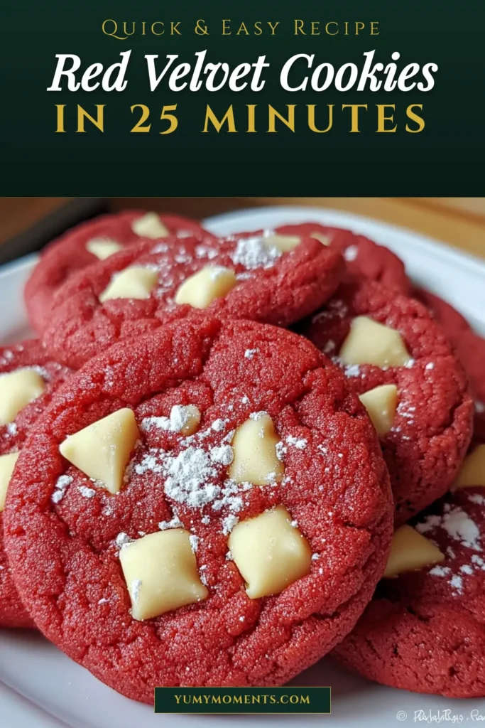 Indulge in these easy red velvet cookies that are perfect for any occasion! Made with just a box of red velvet cake mix, these delectable cake mix cookies are infused with white chocolate and topped with a dusting of powdered sugar. Ideal for holiday gatherings, this holiday cookie recipe is sure to impress your guests. Try these white chocolate red velvet cookies today and experience the joy of baking! Save this recipe! #RedVelvetCookies #CakeMixCookies #HolidayCookieRecipe #EasyRedVelvetCookies