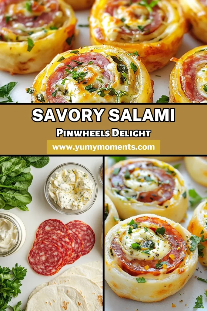Indulge in these Savory Salami Pinwheels, the perfect blend of flavors and textures! Made with cream cheese tortilla rolls, this easy appetizer recipe is ideal for any gathering. With just a few ingredients like salami, mozzarella, and fresh spinach, you can create delicious no-bake finger foods that will impress your guests. Try this fun party snack idea and watch them disappear! Save the recipe for your next event! #SalamiPinwheels #PartySnackIdeas #EasyAppetizerRecipes #NoBakeFingerFoods