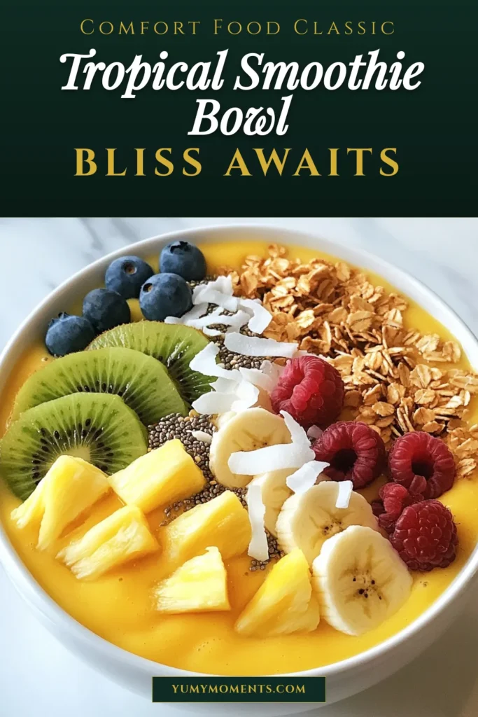 Dive into paradise with this tropical smoothie bowl! Our pineapple smoothie recipe combines creamy coconut milk and Greek yogurt for a healthy, delicious start to your day. Top it off with healthy smoothie toppings like granola, coconut flakes, chia seeds, kiwi, and fresh berries for a vibrant feast. Perfect for summer mornings or snacks! Try it today and savor every spoonful. Save this recipe for your next blissful breakfast! #TropicalSmoothieBowl #HealthySmoothieToppings #GreekYogurtSmoothieBowl #CoconutMilkSmoothie