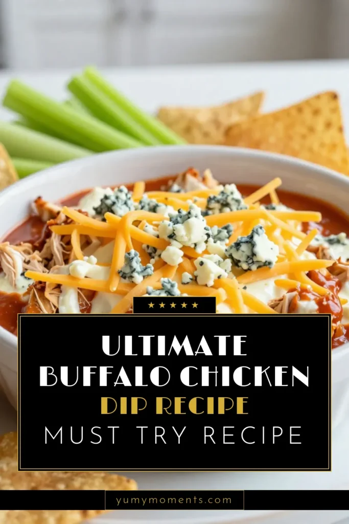 Looking for the ultimate Buffalo chicken dip recipe? This creamy buffalo dip is the perfect easy party dip that will wow your guests! Made with shredded chicken, cream cheese, and a blend of spicy cheese dips, this baked buffalo chicken dip is a must-try. Ready in just 35 minutes, it's ideal for any gathering. Serve hot with tortilla chips, celery, or carrots. Dive into this deliciousness and don't forget to save for your next event! #BuffaloChickenDip #EasyPartyDip #SpicyCheeseDip #BakedBuffaloDip