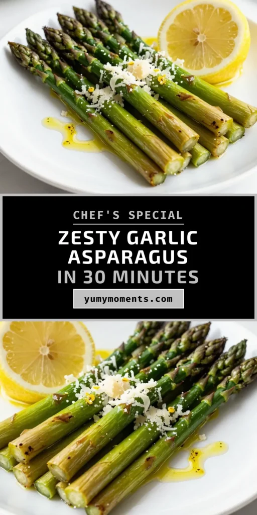 Elevate your meals with this zesty Lemon Garlic Roasted Asparagus recipe! Perfect for any occasion, this easy asparagus recipe features fresh asparagus tossed in a flavorful mix of lemon, garlic, and a sprinkle of Parmesan for an irresistible healthy vegetable side dish. In just 30 minutes, you&rsquo;ll have a delicious roasted asparagus with Parmesan that everyone will love. Try it today and brighten up your dinner! #AsparagusRecipe #HealthySides #RoastedVegetables #EasyRecipes