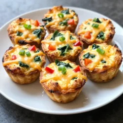To make the Cottage Cheese Egg Muffins, gather these key items: - 1 cup cottage cheese - 4 large eggs - 1/2 cup bell pepper, diced - 1/2 cup fresh spinach, chopped - 1/4 cup green onions, chopped - 1/2 teaspoon garlic powder - 1/4 teaspoon paprika - Salt and pepper to taste - 1/2 cup shredded sharp cheddar cheese - Cooking spray or olive oil for greasing These ingredients work together to create a fluffy, cheesy muffin packed with nutrients. You can customize your muffins with these tasty add-ins: - Cooked bacon or sausage for extra protein - Chopped tomatoes for a fresh twist - Herbs like basil or parsley for added flavor - Feta cheese for a tangy kick Feel free to mix and match based on what you enjoy or have on hand. These muffins offer some great benefits: - High in protein from cottage cheese and eggs - Low in carbs, making them great for many diets - Can be gluten-free if you check your ingredients - Easy to modify for dairy-free diets using alternatives This dish fits various dietary needs while being delicious and satisfying. {{ingredient_image_2}} Start by gathering all your ingredients. You will need: - 1 cup cottage cheese - 4 large eggs - 1/2 cup bell pepper, diced - 1/2 cup fresh spinach, chopped - 1/4 cup green onions, chopped - 1/2 teaspoon garlic powder - 1/4 teaspoon paprika - Salt and pepper to taste - 1/2 cup shredded sharp cheddar cheese - Cooking spray or olive oil Preheat your oven to 375&deg;F (190&deg;C). This step is key for baking the muffins evenly. While the oven heats, chop the bell pepper, spinach, and green onions. The colors will brighten your muffins and add great flavor. In a large bowl, combine the cottage cheese and eggs. Use a whisk to mix until the blend is smooth. This ensures the eggs and cheese mix well. Then, add your diced bell pepper, chopped spinach, green onions, garlic powder, paprika, and a sprinkle of salt and pepper. Stir the mixture well until all ingredients are evenly combined. Next, fold in the shredded cheddar cheese. Be gentle when folding so the cheese stays intact, adding nice bites of flavor. Lightly grease a muffin tin with cooking spray or olive oil. This step prevents sticking and makes it easy to remove your muffins later. Pour the egg mixture into each muffin cup, filling them about two-thirds full. This allows space for the muffins to rise. Place the muffin tin in the preheated oven. Bake the muffins for about 20 to 25 minutes. They are ready when they look golden and set in the center. After baking, carefully take the muffin tin out of the oven. Let the muffins cool for a few minutes. Use a knife to gently run around the edges. Then, lift them out of the tin. Enjoy your warm cottage cheese egg muffins as a healthy breakfast! To get the best texture, blend the cottage cheese and eggs well. I like to whisk until smooth. This helps make the muffins light and fluffy. Be careful not to overmix after adding the veggies and cheese. Gentle folding keeps them airy. These muffins taste great warm. To reheat, pop them in the microwave for about 20-30 seconds. You can also use an oven at 350&deg;F (175&deg;C) for about 10 minutes. Serve them on a colorful platter with fresh herbs on top. They look nice and taste even better. One common mistake is overfilling the muffin cups. Fill them only two-thirds full to let them rise. Another mistake is not greasing the tin well. Use cooking spray or olive oil to avoid sticking. Lastly, ensure you bake them long enough. They should be set in the middle and golden on top. Pro Tips Use Fresh Ingredients: The quality of your vegetables can greatly enhance the flavor of your muffins. Opt for fresh, vibrant bell peppers and spinach for the best taste. Experiment with Cheese: While sharp cheddar is delicious, try mixing in other cheeses like feta or pepper jack for a different flavor profile. Ensure Even Baking: Rotate the muffin tin halfway through baking to ensure even cooking, especially if your oven has hot spots. Perfect Storage: To keep muffins fresh, store them in an airtight container in the refrigerator. For longer storage, freeze them and reheat as needed. {{image_4}} You can change the taste of your cottage cheese egg muffins easily. Adding crispy bacon brings a smoky flavor. Try mixing in fresh herbs like parsley or chives for a bright taste. You can also add diced tomatoes for a burst of freshness. If you love spice, toss in chopped jalape&ntilde;os or a dash of hot sauce. Each change can create a completely new muffin. These muffins can fit many diets. For a low-carb option, skip the bell pepper and use zucchini instead. This keeps the muffins light and fluffy. If you need a dairy-free version, substitute the cottage cheese with silken tofu. It blends well and keeps the muffins moist. You can also use a dairy-free cheese to maintain that cheesy goodness. You can make these muffins in different sizes. Use a mini muffin tin for bite-sized snacks. They bake faster and are perfect for kids or parties. For a heartier meal, use a larger muffin tin. Serve them warm with a side of fruit. You can also stack them in a basket or on a colorful platter to impress your guests. A sprinkle of fresh herbs on top adds a lovely touch. To keep your cottage cheese egg muffins fresh, store them in an airtight container. Place them in the fridge within two hours of baking. They will stay good for up to one week. Make sure to separate layers with parchment paper to prevent sticking. This helps keep them intact for the next breakfast. If you want to save some muffins for later, freezing is a great option. First, let the muffins cool completely. Then, wrap each muffin in plastic wrap or foil. Place them in a freezer-safe bag or container. They can last for up to three months in the freezer. When you&rsquo;re ready to eat, just thaw them in the fridge overnight. Reheating is simple! You can use the microwave or the oven. For the microwave, place a muffin on a plate and heat for 30-45 seconds. Check if it&rsquo;s warm enough, and add more time if needed. For the oven, preheat it to 350&deg;F (175&deg;C). Place the muffins on a baking sheet and heat for 10-15 minutes. Enjoy them warm just like fresh! Yes, you can make these muffins ahead of time. They are great for meal prep. Bake a batch on the weekend and enjoy them all week. Store them in the fridge, and they stay fresh. Just reheat them when you are ready to eat. This saves time on busy mornings. If you don't have cottage cheese, you can use Greek yogurt. It gives a similar texture and adds protein. Ricotta cheese is another option that works well. Both will keep your muffins creamy and tasty. Feel free to experiment with these substitutes in your recipe. Cottage cheese egg muffins last about one week in the fridge. Make sure to store them in an airtight container. This helps keep them fresh and tasty. If you notice any change in smell or texture, it's best to toss them. Enjoy them warm for a quick breakfast or snack! In this blog post, we covered how to make delicious cottage cheese egg muffins. We explored the main ingredients, optional add-ins, and dietary options. The step-by-step instructions guide you through prepping, mixing, and baking. I offered tips to perfect texture and avoid common mistakes. You can adapt the recipe with various flavors and sizes. Finally, we discussed storage tips and answered key questions. These muffins are simple, tasty, and great for any meal. Now, you have all you need to create your perfect batch!