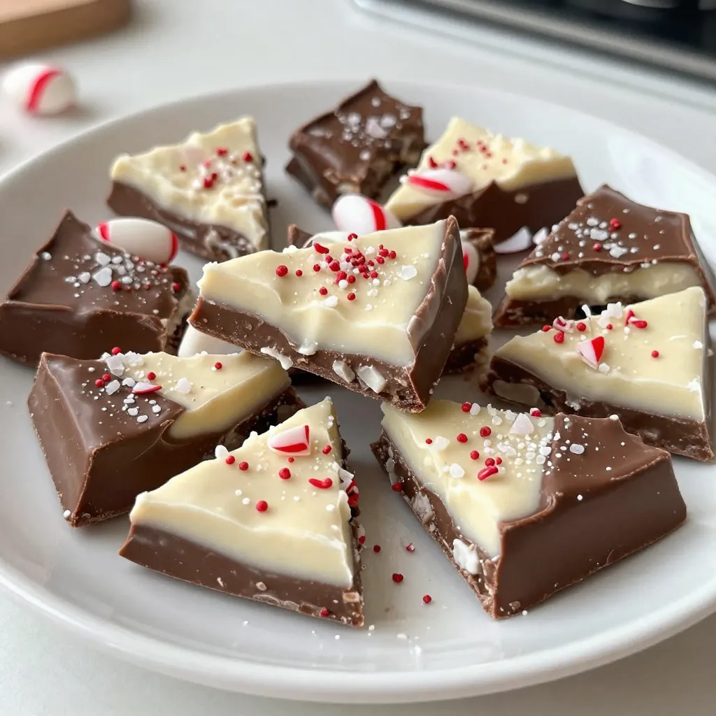 Here are the ingredients you need for classic peppermint bark: - 12 oz semi-sweet chocolate chips - 12 oz white chocolate chips - 1 tsp peppermint extract - 1 cup crushed peppermint candies (or crushed candy canes) - Pinch of sea salt (optional) This simple list makes it easy to gather what you need. Semi-sweet chocolate gives a rich flavor, while white chocolate adds sweetness. The peppermint extract brings fresh notes, perfect for the holidays. Crushed peppermint candies add crunch and a festive touch. If you love a sweet-salty mix, the sea salt will enhance the taste. Now you’re ready to create this delightful treat! {{ingredient_image_2}} First, grab a 9x9 inch baking dish. Line it with parchment paper. Make sure to leave some overhang on the sides. This helps you lift the bark out later. For the semi-sweet chocolate, put 12 oz of chocolate chips in a bowl. Microwave in 30-second bursts. Stir after each time until it is smooth. Next, for the white chocolate, take another bowl. Add 12 oz of white chocolate chips. Repeat the same melting process. After it’s melted, mix in 1 tsp of peppermint extract. Pour the melted semi-sweet chocolate into the lined dish. Use a spatula to spread it evenly. Place the dish in the fridge for about 15 minutes to set. Once the semi-sweet layer is set, pour the white chocolate over it. Spread it out evenly with a spatula. Now, sprinkle 1 cup of crushed peppermint candies over the white chocolate. Press down gently so they stick. You can also add a pinch of sea salt if you like the flavor contrast. Put the dish back in the fridge. Chill for about 30 minutes until it is firm. Once set, gently lift the bark out using the overhanging parchment paper. Break it into pieces as you like. Enjoy your peppermint bark! To avoid burning chocolate, use a microwave-safe bowl. Heat chocolate in 30-second bursts. Stir well after each burst. This ensures even melting without burning. If you prefer, use a double boiler. Fill a pot with water and bring it to a simmer. Place the chocolate in a heat-safe bowl above the pot. Stir until smooth. This method gives you great control over heat. Try different types of chocolate for unique flavors. Dark chocolate adds richness, while milk chocolate offers sweetness. You can also mix chocolates. For a twist, add a splash of orange zest or a dash of cinnamon. These flavors pair well with peppermint. They create a special holiday treat that surprises your taste buds. Arrange peppermint bark on a festive platter. Use colorful plates to brighten up the display. You can stack the pieces or lay them flat. For extra flair, garnish with whole peppermint candies or fresh mint sprigs. This adds a pop of color and makes your bark look professional. Your guests will love both the taste and the look! Pro Tips Use Quality Chocolate: The flavor of your peppermint bark largely depends on the quality of the chocolate you use. Opt for high-quality semi-sweet and white chocolate chips for the best results. Cool Between Layers: Make sure to chill the semi-sweet chocolate layer completely before adding the white chocolate. This helps create distinct layers and prevents the chocolates from blending together. Crush Peppermints Finely: For a better presentation and texture, crush your peppermint candies into smaller pieces. This will ensure that each bite has a nice crunch and a burst of peppermint flavor. Storage Tips: Store your peppermint bark in an airtight container at room temperature or in the refrigerator. This will keep it fresh and prevent it from becoming too soft or sticky. {{image_4}} You can use different types of chocolate for your bark. Dark chocolate adds a rich flavor. Milk chocolate gives a sweeter taste. Each option creates a unique treat. You can mix and match both for fun. Just remember, the melting method stays the same. Toppings can change the whole look and taste of peppermint bark. Besides crushed peppermint, try nuts like almonds or walnuts. Dried fruits like cranberries can add a chewy texture. For a fun twist, use crushed cookies instead. Oreos or ginger snaps pair well with chocolate. To make peppermint bark dairy-free, choose dairy-free chocolate. Many brands offer great options. For a sugar-free version, use sugar-free chocolate and candies. These swaps let everyone enjoy this treat, no matter their diet. Just make sure to check the labels for hidden sugars or dairy. To keep your peppermint bark fresh, store it in a cool, dry place. The ideal temperature is below 70°F (21°C). Avoid direct sunlight and humidity, as they can affect the texture and taste. For storage containers, use an airtight container. This keeps the bark from drying out or absorbing moisture. You can also wrap it tightly in plastic wrap. This method protects it from air and odors. Peppermint bark can last for about two weeks at room temperature. If you store it in the fridge, it can last up to a month. Watch for signs of spoilage. If the bark looks dull or has a white film, it may be stale. This happens when the chocolate fat separates. If it smells off, it’s best to discard it. Always trust your senses when checking for freshness. Peppermint bark is a sweet treat made of layers of chocolate. It usually has a bottom layer of semi-sweet chocolate. The top layer is white chocolate mixed with peppermint extract. It’s then sprinkled with crushed peppermint candies for a festive crunch. This treat is a holiday favorite, loved for its sweet and minty flavor. Making peppermint bark is quick! The prep time is about 15 minutes. You will need an extra 30 minutes for chilling. In total, it takes about 1 hour from start to finish. This makes it an easy recipe to whip up before holiday gatherings. Yes, you can make peppermint bark ahead of time! It stays fresh when stored properly. Make it a week in advance and store it in an airtight container. This way, you can enjoy it stress-free during the busy holiday days. You can find peppermint bark at many places. Local candy shops often have it during the holidays. Grocery stores may also sell it in their seasonal sections. For online options, check retailers like Amazon or specialty chocolate shops. You learned how to make peppermint bark from scratch. We covered the ingredients, steps, and tips. You can choose different chocolates or toppings to fit your taste. Don’t forget proper storage to keep it fresh! Experimenting with flavors adds fun. Making this holiday treat is simple and rewarding. Now you can impress friends and family with your homemade peppermint bark. Enjoy your creation and share it with joy!