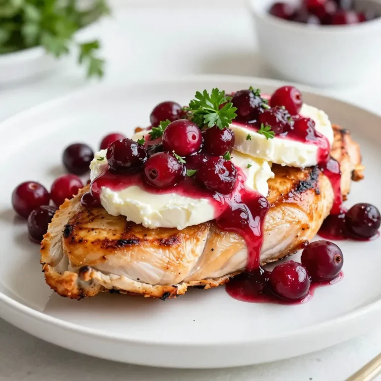 - 4 boneless, skinless chicken breasts - 1 cup fresh or frozen cranberries - 1/2 cup chicken broth (low-sodium preferred) - 1/4 cup honey - 2 tablespoons balsamic vinegar - 1 teaspoon dried thyme (or 1 tablespoon fresh thyme, chopped) - Salt and black pepper to taste - 1 tablespoon olive oil (extra virgin for flavor) - 4 ounces Brie cheese, sliced (rind removed for a smoother melt) - Fresh parsley, chopped for garnish When I make Cranberry Brie Chicken, I love using fresh ingredients. Fresh cranberries give a bright taste. If you use frozen ones, there's no need to thaw them first. For the chicken, I prefer boneless, skinless breasts. They cook evenly and soak up the sauce well. Using low-sodium chicken broth keeps the dish from getting too salty. Honey adds a sweet touch to the sauce. Adjust the amount to suit your taste. Balsamic vinegar adds depth and tang. For seasonings, I use dried thyme. Fresh thyme works great too. Salt and black pepper enhance the flavors. I always use extra virgin olive oil for a richer taste. Brie cheese, sliced and rind removed, melts beautifully over the chicken. It adds creaminess. Finally, chopped parsley brightens the plate and adds color. Gather these ingredients, and you're ready to create a flavorful one-pan dish. {{ingredient_image_2}} Set your oven to 375°F (190°C). Preheating helps the chicken cook evenly. In a medium saucepan, combine the following ingredients: - 1 cup fresh or frozen cranberries - 1/2 cup chicken broth - 1/4 cup honey - 2 tablespoons balsamic vinegar - 1 teaspoon dried thyme Cook over medium-high heat. Bring it to a boil, then reduce to simmer for 10 minutes. The cranberries will pop and make a nice sauce. Take 4 boneless, skinless chicken breasts. Generously apply salt and pepper on both sides. This step adds great flavor. In an oven-safe skillet, heat 1 tablespoon of olive oil over medium-high heat. Carefully place the chicken breasts in the skillet. Sear each side for 3-4 minutes. You want a golden-brown crust. Pour the cranberry sauce over the chicken. Make sure to cover each piece well. Add 1 slice of Brie cheese on top of each chicken breast. This will melt into the sauce. Transfer the skillet to the preheated oven. Bake for 20-25 minutes. Check that the chicken is fully cooked. It should reach an internal temperature of 165°F (75°C). Let the chicken rest for a few minutes before serving. This helps keep it juicy. When ready to serve, slice the chicken and drizzle with the sauce. Garnish with fresh parsley for a nice touch. Enjoy your meal! To make sure your chicken is cooked right, check the internal temperature. Use a meat thermometer to look for 165°F (75°C). This keeps the chicken safe to eat. Insert the thermometer into the thickest part of the breast. If you don’t have one, cut the chicken to check the color. If it’s white and juices run clear, it’s done. Adjusting your seasonings can take this dish to the next level. If you like it sweeter, add more honey. For a tangier taste, increase the balsamic vinegar. Don’t be shy with the salt and pepper. You can also try adding garlic powder or onion powder for extra depth. Taste as you go, and make it your own! For the best Brie melt, slice off the rind. This helps it melt smoothly and blend into the sauce. Place the cheese on the chicken right before baking. The heat will make it gooey and creamy. If you want a golden top, broil it for a minute or two after baking. Keep an eye on it, so it doesn’t burn. Enjoy that rich, melty goodness! Pro Tips Use Fresh Ingredients: Whenever possible, opt for fresh cranberries and herbs to enhance the flavor profile of the dish. Perfectly Melted Brie: For the best results, allow the Brie to come to room temperature before placing it on the chicken, ensuring a smoother melt. Customize the Sauce: Adjust the sweetness of the cranberry sauce by varying the amount of honey based on your preference. Rest the Chicken: Allow the chicken to rest after baking; this helps keep it juicy and flavorful when sliced. {{image_4}} You can switch out Brie for other cheeses. Goat cheese works well for a tangy kick. Cream cheese gives a rich, creamy texture. For a sharper flavor, try sharp cheddar. If you want to change the sweetness, use maple syrup instead of honey. Agave syrup is another good option. Adjust the amount to suit your taste. For a gluten-free meal, use gluten-free broth. This keeps your dish safe for those with gluten allergies. You can also serve it with cauliflower rice or gluten-free pasta. If you want a low-carb option, skip the honey. You can use a sugar substitute like erythritol. Pair the dish with steamed broccoli or a fresh salad to keep it low in carbs. I love serving this dish with roasted vegetables. They add color and nutrition to your plate. Garlic mashed potatoes or quinoa also make great sides. For a fresh touch, serve with a simple green salad. Toss greens with a light vinaigrette for a crunchy contrast. This adds brightness and balance to your meal. You can store leftover Cranberry Brie Chicken in the fridge. It stays fresh for about 3-4 days. Keep it in an airtight container. This helps prevent the chicken from drying out and losing flavor. When you want to eat it again, just take it out of the fridge. If you want to save some for later, freezing works well! Place the chicken in a freezer-safe container. Make sure to label it with the date. You can freeze it for up to 3 months. Thaw it overnight in the fridge before reheating. This keeps the texture nice. To reheat your chicken without drying it out, use the oven. Preheat it to 350°F (175°C). Place the chicken on a baking dish. Add a splash of broth or water to keep it moist. Cover it with foil to trap steam. Heat for about 15-20 minutes. Check if it’s hot all the way through. Enjoy your tasty meal! You can serve this dish with many sides. Here are some tasty options: - Roasted vegetables like carrots, broccoli, or Brussels sprouts - A light green salad with vinaigrette - Quinoa or rice for a filling base - Mashed potatoes to soak up the sauce Yes, you can prep this dish in advance. Here’s how: - Make the cranberry sauce a day ahead and store it in the fridge. - Season the chicken and keep it in the fridge until you’re ready to cook. - You can also bake the chicken and store it. Just heat it up before serving. To change the sweetness, you can adjust the honey. Here are my tips: - Start with 1/4 cup of honey, then taste the sauce. - If you want it sweeter, add a little more honey. - If it's too sweet, add a splash of balsamic vinegar to balance it out. Yes, you can make a vegetarian version easily. Here are some swaps: - Use Portobello mushrooms or eggplant instead of chicken. - Replace chicken broth with vegetable broth. - Use vegan cheese or skip the cheese altogether. To check if the chicken is done, look for these signs: - The chicken should be golden brown on the outside. - Use a meat thermometer; it should read 165°F (75°C). - The juices should run clear when you cut into it. In this blog post, I shared a simple recipe for Cranberry Brie Chicken. We covered the key ingredients, like chicken, cranberries, and Brie. I walked you through each cooking step, from preheating the oven to serving suggestions. We discussed tips for perfect chicken, flavor enhancement, and cheese melting secrets. Remember, you can customize the recipe to suit dietary needs or preferences. With this guide, you can easily make a delicious meal. Enjoy the cooking process and get creative with your dish!