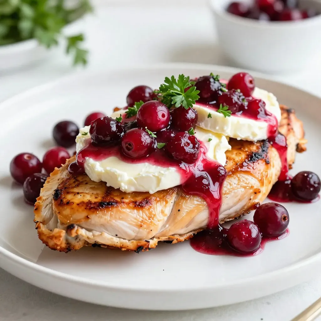 - 4 boneless, skinless chicken breasts - 1 cup fresh or frozen cranberries - 1/2 cup chicken broth (low-sodium preferred) - 1/4 cup honey - 2 tablespoons balsamic vinegar - 1 teaspoon dried thyme (or 1 tablespoon fresh thyme, chopped) - Salt and black pepper to taste - 1 tablespoon olive oil (extra virgin for flavor) - 4 ounces Brie cheese, sliced (rind removed for a smoother melt) - Fresh parsley, chopped for garnish When I make Cranberry Brie Chicken, I love using fresh ingredients. Fresh cranberries give a bright taste. If you use frozen ones, there's no need to thaw them first. For the chicken, I prefer boneless, skinless breasts. They cook evenly and soak up the sauce well. Using low-sodium chicken broth keeps the dish from getting too salty. Honey adds a sweet touch to the sauce. Adjust the amount to suit your taste. Balsamic vinegar adds depth and tang. For seasonings, I use dried thyme. Fresh thyme works great too. Salt and black pepper enhance the flavors. I always use extra virgin olive oil for a richer taste. Brie cheese, sliced and rind removed, melts beautifully over the chicken. It adds creaminess. Finally, chopped parsley brightens the plate and adds color. Gather these ingredients, and you're ready to create a flavorful one-pan dish. {{ingredient_image_2}} Set your oven to 375°F (190°C). Preheating helps the chicken cook evenly. In a medium saucepan, combine the following ingredients: - 1 cup fresh or frozen cranberries - 1/2 cup chicken broth - 1/4 cup honey - 2 tablespoons balsamic vinegar - 1 teaspoon dried thyme Cook over medium-high heat. Bring it to a boil, then reduce to simmer for 10 minutes. The cranberries will pop and make a nice sauce. Take 4 boneless, skinless chicken breasts. Generously apply salt and pepper on both sides. This step adds great flavor. In an oven-safe skillet, heat 1 tablespoon of olive oil over medium-high heat. Carefully place the chicken breasts in the skillet. Sear each side for 3-4 minutes. You want a golden-brown crust. Pour the cranberry sauce over the chicken. Make sure to cover each piece well. Add 1 slice of Brie cheese on top of each chicken breast. This will melt into the sauce. Transfer the skillet to the preheated oven. Bake for 20-25 minutes. Check that the chicken is fully cooked. It should reach an internal temperature of 165°F (75°C). Let the chicken rest for a few minutes before serving. This helps keep it juicy. When ready to serve, slice the chicken and drizzle with the sauce. Garnish with fresh parsley for a nice touch. Enjoy your meal! To make sure your chicken is cooked right, check the internal temperature. Use a meat thermometer to look for 165°F (75°C). This keeps the chicken safe to eat. Insert the thermometer into the thickest part of the breast. If you don’t have one, cut the chicken to check the color. If it’s white and juices run clear, it’s done. Adjusting your seasonings can take this dish to the next level. If you like it sweeter, add more honey. For a tangier taste, increase the balsamic vinegar. Don’t be shy with the salt and pepper. You can also try adding garlic powder or onion powder for extra depth. Taste as you go, and make it your own! For the best Brie melt, slice off the rind. This helps it melt smoothly and blend into the sauce. Place the cheese on the chicken right before baking. The heat will make it gooey and creamy. If you want a golden top, broil it for a minute or two after baking. Keep an eye on it, so it doesn’t burn. Enjoy that rich, melty goodness! Pro Tips Use Fresh Ingredients: Whenever possible, opt for fresh cranberries and herbs to enhance the flavor profile of the dish. Perfectly Melted Brie: For the best results, allow the Brie to come to room temperature before placing it on the chicken, ensuring a smoother melt. Customize the Sauce: Adjust the sweetness of the cranberry sauce by varying the amount of honey based on your preference. Rest the Chicken: Allow the chicken to rest after baking; this helps keep it juicy and flavorful when sliced. {{image_4}} You can switch out Brie for other cheeses. Goat cheese works well for a tangy kick. Cream cheese gives a rich, creamy texture. For a sharper flavor, try sharp cheddar. If you want to change the sweetness, use maple syrup instead of honey. Agave syrup is another good option. Adjust the amount to suit your taste. For a gluten-free meal, use gluten-free broth. This keeps your dish safe for those with gluten allergies. You can also serve it with cauliflower rice or gluten-free pasta. If you want a low-carb option, skip the honey. You can use a sugar substitute like erythritol. Pair the dish with steamed broccoli or a fresh salad to keep it low in carbs. I love serving this dish with roasted vegetables. They add color and nutrition to your plate. Garlic mashed potatoes or quinoa also make great sides. For a fresh touch, serve with a simple green salad. Toss greens with a light vinaigrette for a crunchy contrast. This adds brightness and balance to your meal. You can store leftover Cranberry Brie Chicken in the fridge. It stays fresh for about 3-4 days. Keep it in an airtight container. This helps prevent the chicken from drying out and losing flavor. When you want to eat it again, just take it out of the fridge. If you want to save some for later, freezing works well! Place the chicken in a freezer-safe container. Make sure to label it with the date. You can freeze it for up to 3 months. Thaw it overnight in the fridge before reheating. This keeps the texture nice. To reheat your chicken without drying it out, use the oven. Preheat it to 350°F (175°C). Place the chicken on a baking dish. Add a splash of broth or water to keep it moist. Cover it with foil to trap steam. Heat for about 15-20 minutes. Check if it’s hot all the way through. Enjoy your tasty meal! You can serve this dish with many sides. Here are some tasty options: - Roasted vegetables like carrots, broccoli, or Brussels sprouts - A light green salad with vinaigrette - Quinoa or rice for a filling base - Mashed potatoes to soak up the sauce Yes, you can prep this dish in advance. Here’s how: - Make the cranberry sauce a day ahead and store it in the fridge. - Season the chicken and keep it in the fridge until you’re ready to cook. - You can also bake the chicken and store it. Just heat it up before serving. To change the sweetness, you can adjust the honey. Here are my tips: - Start with 1/4 cup of honey, then taste the sauce. - If you want it sweeter, add a little more honey. - If it's too sweet, add a splash of balsamic vinegar to balance it out. Yes, you can make a vegetarian version easily. Here are some swaps: - Use Portobello mushrooms or eggplant instead of chicken. - Replace chicken broth with vegetable broth. - Use vegan cheese or skip the cheese altogether. To check if the chicken is done, look for these signs: - The chicken should be golden brown on the outside. - Use a meat thermometer; it should read 165°F (75°C). - The juices should run clear when you cut into it. In this blog post, I shared a simple recipe for Cranberry Brie Chicken. We covered the key ingredients, like chicken, cranberries, and Brie. I walked you through each cooking step, from preheating the oven to serving suggestions. We discussed tips for perfect chicken, flavor enhancement, and cheese melting secrets. Remember, you can customize the recipe to suit dietary needs or preferences. With this guide, you can easily make a delicious meal. Enjoy the cooking process and get creative with your dish!