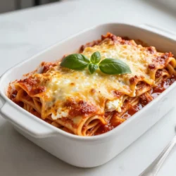 To make these cheesy lasagna rolls, you need: - 12 lasagna noodles - 2 cups ricotta cheese - 1 large egg - 2 cups shredded mozzarella cheese, divided - 1 cup grated Parmesan cheese, divided - 2 cups marinara sauce, divided - 1 teaspoon garlic powder - 1 teaspoon Italian seasoning - Salt and black pepper to taste These ingredients create a delightful mix of flavors and textures. The ricotta gives a creamy base, while the mozzarella adds that gooey stretch you love. Marinara sauce ties everything together with its rich taste. If you are missing some ingredients, don't worry! Here are some substitutes: - Ricotta cheese: Cottage cheese works well in a pinch. Blend it for a smoother texture. - Mozzarella cheese: Try provolone or a dairy-free cheese for a different twist. - Parmesan cheese: Grana Padano is a good substitute, or use nutritional yeast for a vegan option. - Egg: For a vegan version, use flaxseed meal mixed with water. These swaps maintain taste while making the dish your own. Want to elevate your lasagna rolls? Consider these options: - Fresh basil leaves: Add them on top for a fresh touch. - Crushed red pepper: Sprinkle some for extra heat. - Extra marinara sauce: Serve on the side for dipping. - Saut&eacute;ed vegetables: Spinach or mushrooms can be rolled inside for added nutrition. These garnishes not only enhance flavor but also make your meal look stunning. Enjoy experimenting! {{ingredient_image_2}} First, you need to preheat your oven. Set it to 375&deg;F (190&deg;C). This step is key. A hot oven helps cook your lasagna rolls evenly. It also helps the cheese melt just right. Next, boil the lasagna noodles. Follow the package instructions until they are al dente. This means they should be firm, not soft. After boiling, drain the noodles carefully. Lay them flat on a clean surface to cool. This makes them easier to handle later. Now, let&rsquo;s make the cheese filling. In a large bowl, mix together the ricotta cheese, one egg, one cup of shredded mozzarella, and half a cup of grated Parmesan. Add garlic powder, Italian seasoning, and a pinch of salt and black pepper. Stir well until everything is smooth and blended. It&rsquo;s time to assemble your rolls. Take a noodle and scoop some cheese filling onto it. Spread the filling evenly across the noodle. Then, roll the noodle up tightly from one end to the other. Place the rolled noodle seam-side down in a greased baking dish. Repeat this for all the noodles. Pour half of the marinara sauce over the rolled noodles. Make sure each roll gets some sauce. Next, sprinkle the remaining mozzarella and Parmesan on top. Pour the rest of the marinara sauce over everything. Cover the dish tightly with aluminum foil. Bake in the oven for 20 minutes. This helps the flavors blend well. After 20 minutes, take off the foil and bake for another 15 minutes. You want the cheese to be bubbly and golden brown. Once done, let the rolls cool for about 5 minutes before serving. Enjoy! To avoid noodle breakage, cook the lasagna noodles just until they are al dente. This means they should be firm enough to hold shape but soft enough to bend. After boiling, lay them flat on a clean surface. If you stack them, they may stick together. Adding a bit of oil to the water can help prevent sticking. For even baking, make sure to cover the baking dish tightly with aluminum foil at first. This traps steam, helping the rolls cook evenly. After 20 minutes, remove the foil. This allows the cheese to melt and brown nicely. Rotate the dish halfway through baking to promote even heat distribution. To boost flavor, try adding fresh herbs like chopped parsley or thyme to the cheese mix. You can also sprinkle red pepper flakes for a little heat. For a richer taste, mix in saut&eacute;ed spinach or mushrooms into the filling. Experimenting with different marinara sauces can also add unique flavors to your dish. Pro Tips Perfectly Cooked Noodles: Make sure to cook your lasagna noodles until they are al dente. This ensures they hold their shape when rolled and don&rsquo;t become mushy during baking. Customize Your Filling: Feel free to add your favorite herbs or vegetables to the ricotta mixture for added flavor and nutrition. Spinach, mushrooms, or even sun-dried tomatoes make great additions! Cheese Variations: Experiment with different cheeses such as provolone or gouda along with mozzarella for a unique twist on the classic flavor profile. Make Ahead: Prepare the lasagna rolls a day in advance and store them in the refrigerator. Just add a few extra minutes to the baking time when you&rsquo;re ready to cook! {{image_4}} To make a tasty vegetarian version, swap out meat for veggies. Use spinach, mushrooms, or zucchini. Saut&eacute; these vegetables before mixing them into the cheese filling. You can also add chopped bell peppers for extra flavor. This keeps the dish light and fresh. If you need a gluten-free lasagna, choose gluten-free noodles. Many brands offer great options that cook just like regular ones. Check the package for cooking times, as they may vary. Ensure your marinara sauce is also gluten-free for a full meal. For meat lovers, add ground beef or sausage to the cheese filling. Brown the meat in a pan before mixing it with the ricotta. This will add rich flavor and protein. You can also layer cooked meat between the rolls for an even heartier dish. You can store leftover Cheesy Lasagna Rolls in an airtight container. Make sure they cool down first. Keep them in the fridge for up to three days. If you want to keep them longer, freezing is a great option. To reheat, preheat your oven to 350&deg;F (175&deg;C). Place the rolls in a baking dish and cover with foil. Bake for about 20 minutes, or until heated through. You can also use the microwave. Just heat for 2-3 minutes, checking every minute. To freeze, let the rolls cool completely. Wrap each roll in plastic wrap and place them in a freezer bag. They will stay fresh for up to three months. When you're ready to eat, thaw them in the fridge overnight before reheating. Enjoy a cozy meal anytime! Yes, you can make Cheesy Lasagna Rolls ahead of time. Prepare the rolls, layer them in a baking dish, and cover with sauce and cheese. You can store them in the fridge for up to two days. When you're ready to bake, add extra time in the oven since they&rsquo;ll be cold. I love serving Cheesy Lasagna Rolls with a fresh salad or garlic bread. A simple green salad with a light vinaigrette works well. You can also try roasted vegetables or a side of steamed broccoli. These sides balance the richness of the rolls. Absolutely! You can mix and match cheeses. Try using cottage cheese instead of ricotta for a lighter filling. Feta or goat cheese can add a nice tangy flavor. Feel free to experiment with different types of shredded cheese in place of mozzarella. One common mistake is overcooking the noodles. They should be al dente to hold up in the rolls. Another mistake is not salting the cheese mixture. Salt enhances the flavors, so don&rsquo;t skip it. Lastly, avoid overcrowding the baking dish. Space the rolls for even cooking. For a vegetarian option, use spinach or mushrooms in the filling. You can also swap the marinara for a homemade tomato sauce. To make it gluten-free, use gluten-free lasagna noodles. These simple swaps keep the dish delicious for everyone. In this blog post, we explored the world of Cheesy Lasagna Rolls. You learned about essential ingredients and useful substitutes. I provided a clear step-by-step guide for making the dish. Helpful tips showed how to avoid common issues. You also discovered fun variations for different tastes. Lastly, I shared storage tips to keep your rolls fresh. Making this dish is rewarding and fun. Enjoy every bite of your delicious creation!