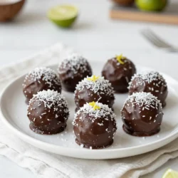 To make Coconut Lime Truffles, you need fresh and simple ingredients. Here&rsquo;s what you will need: - 1 cup unsweetened shredded coconut - 1/2 cup rich coconut cream - 1/4 cup freshly squeezed lime juice - Zest of 2 vibrant limes - 2 tablespoons honey or maple syrup - 1/2 teaspoon pure vanilla extract - 1/4 teaspoon salt - 1 cup dark chocolate chips (optional vegan) - Extra shredded coconut for rolling Each ingredient plays a key role in making your truffles delicious. The unsweetened shredded coconut gives a chewy texture. The coconut cream adds richness and creaminess. Fresh lime juice and zest provide a bright, zesty flavor that lifts the truffles. Honey or maple syrup brings just the right sweetness without overpowering. The vanilla extract adds depth, and salt balances the flavors perfectly. If you choose dark chocolate chips, they give a nice contrast to the sweet truffles. Rolling them in extra shredded coconut adds a fun and tasty finish. This simple list of ingredients gets you on the path to making delightful Coconut Lime Truffles that everyone will love! {{ingredient_image_2}} In a large bowl, gather your ingredients. Add 1 cup of unsweetened shredded coconut, 1/2 cup of rich coconut cream, and 1/4 cup of freshly squeezed lime juice. Don&rsquo;t forget the zest of 2 vibrant limes! Next, mix in 2 tablespoons of honey or maple syrup, 1/2 teaspoon of pure vanilla extract, and 1/4 teaspoon of salt. Stir everything together until it is well blended. The mixture should feel thick and creamy. Once mixed, cover the bowl with plastic wrap or a lid. Place it in the refrigerator for about 30 minutes. Chilling helps the mixture firm up. This step makes it easier to roll the truffles into perfect shapes later. After chilling, take a tablespoon and scoop out some of the mixture. Use your hands to roll each scoop into a smooth ball, about 1 inch wide. Make sure to keep the truffles a uniform size. This will help them look nice when served. Arrange the rolled truffles on a parchment-lined baking sheet. Place them back in the refrigerator for another 15 minutes. This extra chilling step helps them firm up even more before coating them in chocolate. While the truffles chill, it&rsquo;s time to melt the chocolate. You can use a heatproof bowl over simmering water or a microwave. If using a microwave, heat the 1 cup of dark chocolate chips in 30-second bursts. Stir after each interval until the chocolate is completely smooth and melted. Take each chilled truffle and dip it into the melted chocolate. Use a fork or your fingers to ensure they are fully coated. Let any excess chocolate drip back into the bowl. Then, roll the chocolate-covered truffle in extra shredded coconut. This adds a nice touch! Place the coated truffles back on the parchment-lined baking sheet. Return them to the refrigerator for about 30 minutes. This step ensures that the chocolate sets nicely and holds its shape. Once the chocolate has hardened, your Coconut Lime Truffles are ready to serve! You can present them on a decorative platter. For extra flair, garnish with lime slices or fresh mint leaves. Enjoy these sweet and zesty treats! Chilling your mixture is key. After mixing, put it in the fridge for about 30 minutes. This helps the mixture firm up. A firm mixture makes rolling easier. You want your truffles to hold their shape well. Make sure to scoop and roll evenly. Each truffle should be about 1 inch wide. Uniform truffles look great on a plate. Plus, they will set evenly when chilled and coated. You can melt the chocolate in two ways: a double boiler or a microwave. I prefer the double boiler for a gentle heat. It helps prevent burning. If you use a microwave, heat in 30-second bursts. Stir after each burst until smooth. When coating, dip each truffle fully. Use a fork or your fingers to cover every side. Let the excess chocolate drip back. This way, you get a nice, even coat. After coating, roll them in extra shredded coconut. This adds flavor and looks beautiful! Pro Tips Fresh Ingredients: Use fresh limes for the best flavor. Freshly squeezed lime juice and zest will give your truffles a vibrant and zesty taste that bottled products can't replicate. Chill for Better Texture: Don&rsquo;t skip the chilling steps! Allowing the mixture to chill properly makes it easier to roll into balls and helps the chocolate coating set better. Chocolate Coating: For a smoother chocolate coating, temper the chocolate before dipping the truffles. This will give your truffles a glossy finish and a satisfying snap when bitten into. Customization: Feel free to experiment with flavors! Add a touch of mint extract for a refreshing twist or use white chocolate instead of dark for a different flavor profile. {{image_4}} You can make your Coconut Lime Truffles even more exciting. One way is by adding more citrus. Try mixing in orange or lemon zest. This extra zing brightens the flavor and adds depth. You can also squeeze in some extra juice. This makes the truffles even more refreshing. Another great option is to incorporate different extracts. Almond or coconut extract can enhance the coconut flavor. Just a few drops will do the trick. You can mix and match to find the perfect blend for your taste buds. If you want to make these truffles vegan, it&rsquo;s easy! Simply swap honey for maple syrup. This keeps the sweetness without using any animal products. You still get that lovely taste and texture. For those with nut allergies, worry not! These truffles are already nut-free. Just ensure the chocolate chips you choose are also free from nuts. You can enjoy the rich taste without any risk. Store your Coconut Lime Truffles in an airtight container. This keeps them fresh. A glass or plastic container with a tight lid works well. Make sure to separate layers with parchment paper. This prevents them from sticking together. These truffles last about one week in the fridge. Keep them stored properly in the airtight container. Check for any signs of spoilage before you eat them. If they smell off, it&rsquo;s best to toss them. You can freeze Coconut Lime Truffles for longer storage. First, place them on a baking sheet. Freeze them for about one hour until firm. Then, transfer them to an airtight container or freezer bag. Label with the date. They will stay good for up to three months. To enjoy, thaw them in the fridge overnight before serving. To make coconut lime truffles, you start by mixing several ingredients. Combine 1 cup of unsweetened shredded coconut, 1/2 cup of rich coconut cream, and 1/4 cup of freshly squeezed lime juice in a large bowl. Then add the zest of 2 limes, 2 tablespoons of honey (or maple syrup), 1/2 teaspoon of pure vanilla extract, and 1/4 teaspoon of salt. Stir everything well until it blends nicely. Chill the mixture for about 30 minutes. After that, scoop out portions, roll them into balls, and chill again. Finally, dip them in melted chocolate and coat with extra coconut. Yes, you can use sweetened coconut in this recipe. However, keep in mind that it will make the truffles sweeter. If you prefer a less sweet treat, stick with unsweetened coconut. This way, the lime flavor shines through better. If you don't have coconut cream, you can use full-fat coconut milk. Just make sure to chill it first. This will help the cream rise to the top. You can also use a thick cashew cream as a dairy-free option, but the flavor will change slightly. Coconut lime truffles can last for about a week in the fridge. Store them in an airtight container to keep them fresh. If you want them to last longer, you can freeze them. Absolutely! Making these truffles in advance is a great idea. You can prepare and chill them a day or two ahead. Just keep them stored in the fridge or freezer until you&rsquo;re ready to serve. This is perfect for parties or special occasions. In this blog post, I covered the key ingredients and clear steps to make coconut lime truffles. I shared tips on perfecting texture and coating techniques. Also, I included variations for different tastes and dietary needs. These truffles are fun to make and delicious to eat. You can easily enjoy them or share them with friends. Try making them today and experience the joy of these tropical treats!