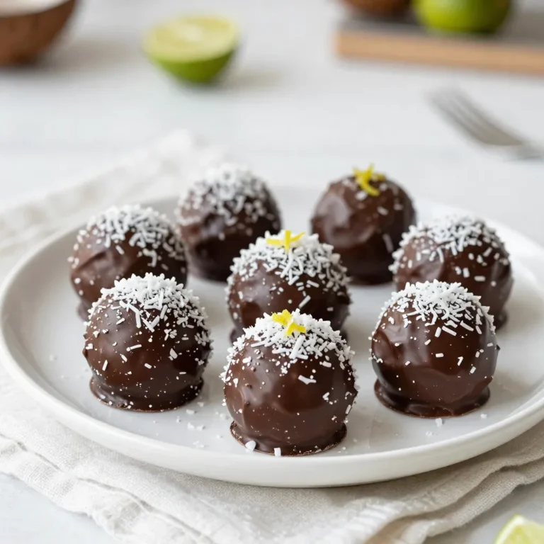 To make Coconut Lime Truffles, you need fresh and simple ingredients. Here’s what you will need: - 1 cup unsweetened shredded coconut - 1/2 cup rich coconut cream - 1/4 cup freshly squeezed lime juice - Zest of 2 vibrant limes - 2 tablespoons honey or maple syrup - 1/2 teaspoon pure vanilla extract - 1/4 teaspoon salt - 1 cup dark chocolate chips (optional vegan) - Extra shredded coconut for rolling Each ingredient plays a key role in making your truffles delicious. The unsweetened shredded coconut gives a chewy texture. The coconut cream adds richness and creaminess. Fresh lime juice and zest provide a bright, zesty flavor that lifts the truffles. Honey or maple syrup brings just the right sweetness without overpowering. The vanilla extract adds depth, and salt balances the flavors perfectly. If you choose dark chocolate chips, they give a nice contrast to the sweet truffles. Rolling them in extra shredded coconut adds a fun and tasty finish. This simple list of ingredients gets you on the path to making delightful Coconut Lime Truffles that everyone will love! {{ingredient_image_2}} In a large bowl, gather your ingredients. Add 1 cup of unsweetened shredded coconut, 1/2 cup of rich coconut cream, and 1/4 cup of freshly squeezed lime juice. Don’t forget the zest of 2 vibrant limes! Next, mix in 2 tablespoons of honey or maple syrup, 1/2 teaspoon of pure vanilla extract, and 1/4 teaspoon of salt. Stir everything together until it is well blended. The mixture should feel thick and creamy. Once mixed, cover the bowl with plastic wrap or a lid. Place it in the refrigerator for about 30 minutes. Chilling helps the mixture firm up. This step makes it easier to roll the truffles into perfect shapes later. After chilling, take a tablespoon and scoop out some of the mixture. Use your hands to roll each scoop into a smooth ball, about 1 inch wide. Make sure to keep the truffles a uniform size. This will help them look nice when served. Arrange the rolled truffles on a parchment-lined baking sheet. Place them back in the refrigerator for another 15 minutes. This extra chilling step helps them firm up even more before coating them in chocolate. While the truffles chill, it’s time to melt the chocolate. You can use a heatproof bowl over simmering water or a microwave. If using a microwave, heat the 1 cup of dark chocolate chips in 30-second bursts. Stir after each interval until the chocolate is completely smooth and melted. Take each chilled truffle and dip it into the melted chocolate. Use a fork or your fingers to ensure they are fully coated. Let any excess chocolate drip back into the bowl. Then, roll the chocolate-covered truffle in extra shredded coconut. This adds a nice touch! Place the coated truffles back on the parchment-lined baking sheet. Return them to the refrigerator for about 30 minutes. This step ensures that the chocolate sets nicely and holds its shape. Once the chocolate has hardened, your Coconut Lime Truffles are ready to serve! You can present them on a decorative platter. For extra flair, garnish with lime slices or fresh mint leaves. Enjoy these sweet and zesty treats! Chilling your mixture is key. After mixing, put it in the fridge for about 30 minutes. This helps the mixture firm up. A firm mixture makes rolling easier. You want your truffles to hold their shape well. Make sure to scoop and roll evenly. Each truffle should be about 1 inch wide. Uniform truffles look great on a plate. Plus, they will set evenly when chilled and coated. You can melt the chocolate in two ways: a double boiler or a microwave. I prefer the double boiler for a gentle heat. It helps prevent burning. If you use a microwave, heat in 30-second bursts. Stir after each burst until smooth. When coating, dip each truffle fully. Use a fork or your fingers to cover every side. Let the excess chocolate drip back. This way, you get a nice, even coat. After coating, roll them in extra shredded coconut. This adds flavor and looks beautiful! Pro Tips Fresh Ingredients: Use fresh limes for the best flavor. Freshly squeezed lime juice and zest will give your truffles a vibrant and zesty taste that bottled products can't replicate. Chill for Better Texture: Don’t skip the chilling steps! Allowing the mixture to chill properly makes it easier to roll into balls and helps the chocolate coating set better. Chocolate Coating: For a smoother chocolate coating, temper the chocolate before dipping the truffles. This will give your truffles a glossy finish and a satisfying snap when bitten into. Customization: Feel free to experiment with flavors! Add a touch of mint extract for a refreshing twist or use white chocolate instead of dark for a different flavor profile. {{image_4}} You can make your Coconut Lime Truffles even more exciting. One way is by adding more citrus. Try mixing in orange or lemon zest. This extra zing brightens the flavor and adds depth. You can also squeeze in some extra juice. This makes the truffles even more refreshing. Another great option is to incorporate different extracts. Almond or coconut extract can enhance the coconut flavor. Just a few drops will do the trick. You can mix and match to find the perfect blend for your taste buds. If you want to make these truffles vegan, it’s easy! Simply swap honey for maple syrup. This keeps the sweetness without using any animal products. You still get that lovely taste and texture. For those with nut allergies, worry not! These truffles are already nut-free. Just ensure the chocolate chips you choose are also free from nuts. You can enjoy the rich taste without any risk. Store your Coconut Lime Truffles in an airtight container. This keeps them fresh. A glass or plastic container with a tight lid works well. Make sure to separate layers with parchment paper. This prevents them from sticking together. These truffles last about one week in the fridge. Keep them stored properly in the airtight container. Check for any signs of spoilage before you eat them. If they smell off, it’s best to toss them. You can freeze Coconut Lime Truffles for longer storage. First, place them on a baking sheet. Freeze them for about one hour until firm. Then, transfer them to an airtight container or freezer bag. Label with the date. They will stay good for up to three months. To enjoy, thaw them in the fridge overnight before serving. To make coconut lime truffles, you start by mixing several ingredients. Combine 1 cup of unsweetened shredded coconut, 1/2 cup of rich coconut cream, and 1/4 cup of freshly squeezed lime juice in a large bowl. Then add the zest of 2 limes, 2 tablespoons of honey (or maple syrup), 1/2 teaspoon of pure vanilla extract, and 1/4 teaspoon of salt. Stir everything well until it blends nicely. Chill the mixture for about 30 minutes. After that, scoop out portions, roll them into balls, and chill again. Finally, dip them in melted chocolate and coat with extra coconut. Yes, you can use sweetened coconut in this recipe. However, keep in mind that it will make the truffles sweeter. If you prefer a less sweet treat, stick with unsweetened coconut. This way, the lime flavor shines through better. If you don't have coconut cream, you can use full-fat coconut milk. Just make sure to chill it first. This will help the cream rise to the top. You can also use a thick cashew cream as a dairy-free option, but the flavor will change slightly. Coconut lime truffles can last for about a week in the fridge. Store them in an airtight container to keep them fresh. If you want them to last longer, you can freeze them. Absolutely! Making these truffles in advance is a great idea. You can prepare and chill them a day or two ahead. Just keep them stored in the fridge or freezer until you’re ready to serve. This is perfect for parties or special occasions. In this blog post, I covered the key ingredients and clear steps to make coconut lime truffles. I shared tips on perfecting texture and coating techniques. Also, I included variations for different tastes and dietary needs. These truffles are fun to make and delicious to eat. You can easily enjoy them or share them with friends. Try making them today and experience the joy of these tropical treats!