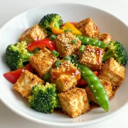- 1 block (14 oz) firm tofu, thoroughly drained and pressed - 2 tablespoons cornstarch - 2 tablespoons vegetable oil - 1 bell pepper (choose either red or yellow), thinly sliced - 1 cup broccoli florets - 1 cup snap peas, trimmed - 2 green onions, finely chopped - 3 cloves garlic, minced - 1 teaspoon fresh ginger, grated - 1/4 cup teriyaki sauce - Sesame seeds for garnish To create a delicious Crispy Teriyaki Tofu Stir-Fry, these ingredients are key. The firm tofu provides a great base. Cornstarch helps achieve that crunchy texture we all love. Vegetable oil is important for frying. Fresh veggies bring color and flavor to the dish. Garlic and ginger add depth. Finally, the teriyaki sauce ties everything together with a sweet, savory touch. For the best results, start with firm tofu. Press it well to remove extra water. This makes it easier to achieve crispiness. Cut the tofu into 1-inch cubes. This size helps it fry evenly. Then, coat the cubes in cornstarch. Make sure every piece is well-covered. This step is crucial for that perfect crunch. You can mix and match your veggies to suit your taste. Bell peppers, broccoli, and snap peas work well together. They add great color and crunch. Other good options are carrots, zucchini, or baby corn. Feel free to experiment! Using seasonal veggies can also enhance the dish's flavor. Just remember to cut them into similar sizes for even cooking. {{ingredient_image_2}} Start by cutting the pressed tofu into cubes. Aim for 1-inch pieces. This size helps the tofu crisp up nicely. Next, take a medium bowl and add the cornstarch. Toss the tofu cubes in the cornstarch until they are fully coated. This step is what gives the tofu its crunchy texture. Now it's time to cook the veggies. Heat 2 tablespoons of vegetable oil in a large skillet or wok over medium-high heat. When the oil shimmers, carefully add the tofu cubes in a single layer. Cook them for 5-7 minutes. Flip them occasionally to brown all sides. You want a golden-brown color on the outside. Remove the tofu and set it aside on a paper towel-lined plate to soak up excess oil. In that same skillet, add your sliced bell pepper, broccoli florets, and snap peas. Stir-fry these veggies for about 4-5 minutes. You want them to be bright and just tender. Once they look good, stir in the minced garlic and grated ginger. Cook for another minute to let those flavors come out. Next, add the crispy tofu back into the skillet. Pour in the teriyaki sauce and gently toss everything together. Ensure that the tofu and veggies get coated in that yummy sauce. Let it all heat through for another 2-3 minutes. Lastly, take the skillet off the heat. Sprinkle chopped green onions and sesame seeds on top for a nice finish. This adds color and crunch. Serve your stir-fry in a bowl. Maybe drizzle some extra teriyaki sauce on top for good measure! To get the best crispiness, start with firm tofu. Drain and press it well. Cut the tofu into 1-inch cubes. This size helps it fry evenly. Coat the tofu cubes in cornstarch. This step is key for that crunchy texture. Heat your skillet until the oil is shimmering. Place the tofu in a single layer to avoid steaming. Flip them often for even browning. Aim for a golden-brown color on all sides. Boost the flavor with fresh garlic and ginger. They add great depth to the dish. You can also use low-sodium teriyaki sauce for a lighter option. For a bit of heat, add red pepper flakes or sriracha. Fresh herbs like cilantro or basil can brighten the dish. Finally, a sprinkle of sesame seeds adds a nice crunch and nutty flavor. To save time, prepare your veggies ahead of time. Slice bell peppers and trim snap peas a day before. Store them in airtight containers. You can also pre-cook the tofu and store it in the fridge. When you&rsquo;re ready to eat, just stir-fry the veggies and add the tofu. Serve it over rice or noodles for a complete meal. This makes dinner quick and simple on busy nights. Pro Tips Press Tofu Well: Ensure you press the tofu for at least 30 minutes to remove excess moisture, which helps achieve the desired crispiness when cooked. Use High Heat: Cooking on medium-high heat is crucial for achieving that golden-brown, crispy exterior on the tofu while keeping the inside tender. Customize Veggies: Feel free to swap in your favorite vegetables! Carrots, snow peas, or zucchini can all be delicious alternatives in this stir-fry. Garnish Options: Besides sesame seeds and green onions, consider adding crushed peanuts or a squeeze of lime for an extra pop of flavor. {{image_4}} If you want a vegan teriyaki sauce, you can make it at home. Combine soy sauce, maple syrup, rice vinegar, and sesame oil. This mix gives you a sweet and salty flavor without any animal products. You can also add garlic or ginger for extra taste. Feel free to change up the veggies in your stir-fry! Some great choices include carrots, zucchini, or mushrooms. You can even use leafy greens like spinach or bok choy. Each vegetable adds a unique flavor and texture, making your dish even better. If you&rsquo;re not into tofu, you can use chicken or shrimp instead. Cut your protein into bite-sized pieces. Cook it in the skillet before adding the veggies. This swap will still keep the meal tasty and satisfying. You can also try beef or pork for a heartier option. To store leftover stir-fry, let it cool first. Place it in an airtight container. Make sure to seal it well to keep air out. This helps the flavors stay fresh. You can store it in the fridge for up to three days. If you want to keep it longer, freeze it for up to two months. Just remember to label the container with the date. To reheat your stir-fry, you can use a few methods. The best way is to use a skillet. Heat it on medium heat and add your stir-fry. Stir it often until it is hot. You can also use a microwave. Place your stir-fry in a microwave-safe bowl and cover it loosely. Heat it in short bursts, stirring in between, until it is warm. The shelf life of the main ingredients varies. Tofu can last about a week in the fridge once opened. Fresh vegetables like bell peppers and broccoli will stay good for about a week, too. Snap peas should be eaten within three to five days for the best taste and crunch. Teriyaki sauce can last for months if kept sealed and refrigerated. Always check for any signs of spoilage before using ingredients. Yes, you can use different types of tofu. Firm tofu works best for this recipe. Soft or silken tofu can break apart when cooked. If you prefer a different texture, try extra-firm tofu. It will still crisp up nicely in the pan. Some great side dishes include: - Steamed rice or quinoa - A fresh green salad - Stir-fried vegetables - Edamame beans These sides pair well and add more nutrition to your meal. To make this recipe gluten-free, choose a gluten-free teriyaki sauce. Many brands offer this option. Check the label to ensure it meets your needs. You can also use tamari sauce, which is naturally gluten-free. This blog post explored making a tasty Crispy Teriyaki Tofu Stir-Fry. We discussed key ingredients, tofu prep, and the best veggies. I shared step-by-step instructions for cooking. You learned how to make crispy tofu and enhance flavors. I also covered meal prep tips and variations for dietary needs. Finally, we looked at proper storage and answered common questions. Try this dish for a quick, delicious meal that everyone will enjoy!