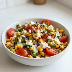 - 4 ears of corn, grilled and kernels removed - 1 cup cherry tomatoes, halved - &frac12; cup red onion, finely chopped - 1 jalape&ntilde;o, seeded and minced - &frac12; cup fresh cilantro, chopped - &frac12; cup feta cheese, crumbled - &frac14; cup creamy mayonnaise - 2 tablespoons freshly squeezed lime juice - 1 teaspoon chili powder - Salt and freshly cracked pepper to taste This salad has a bright and fresh taste. Each ingredient plays a key role. The corn gives sweetness and crunch. Cherry tomatoes add juiciness and color. Red onion brings a mild bite, while jalape&ntilde;o offers a spicy kick. Cilantro adds a fresh herb flavor, and feta cheese adds creaminess. For the dressing, creamy mayonnaise binds everything together. Lime juice brightens the dish, and chili powder gives it a warm spice. Salt and pepper enhance all the flavors. When you gather these ingredients, you prepare for a fun cooking experience. Each element builds layers of texture and flavor. Enjoy the process of making this vibrant Mexican street corn salad! {{ingredient_image_2}} First, preheat your grill to medium-high heat. This takes about 10 minutes. Grill the ears of corn for about 10 to 12 minutes. Turn them every few minutes until they are nicely charred and tender. After grilling, let the corn cool a bit. Then, carefully cut off the kernels and put them in a large bowl. Next, add 1 cup of halved cherry tomatoes, &frac12; cup of finely chopped red onion, and 1 minced jalape&ntilde;o to the bowl. This mix adds bright colors and bold flavors to your salad. Stir gently to combine. Now, fold in &frac12; cup of chopped cilantro and &frac12; cup of crumbled feta cheese. The cilantro gives a fresh taste, while the feta adds creaminess. Always use fresh ingredients for the best flavor. In a small bowl, whisk together &frac14; cup of creamy mayonnaise, 2 tablespoons of freshly squeezed lime juice, and 1 teaspoon of chili powder. Add salt and pepper to taste. Make sure to whisk until it is smooth and creamy. A smooth dressing helps blend the flavors well. Pour the dressing over the corn mixture. Toss everything gently to coat the ingredients evenly. This step is key for ensuring every bite is full of flavor. Take a moment to taste your salad. Adjust the seasoning with more salt, pepper, or lime juice if needed. Let the salad sit for at least 10 minutes before serving. This resting time allows the flavors to meld together, making every bite delicious. To get the best char on your corn, grill it over medium-high heat. Turn the corn every few minutes. Aim for about 10 to 12 minutes of grilling time. You want the kernels to be tender and have a nice char. This step adds a smoky flavor. If you like, you can soak the corn in water before grilling. This keeps it juicy and helps it cook evenly. If you want to skip mayonnaise, try Greek yogurt or sour cream instead. Both add creaminess and tang. For a spicy kick, add hot sauce or diced chipotle peppers to the dressing. If you prefer a sweeter option, mix in honey or agave syrup. These changes let you tailor the flavors to your taste. Serve your salad in a bright, colorful bowl to catch the eye. Garnish with extra cilantro and a sprinkle of chili powder. This adds a nice touch and enhances the flavor. You can also add lime wedges on the side. This lets guests squeeze fresh lime over their servings for a zesty boost. A beautiful presentation makes the dish even more inviting! Pro Tips Grill with Care: Ensure your grill is preheated properly for even cooking and to achieve those beautiful grill marks on the corn. Fresh Ingredients Matter: Use fresh, in-season corn and ripe tomatoes for the best flavor and texture in your salad. Customize the Heat: Adjust the amount of jalape&ntilde;o based on your spice preference, or substitute with a milder pepper if desired. Resting Time: Allowing the salad to rest before serving enhances the flavors, making for a more delicious dish. {{image_4}} You can add more heat to your salad with jalape&ntilde;os. Chop up extra jalape&ntilde;os and mix them in. For more spice, use a pinch of cayenne pepper or chili flakes. You can also add hot sauce to the dressing. This gives your dish a nice kick. If you want a vegetarian version, you can swap the feta cheese. Try using avocado or a nut-based cheese. For a creamy dressing, you can replace mayonnaise with Greek yogurt or silken tofu. Both options keep it light and tasty. Change the ingredients with the seasons for fresh flavors. In summer, you can add diced bell peppers or cucumbers. In fall, consider roasted butternut squash. Using seasonal veggies makes the salad unique and keeps it interesting year-round. Store leftover Mexican street corn salad in an airtight container. This keeps it fresh for up to three days. Before sealing, make sure the salad is completely cool. You can also cover it tightly with plastic wrap if you prefer. To maintain freshness, keep it in the fridge. Avoid letting it sit out at room temperature for too long. If you made the salad ahead, give it a gentle stir before serving. This helps mix the flavors again. Can you freeze corn salad? I don&rsquo;t recommend it. The texture of the corn and veggies changes when frozen. However, if you need to freeze it, do so without the dressing. Pack the salad in a freezer-safe container or bag. Remove as much air as possible to prevent freezer burn. When it&rsquo;s time to eat, thaw it in the fridge overnight. After thawing, you can add fresh dressing to enhance the flavor. Mexican Street Corn Salad is a fresh dish inspired by elote, a popular street food in Mexico. It features grilled corn, which gives it a smoky flavor. The salad is colorful, thanks to tomatoes, onions, and herbs. Feta cheese adds creaminess, while lime juice and chili powder bring a zesty kick. This dish reflects the vibrant flavors of Mexican cuisine and brings a taste of tradition to your table. Yes, you can make this salad ahead of time! Prepare the salad, but do not add the dressing yet. Store the salad in the fridge for up to a day. When you&rsquo;re ready to serve, mix in the dressing. This keeps the salad fresh and crunchy. If you prefer, you can also grill the corn a day before. Just store it in the fridge until you are ready to use it. To make this salad vegan, swap the feta cheese for a plant-based cheese. You can also replace creamy mayonnaise with vegan mayo or a mixture of avocado and lime juice. This keeps the salad rich and tasty while fitting a vegan diet. Enjoy the same flavors without dairy! Yes, you can use frozen corn! It&rsquo;s a great option if fresh corn is not available. First, thaw the corn and drain any excess water. For the best flavor, briefly saut&eacute; the thawed corn in a pan for a few minutes. This gives it a slight char, similar to grilled corn. However, fresh corn offers the best taste and texture. This salad pairs well with many dishes! Serve it with grilled meats like chicken or steak. It also goes great with tacos or quesadillas for a full meal. For a light option, enjoy it with tortilla chips and salsa. You can even serve it at barbecues or picnics, making it a versatile choice for any occasion. This article covered how to make a delicious Mexican Street Corn Salad. We discussed each ingredient and the step-by-step process. Tips for grilling, customizing flavors, and presenting the dish were also helpful. Enjoy experimenting with seasonal variations and dietary needs. Remember, fresh ingredients shine in this recipe. Try it with friends or family for a tasty gathering. Your corn salad will impress and satisfy everyone. Get ready to enjoy a vibrant, flavorful dish!