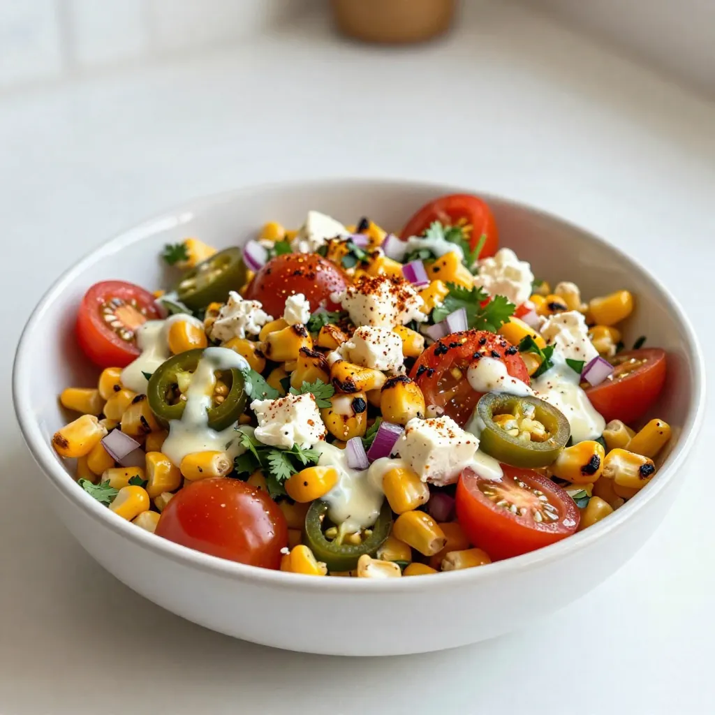 - 4 ears of corn, grilled and kernels removed - 1 cup cherry tomatoes, halved - ½ cup red onion, finely chopped - 1 jalapeño, seeded and minced - ½ cup fresh cilantro, chopped - ½ cup feta cheese, crumbled - ¼ cup creamy mayonnaise - 2 tablespoons freshly squeezed lime juice - 1 teaspoon chili powder - Salt and freshly cracked pepper to taste This salad has a bright and fresh taste. Each ingredient plays a key role. The corn gives sweetness and crunch. Cherry tomatoes add juiciness and color. Red onion brings a mild bite, while jalapeño offers a spicy kick. Cilantro adds a fresh herb flavor, and feta cheese adds creaminess. For the dressing, creamy mayonnaise binds everything together. Lime juice brightens the dish, and chili powder gives it a warm spice. Salt and pepper enhance all the flavors. When you gather these ingredients, you prepare for a fun cooking experience. Each element builds layers of texture and flavor. Enjoy the process of making this vibrant Mexican street corn salad! {{ingredient_image_2}} First, preheat your grill to medium-high heat. This takes about 10 minutes. Grill the ears of corn for about 10 to 12 minutes. Turn them every few minutes until they are nicely charred and tender. After grilling, let the corn cool a bit. Then, carefully cut off the kernels and put them in a large bowl. Next, add 1 cup of halved cherry tomatoes, ½ cup of finely chopped red onion, and 1 minced jalapeño to the bowl. This mix adds bright colors and bold flavors to your salad. Stir gently to combine. Now, fold in ½ cup of chopped cilantro and ½ cup of crumbled feta cheese. The cilantro gives a fresh taste, while the feta adds creaminess. Always use fresh ingredients for the best flavor. In a small bowl, whisk together ¼ cup of creamy mayonnaise, 2 tablespoons of freshly squeezed lime juice, and 1 teaspoon of chili powder. Add salt and pepper to taste. Make sure to whisk until it is smooth and creamy. A smooth dressing helps blend the flavors well. Pour the dressing over the corn mixture. Toss everything gently to coat the ingredients evenly. This step is key for ensuring every bite is full of flavor. Take a moment to taste your salad. Adjust the seasoning with more salt, pepper, or lime juice if needed. Let the salad sit for at least 10 minutes before serving. This resting time allows the flavors to meld together, making every bite delicious. To get the best char on your corn, grill it over medium-high heat. Turn the corn every few minutes. Aim for about 10 to 12 minutes of grilling time. You want the kernels to be tender and have a nice char. This step adds a smoky flavor. If you like, you can soak the corn in water before grilling. This keeps it juicy and helps it cook evenly. If you want to skip mayonnaise, try Greek yogurt or sour cream instead. Both add creaminess and tang. For a spicy kick, add hot sauce or diced chipotle peppers to the dressing. If you prefer a sweeter option, mix in honey or agave syrup. These changes let you tailor the flavors to your taste. Serve your salad in a bright, colorful bowl to catch the eye. Garnish with extra cilantro and a sprinkle of chili powder. This adds a nice touch and enhances the flavor. You can also add lime wedges on the side. This lets guests squeeze fresh lime over their servings for a zesty boost. A beautiful presentation makes the dish even more inviting! Pro Tips Grill with Care: Ensure your grill is preheated properly for even cooking and to achieve those beautiful grill marks on the corn. Fresh Ingredients Matter: Use fresh, in-season corn and ripe tomatoes for the best flavor and texture in your salad. Customize the Heat: Adjust the amount of jalapeño based on your spice preference, or substitute with a milder pepper if desired. Resting Time: Allowing the salad to rest before serving enhances the flavors, making for a more delicious dish. {{image_4}} You can add more heat to your salad with jalapeños. Chop up extra jalapeños and mix them in. For more spice, use a pinch of cayenne pepper or chili flakes. You can also add hot sauce to the dressing. This gives your dish a nice kick. If you want a vegetarian version, you can swap the feta cheese. Try using avocado or a nut-based cheese. For a creamy dressing, you can replace mayonnaise with Greek yogurt or silken tofu. Both options keep it light and tasty. Change the ingredients with the seasons for fresh flavors. In summer, you can add diced bell peppers or cucumbers. In fall, consider roasted butternut squash. Using seasonal veggies makes the salad unique and keeps it interesting year-round. Store leftover Mexican street corn salad in an airtight container. This keeps it fresh for up to three days. Before sealing, make sure the salad is completely cool. You can also cover it tightly with plastic wrap if you prefer. To maintain freshness, keep it in the fridge. Avoid letting it sit out at room temperature for too long. If you made the salad ahead, give it a gentle stir before serving. This helps mix the flavors again. Can you freeze corn salad? I don’t recommend it. The texture of the corn and veggies changes when frozen. However, if you need to freeze it, do so without the dressing. Pack the salad in a freezer-safe container or bag. Remove as much air as possible to prevent freezer burn. When it’s time to eat, thaw it in the fridge overnight. After thawing, you can add fresh dressing to enhance the flavor. Mexican Street Corn Salad is a fresh dish inspired by elote, a popular street food in Mexico. It features grilled corn, which gives it a smoky flavor. The salad is colorful, thanks to tomatoes, onions, and herbs. Feta cheese adds creaminess, while lime juice and chili powder bring a zesty kick. This dish reflects the vibrant flavors of Mexican cuisine and brings a taste of tradition to your table. Yes, you can make this salad ahead of time! Prepare the salad, but do not add the dressing yet. Store the salad in the fridge for up to a day. When you’re ready to serve, mix in the dressing. This keeps the salad fresh and crunchy. If you prefer, you can also grill the corn a day before. Just store it in the fridge until you are ready to use it. To make this salad vegan, swap the feta cheese for a plant-based cheese. You can also replace creamy mayonnaise with vegan mayo or a mixture of avocado and lime juice. This keeps the salad rich and tasty while fitting a vegan diet. Enjoy the same flavors without dairy! Yes, you can use frozen corn! It’s a great option if fresh corn is not available. First, thaw the corn and drain any excess water. For the best flavor, briefly sauté the thawed corn in a pan for a few minutes. This gives it a slight char, similar to grilled corn. However, fresh corn offers the best taste and texture. This salad pairs well with many dishes! Serve it with grilled meats like chicken or steak. It also goes great with tacos or quesadillas for a full meal. For a light option, enjoy it with tortilla chips and salsa. You can even serve it at barbecues or picnics, making it a versatile choice for any occasion. This article covered how to make a delicious Mexican Street Corn Salad. We discussed each ingredient and the step-by-step process. Tips for grilling, customizing flavors, and presenting the dish were also helpful. Enjoy experimenting with seasonal variations and dietary needs. Remember, fresh ingredients shine in this recipe. Try it with friends or family for a tasty gathering. Your corn salad will impress and satisfy everyone. Get ready to enjoy a vibrant, flavorful dish!