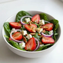 For a vibrant Strawberry Spinach Salad, gather these fresh ingredients: - 4 cups fresh baby spinach, thoroughly washed and dried - 1 cup strawberries, hulled and sliced into thin rounds - 1/2 cup feta cheese, crumbled into bite-sized pieces - 1/4 cup sliced almonds, lightly toasted until golden brown - 1/4 red onion, finely sliced into thin rings These fresh ingredients create a colorful and tasty salad. Spinach adds a crunchy base, while strawberries bring sweetness. Feta cheese offers a creamy note, and toasted almonds add a lovely crunch. The red onion adds a sharp flavor that rounds out the dish. For the dressing, you will need: - 1/4 cup high-quality olive oil - 2 tablespoons apple cider vinegar - 2 tablespoons honey or maple syrup for sweetness - 1 tablespoon poppy seeds - Salt and freshly ground black pepper to taste This dressing is simple yet flavorful. Olive oil gives a rich base, while apple cider vinegar adds tang. Honey or maple syrup sweetens the mix perfectly. Poppy seeds add a fun texture and a slight crunch. This salad is a powerhouse of nutrients. Each serving contains: - Calories: Approximately 200 - Protein: 5 grams - Carbohydrates: 15 grams - Fat: 15 grams The spinach provides vitamins A and C. Strawberries offer antioxidants. Feta cheese adds calcium, while almonds give healthy fats. This salad is not only tasty but also good for you! {{ingredient_image_2}} To start, gather your dressing ingredients. In a small bowl, mix together: - 1/4 cup high-quality olive oil - 2 tablespoons apple cider vinegar - 2 tablespoons honey or maple syrup - 1 tablespoon poppy seeds - A pinch of salt and freshly ground black pepper Whisk these ingredients until they blend well. This dressing should be smooth and creamy. The sweet and tangy taste will complement the salad perfectly. Now, take a large salad bowl. Begin by adding: - 4 cups fresh baby spinach, thoroughly washed and dried This spinach serves as a fresh base. Next, layer on: - 1 cup strawberries, hulled and sliced into thin rounds - 1/2 cup feta cheese, crumbled into bite-sized pieces - 1/4 cup sliced almonds, lightly toasted until golden brown - 1/4 red onion, finely sliced into thin rings Arrange these ingredients artfully. The colors will look bright and inviting, making your salad pop! Once you have everything in the bowl, drizzle the poppyseed dressing over the top. Use gentle hands to toss the salad. Make sure the dressing coats each ingredient well. This step is key to enjoy all those flavors together. Serve your salad right away. You can use a large bowl for sharing or individual plates for a more stylish look. For a final touch, garnish with extra almonds and a few whole strawberries. This adds a beautiful finish to your dish! When selecting strawberries, look for bright red color. They should feel firm and plump. Check for any white or green spots, as this means they are not ripe. Smell the strawberries; a sweet scent means they are fresh. Always pick organic strawberries when possible. They taste better and are healthier for you. If you have leftover salad, store it in an airtight container. Keep the dressing separate to avoid sogginess. The salad will stay fresh for up to two days. Place any leftover strawberries on top to keep them from bruising. Always check for freshness before eating. You can make this salad even better! Try adding grilled chicken for protein. Avocado adds a creamy texture and healthy fats. For a crunch, toss in some sunflower seeds or pumpkin seeds. Fresh herbs like mint or basil can brighten the flavors. Experiment to find your favorite mix! Pro Tips Fresh Spinach is Key: Always choose fresh, vibrant baby spinach for the best flavor and texture. Wilted or yellowing leaves can affect the overall taste of your salad. Toast the Almonds: Lightly toasting the almonds enhances their nutty flavor and adds a delightful crunch to your salad. Be sure to watch them closely to avoid burning. Adjust Sweetness: Feel free to adjust the amount of honey or maple syrup in the dressing according to your taste preference. Start with less and add more if needed. Chill the Ingredients: For a refreshing salad, chill your ingredients in the refrigerator for about 30 minutes before assembling. This adds a nice crispness to each bite. {{image_4}} You can easily boost this salad's nutrition by adding protein. Grilled chicken is a great choice. Simply slice cooked chicken breast and place it on top. This adds flavor and makes the salad more filling. If you prefer a plant-based option, try cooked quinoa. It adds texture and is packed with protein. Just sprinkle it over the salad, and you&rsquo;re set! If you want to change the nuts, you can! Walnuts or pecans work well in this salad. They give a nice crunch and pair well with the other flavors. Toast them lightly for extra taste. If you have nut allergies, seeds like sunflower or pumpkin seeds are great substitutes. They add a delightful crunch without the nuts. This salad is not just for summer! You can make it all year long. In spring, add fresh peas or asparagus for a pop of green. In fall, try adding roasted sweet potatoes or apples for a cozy touch. In winter, pomegranate seeds add a burst of color and taste. This way, you enjoy fresh flavors no matter the season! To keep your strawberry spinach salad fresh, store the ingredients separately. This keeps the spinach crisp and prevents soggy salad. Wash and dry the spinach well. Place it in a clean container lined with paper towels. This helps absorb moisture. Keep strawberries in a different container, covered lightly. The feta cheese and almonds should also have separate containers. Store them in airtight bags or containers to keep them fresh. Using the right containers is key. Glass containers work well because they don&rsquo;t stain and seal tightly. If you use plastic, make sure it is BPA-free. Choose containers with lids that lock in air. This helps keep ingredients fresh for longer. Keep everything in the fridge until you are ready to toss the salad. The salad ingredients, when stored properly, can last for about three days in the fridge. The spinach should stay fresh for at least two days. Strawberries can last up to three days, depending on their ripeness. The dressing, if stored in a sealed jar, can last for about a week. Always check for any signs of spoilage before using. Enjoy your salad fresh for the best taste! Yes, you can make the dressing ahead of time. Just mix the olive oil, apple cider vinegar, honey, poppy seeds, and a pinch of salt and pepper in a bowl. Whisk it well until blended. Pour it into a jar and seal it tight. Store it in the fridge for up to a week. This makes it easy to whip up the salad later. Just shake the jar to mix it again before using. If you don't have feta cheese, you can try goat cheese. It has a creamy taste that fits well. You can also use ricotta or blue cheese for a stronger flavor. For a dairy-free option, try crumbled tofu or a nut-based cheese. These substitutes will still give your salad a nice texture and taste. Yes, this salad is great for meal prep! You can prepare the salad ingredients separately. Keep the spinach, strawberries, and onions in a container. Store the feta and almonds in another. Make the dressing in a jar. When you're ready to eat, just toss everything together. This keeps the salad fresh and crisp. Enjoy it throughout the week! In this blog post, we looked at how to make a fresh salad. We covered the key ingredients like strawberries and dressing. I shared easy steps for making poppyseed dressing and assembling the salad. You learned tips for choosing fresh strawberries and storing leftovers. We also explored fun variations to keep it exciting all year. Remember, this salad is great for meal prep and can fit many tastes. Enjoy creating your version with fresh flavors that you love!