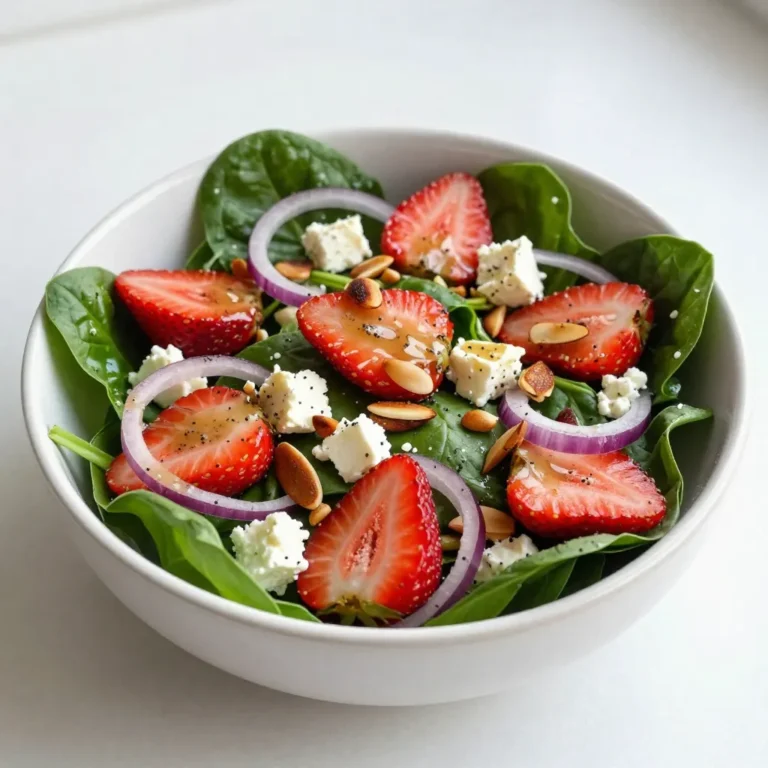 For a vibrant Strawberry Spinach Salad, gather these fresh ingredients: - 4 cups fresh baby spinach, thoroughly washed and dried - 1 cup strawberries, hulled and sliced into thin rounds - 1/2 cup feta cheese, crumbled into bite-sized pieces - 1/4 cup sliced almonds, lightly toasted until golden brown - 1/4 red onion, finely sliced into thin rings These fresh ingredients create a colorful and tasty salad. Spinach adds a crunchy base, while strawberries bring sweetness. Feta cheese offers a creamy note, and toasted almonds add a lovely crunch. The red onion adds a sharp flavor that rounds out the dish. For the dressing, you will need: - 1/4 cup high-quality olive oil - 2 tablespoons apple cider vinegar - 2 tablespoons honey or maple syrup for sweetness - 1 tablespoon poppy seeds - Salt and freshly ground black pepper to taste This dressing is simple yet flavorful. Olive oil gives a rich base, while apple cider vinegar adds tang. Honey or maple syrup sweetens the mix perfectly. Poppy seeds add a fun texture and a slight crunch. This salad is a powerhouse of nutrients. Each serving contains: - Calories: Approximately 200 - Protein: 5 grams - Carbohydrates: 15 grams - Fat: 15 grams The spinach provides vitamins A and C. Strawberries offer antioxidants. Feta cheese adds calcium, while almonds give healthy fats. This salad is not only tasty but also good for you! {{ingredient_image_2}} To start, gather your dressing ingredients. In a small bowl, mix together: - 1/4 cup high-quality olive oil - 2 tablespoons apple cider vinegar - 2 tablespoons honey or maple syrup - 1 tablespoon poppy seeds - A pinch of salt and freshly ground black pepper Whisk these ingredients until they blend well. This dressing should be smooth and creamy. The sweet and tangy taste will complement the salad perfectly. Now, take a large salad bowl. Begin by adding: - 4 cups fresh baby spinach, thoroughly washed and dried This spinach serves as a fresh base. Next, layer on: - 1 cup strawberries, hulled and sliced into thin rounds - 1/2 cup feta cheese, crumbled into bite-sized pieces - 1/4 cup sliced almonds, lightly toasted until golden brown - 1/4 red onion, finely sliced into thin rings Arrange these ingredients artfully. The colors will look bright and inviting, making your salad pop! Once you have everything in the bowl, drizzle the poppyseed dressing over the top. Use gentle hands to toss the salad. Make sure the dressing coats each ingredient well. This step is key to enjoy all those flavors together. Serve your salad right away. You can use a large bowl for sharing or individual plates for a more stylish look. For a final touch, garnish with extra almonds and a few whole strawberries. This adds a beautiful finish to your dish! When selecting strawberries, look for bright red color. They should feel firm and plump. Check for any white or green spots, as this means they are not ripe. Smell the strawberries; a sweet scent means they are fresh. Always pick organic strawberries when possible. They taste better and are healthier for you. If you have leftover salad, store it in an airtight container. Keep the dressing separate to avoid sogginess. The salad will stay fresh for up to two days. Place any leftover strawberries on top to keep them from bruising. Always check for freshness before eating. You can make this salad even better! Try adding grilled chicken for protein. Avocado adds a creamy texture and healthy fats. For a crunch, toss in some sunflower seeds or pumpkin seeds. Fresh herbs like mint or basil can brighten the flavors. Experiment to find your favorite mix! Pro Tips Fresh Spinach is Key: Always choose fresh, vibrant baby spinach for the best flavor and texture. Wilted or yellowing leaves can affect the overall taste of your salad. Toast the Almonds: Lightly toasting the almonds enhances their nutty flavor and adds a delightful crunch to your salad. Be sure to watch them closely to avoid burning. Adjust Sweetness: Feel free to adjust the amount of honey or maple syrup in the dressing according to your taste preference. Start with less and add more if needed. Chill the Ingredients: For a refreshing salad, chill your ingredients in the refrigerator for about 30 minutes before assembling. This adds a nice crispness to each bite. {{image_4}} You can easily boost this salad's nutrition by adding protein. Grilled chicken is a great choice. Simply slice cooked chicken breast and place it on top. This adds flavor and makes the salad more filling. If you prefer a plant-based option, try cooked quinoa. It adds texture and is packed with protein. Just sprinkle it over the salad, and you’re set! If you want to change the nuts, you can! Walnuts or pecans work well in this salad. They give a nice crunch and pair well with the other flavors. Toast them lightly for extra taste. If you have nut allergies, seeds like sunflower or pumpkin seeds are great substitutes. They add a delightful crunch without the nuts. This salad is not just for summer! You can make it all year long. In spring, add fresh peas or asparagus for a pop of green. In fall, try adding roasted sweet potatoes or apples for a cozy touch. In winter, pomegranate seeds add a burst of color and taste. This way, you enjoy fresh flavors no matter the season! To keep your strawberry spinach salad fresh, store the ingredients separately. This keeps the spinach crisp and prevents soggy salad. Wash and dry the spinach well. Place it in a clean container lined with paper towels. This helps absorb moisture. Keep strawberries in a different container, covered lightly. The feta cheese and almonds should also have separate containers. Store them in airtight bags or containers to keep them fresh. Using the right containers is key. Glass containers work well because they don’t stain and seal tightly. If you use plastic, make sure it is BPA-free. Choose containers with lids that lock in air. This helps keep ingredients fresh for longer. Keep everything in the fridge until you are ready to toss the salad. The salad ingredients, when stored properly, can last for about three days in the fridge. The spinach should stay fresh for at least two days. Strawberries can last up to three days, depending on their ripeness. The dressing, if stored in a sealed jar, can last for about a week. Always check for any signs of spoilage before using. Enjoy your salad fresh for the best taste! Yes, you can make the dressing ahead of time. Just mix the olive oil, apple cider vinegar, honey, poppy seeds, and a pinch of salt and pepper in a bowl. Whisk it well until blended. Pour it into a jar and seal it tight. Store it in the fridge for up to a week. This makes it easy to whip up the salad later. Just shake the jar to mix it again before using. If you don't have feta cheese, you can try goat cheese. It has a creamy taste that fits well. You can also use ricotta or blue cheese for a stronger flavor. For a dairy-free option, try crumbled tofu or a nut-based cheese. These substitutes will still give your salad a nice texture and taste. Yes, this salad is great for meal prep! You can prepare the salad ingredients separately. Keep the spinach, strawberries, and onions in a container. Store the feta and almonds in another. Make the dressing in a jar. When you're ready to eat, just toss everything together. This keeps the salad fresh and crisp. Enjoy it throughout the week! In this blog post, we looked at how to make a fresh salad. We covered the key ingredients like strawberries and dressing. I shared easy steps for making poppyseed dressing and assembling the salad. You learned tips for choosing fresh strawberries and storing leftovers. We also explored fun variations to keep it exciting all year. Remember, this salad is great for meal prep and can fit many tastes. Enjoy creating your version with fresh flavors that you love!