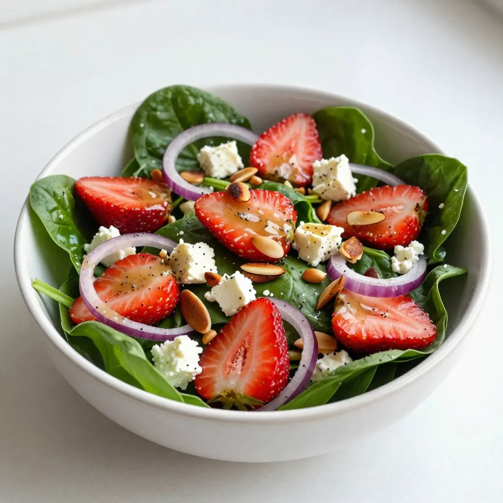 For a vibrant Strawberry Spinach Salad, gather these fresh ingredients: - 4 cups fresh baby spinach, thoroughly washed and dried - 1 cup strawberries, hulled and sliced into thin rounds - 1/2 cup feta cheese, crumbled into bite-sized pieces - 1/4 cup sliced almonds, lightly toasted until golden brown - 1/4 red onion, finely sliced into thin rings These fresh ingredients create a colorful and tasty salad. Spinach adds a crunchy base, while strawberries bring sweetness. Feta cheese offers a creamy note, and toasted almonds add a lovely crunch. The red onion adds a sharp flavor that rounds out the dish. For the dressing, you will need: - 1/4 cup high-quality olive oil - 2 tablespoons apple cider vinegar - 2 tablespoons honey or maple syrup for sweetness - 1 tablespoon poppy seeds - Salt and freshly ground black pepper to taste This dressing is simple yet flavorful. Olive oil gives a rich base, while apple cider vinegar adds tang. Honey or maple syrup sweetens the mix perfectly. Poppy seeds add a fun texture and a slight crunch. This salad is a powerhouse of nutrients. Each serving contains: - Calories: Approximately 200 - Protein: 5 grams - Carbohydrates: 15 grams - Fat: 15 grams The spinach provides vitamins A and C. Strawberries offer antioxidants. Feta cheese adds calcium, while almonds give healthy fats. This salad is not only tasty but also good for you! {{ingredient_image_2}} To start, gather your dressing ingredients. In a small bowl, mix together: - 1/4 cup high-quality olive oil - 2 tablespoons apple cider vinegar - 2 tablespoons honey or maple syrup - 1 tablespoon poppy seeds - A pinch of salt and freshly ground black pepper Whisk these ingredients until they blend well. This dressing should be smooth and creamy. The sweet and tangy taste will complement the salad perfectly. Now, take a large salad bowl. Begin by adding: - 4 cups fresh baby spinach, thoroughly washed and dried This spinach serves as a fresh base. Next, layer on: - 1 cup strawberries, hulled and sliced into thin rounds - 1/2 cup feta cheese, crumbled into bite-sized pieces - 1/4 cup sliced almonds, lightly toasted until golden brown - 1/4 red onion, finely sliced into thin rings Arrange these ingredients artfully. The colors will look bright and inviting, making your salad pop! Once you have everything in the bowl, drizzle the poppyseed dressing over the top. Use gentle hands to toss the salad. Make sure the dressing coats each ingredient well. This step is key to enjoy all those flavors together. Serve your salad right away. You can use a large bowl for sharing or individual plates for a more stylish look. For a final touch, garnish with extra almonds and a few whole strawberries. This adds a beautiful finish to your dish! When selecting strawberries, look for bright red color. They should feel firm and plump. Check for any white or green spots, as this means they are not ripe. Smell the strawberries; a sweet scent means they are fresh. Always pick organic strawberries when possible. They taste better and are healthier for you. If you have leftover salad, store it in an airtight container. Keep the dressing separate to avoid sogginess. The salad will stay fresh for up to two days. Place any leftover strawberries on top to keep them from bruising. Always check for freshness before eating. You can make this salad even better! Try adding grilled chicken for protein. Avocado adds a creamy texture and healthy fats. For a crunch, toss in some sunflower seeds or pumpkin seeds. Fresh herbs like mint or basil can brighten the flavors. Experiment to find your favorite mix! Pro Tips Fresh Spinach is Key: Always choose fresh, vibrant baby spinach for the best flavor and texture. Wilted or yellowing leaves can affect the overall taste of your salad. Toast the Almonds: Lightly toasting the almonds enhances their nutty flavor and adds a delightful crunch to your salad. Be sure to watch them closely to avoid burning. Adjust Sweetness: Feel free to adjust the amount of honey or maple syrup in the dressing according to your taste preference. Start with less and add more if needed. Chill the Ingredients: For a refreshing salad, chill your ingredients in the refrigerator for about 30 minutes before assembling. This adds a nice crispness to each bite. {{image_4}} You can easily boost this salad's nutrition by adding protein. Grilled chicken is a great choice. Simply slice cooked chicken breast and place it on top. This adds flavor and makes the salad more filling. If you prefer a plant-based option, try cooked quinoa. It adds texture and is packed with protein. Just sprinkle it over the salad, and you’re set! If you want to change the nuts, you can! Walnuts or pecans work well in this salad. They give a nice crunch and pair well with the other flavors. Toast them lightly for extra taste. If you have nut allergies, seeds like sunflower or pumpkin seeds are great substitutes. They add a delightful crunch without the nuts. This salad is not just for summer! You can make it all year long. In spring, add fresh peas or asparagus for a pop of green. In fall, try adding roasted sweet potatoes or apples for a cozy touch. In winter, pomegranate seeds add a burst of color and taste. This way, you enjoy fresh flavors no matter the season! To keep your strawberry spinach salad fresh, store the ingredients separately. This keeps the spinach crisp and prevents soggy salad. Wash and dry the spinach well. Place it in a clean container lined with paper towels. This helps absorb moisture. Keep strawberries in a different container, covered lightly. The feta cheese and almonds should also have separate containers. Store them in airtight bags or containers to keep them fresh. Using the right containers is key. Glass containers work well because they don’t stain and seal tightly. If you use plastic, make sure it is BPA-free. Choose containers with lids that lock in air. This helps keep ingredients fresh for longer. Keep everything in the fridge until you are ready to toss the salad. The salad ingredients, when stored properly, can last for about three days in the fridge. The spinach should stay fresh for at least two days. Strawberries can last up to three days, depending on their ripeness. The dressing, if stored in a sealed jar, can last for about a week. Always check for any signs of spoilage before using. Enjoy your salad fresh for the best taste! Yes, you can make the dressing ahead of time. Just mix the olive oil, apple cider vinegar, honey, poppy seeds, and a pinch of salt and pepper in a bowl. Whisk it well until blended. Pour it into a jar and seal it tight. Store it in the fridge for up to a week. This makes it easy to whip up the salad later. Just shake the jar to mix it again before using. If you don't have feta cheese, you can try goat cheese. It has a creamy taste that fits well. You can also use ricotta or blue cheese for a stronger flavor. For a dairy-free option, try crumbled tofu or a nut-based cheese. These substitutes will still give your salad a nice texture and taste. Yes, this salad is great for meal prep! You can prepare the salad ingredients separately. Keep the spinach, strawberries, and onions in a container. Store the feta and almonds in another. Make the dressing in a jar. When you're ready to eat, just toss everything together. This keeps the salad fresh and crisp. Enjoy it throughout the week! In this blog post, we looked at how to make a fresh salad. We covered the key ingredients like strawberries and dressing. I shared easy steps for making poppyseed dressing and assembling the salad. You learned tips for choosing fresh strawberries and storing leftovers. We also explored fun variations to keep it exciting all year. Remember, this salad is great for meal prep and can fit many tastes. Enjoy creating your version with fresh flavors that you love!