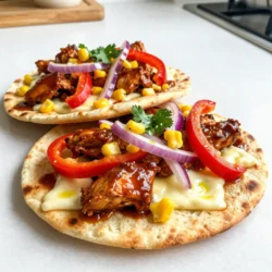 - 2 pieces of flatbread (store-bought or homemade) - 1 cup cooked chicken, shredded - 1/2 cup BBQ sauce (your choice of flavor) - 1/2 cup ranch dressing (creamy and zesty) - 1 cup shredded mozzarella cheese (or a cheese blend if desired) - 1 red bell pepper, thinly sliced into strips - 1/2 red onion, thinly sliced - 1 cup corn (freshly cooked or drained canned) - Fresh cilantro, chopped, for garnish - Olive oil, for brushing on flatbreads - Salt and freshly ground black pepper, to taste Gather these ingredients to start your BBQ Ranch Chicken Flatbread. I love using flatbread because it&rsquo;s quick and easy. You can choose store-bought flatbread or make your own if you have time. The chicken should be cooked and shredded beforehand. Mix it with your favorite BBQ sauce for flavor. Ranch dressing adds a creamy touch and pairs well with BBQ. I often use mozzarella cheese since it melts beautifully, but feel free to switch to your favorite cheese blend. Don't forget the veggies! Red bell pepper adds crunch and color, while red onion gives a nice bite. Corn adds sweetness and texture, making every bite enjoyable. Lastly, I like to garnish with fresh cilantro. It adds brightness and an aromatic touch. Brush olive oil on the flatbreads for extra flavor and a lovely golden color. Sprinkle salt and pepper to elevate the taste. With these ingredients, you&rsquo;ll be on your way to a tasty meal that&rsquo;s sure to impress! {{ingredient_image_2}} 1. Preheat your oven to 400&deg;F (200&deg;C). This temperature helps the flatbreads cook well. 2. On a baking sheet lined with parchment paper, lay out the flatbreads. 3. Use a pastry brush to coat each flatbread lightly with olive oil. 4. Sprinkle a pinch of salt and a dash of pepper on top for extra flavor. 1. In a bowl, mix the shredded chicken with the BBQ sauce. Stir until every piece is coated. 2. Spread ranch dressing evenly over each flatbread. Make sure it reaches the edges. 3. Place the BBQ chicken mixture on top of the ranch dressing. Use a spoon to spread it out. 4. Sprinkle the shredded mozzarella cheese over both flatbreads. 5. Add thin strips of red bell pepper, red onion, and corn on top. 1. Place the baking sheet in the preheated oven. 2. Bake for about 10-12 minutes. Look for melted cheese and golden brown edges. 3. When done, carefully remove the flatbreads from the oven. Enjoy the warm, tasty BBQ Ranch Chicken Flatbread with fresh cilantro on top! To keep flatbreads crisp, brush them lightly with olive oil before baking. This helps form a barrier. Always preheat your oven to 400&deg;F (200&deg;C) for best results. Bake until the edges are golden brown. Avoid adding too much sauce, as it can make the flatbreads soggy. Use just enough ranch and BBQ sauce to coat without flooding. For bubbly cheese, sprinkle it evenly over the flatbread. A mix of mozzarella and a sharper cheese can add depth. To achieve that dreamy melt, bake the flatbreads until the cheese bubbles and turns slightly golden. Experiment with BBQ sauce flavors. Try smoky, spicy, or even sweet variations to change the taste. Adding fresh herbs like thyme or rosemary can elevate the dish. Don&rsquo;t stop there! Toss in sliced jalape&ntilde;os for heat or creamy avocado for richness. You can also add black olives for a briny kick. Each layer of flavor makes this flatbread even more exciting. Pro Tips Chicken Choices: For a more intense flavor, consider using smoked chicken or rotisserie chicken that&rsquo;s already seasoned. Cheese Variations: Experiment with different types of cheese like cheddar or pepper jack for a spicier kick. Flatbread Fun: Try using various types of flatbread, such as naan or pita, for different textures and flavors. Vegetable Add-Ins: Feel free to add other veggies like jalape&ntilde;os or avocado for an extra layer of flavor and nutrition. {{image_4}} You can switch the chicken for pulled pork or beef. Both options add a rich, meaty flavor. Pulled pork pairs well with the BBQ sauce and adds a smoky taste. Beef gives a hearty bite that complements the ranch. For a vegetarian twist, use tofu or jackfruit. Tofu absorbs flavors well and is a great protein source. Jackfruit has a texture similar to pulled meat and works nicely with BBQ sauce. You can use different types of breads or bases like pita or naan. These options bring unique textures and flavors. Pita adds a soft, chewy base, while naan gives a slight crispiness. If you need a gluten-free option, look for gluten-free flatbreads at the store. This way, everyone can enjoy this tasty meal! To keep your BBQ Ranch Chicken Flatbread fresh, follow these steps: - Refrigeration: Place leftover flatbread in an airtight container. This keeps moisture in and air out. Store it in the fridge for up to three days. - Freezing: Wrap flatbreads in plastic wrap, then place in a freezer bag. Label the bag with the date. You can freeze them for up to one month. When you're ready to enjoy leftovers, reheating is key to keeping the taste and texture: - Oven Method: Preheat your oven to 350&deg;F (175&deg;C). Place the flatbread on a baking sheet. Heat for about 10-12 minutes until warm. This keeps the flatbread crisp. - Microwave Method: If you're in a hurry, use the microwave. Place the flatbread on a microwave-safe plate. Heat in 30-second intervals until warm. This method may make the flatbread softer, but it&rsquo;s quick! These steps will help you savor every bite of your delicious BBQ Ranch Chicken Flatbread even after the first serving. You can use lighter options to cut calories. Choose a low-fat ranch dressing. This keeps the taste while lowering fat. For cheese, try part-skim mozzarella. You can also add more veggies. Spinach, zucchini, or mushrooms add nutrients and flavor. Yes, you can prep this dish early. Cook the chicken and mix it with BBQ sauce. Store this in the fridge for up to two days. You can also slice the veggies ahead of time. Assemble the flatbreads just before baking. This keeps them fresh and crispy. Salads pair well with this flatbread. A simple green salad with lemon dressing is great. You can also serve a corn salad for extra sweetness. Dips like guacamole or salsa add fun flavors. These sides make a well-rounded meal. This blog post covered everything you need to know to make BBQ Ranch Chicken Flatbread. You learned about the key ingredients, preparation steps, cooking tips, variations, and storage methods. Making this dish is fun and easy. You can customize it to suit your taste. Try different proteins and toppings to keep things exciting. Enjoy your delicious flatbreads and share them with friends and family. With these tips, you&rsquo;ll impress everyone at the table. Happy cooking!