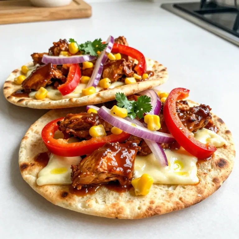 - 2 pieces of flatbread (store-bought or homemade) - 1 cup cooked chicken, shredded - 1/2 cup BBQ sauce (your choice of flavor) - 1/2 cup ranch dressing (creamy and zesty) - 1 cup shredded mozzarella cheese (or a cheese blend if desired) - 1 red bell pepper, thinly sliced into strips - 1/2 red onion, thinly sliced - 1 cup corn (freshly cooked or drained canned) - Fresh cilantro, chopped, for garnish - Olive oil, for brushing on flatbreads - Salt and freshly ground black pepper, to taste Gather these ingredients to start your BBQ Ranch Chicken Flatbread. I love using flatbread because it’s quick and easy. You can choose store-bought flatbread or make your own if you have time. The chicken should be cooked and shredded beforehand. Mix it with your favorite BBQ sauce for flavor. Ranch dressing adds a creamy touch and pairs well with BBQ. I often use mozzarella cheese since it melts beautifully, but feel free to switch to your favorite cheese blend. Don't forget the veggies! Red bell pepper adds crunch and color, while red onion gives a nice bite. Corn adds sweetness and texture, making every bite enjoyable. Lastly, I like to garnish with fresh cilantro. It adds brightness and an aromatic touch. Brush olive oil on the flatbreads for extra flavor and a lovely golden color. Sprinkle salt and pepper to elevate the taste. With these ingredients, you’ll be on your way to a tasty meal that’s sure to impress! {{ingredient_image_2}} 1. Preheat your oven to 400°F (200°C). This temperature helps the flatbreads cook well. 2. On a baking sheet lined with parchment paper, lay out the flatbreads. 3. Use a pastry brush to coat each flatbread lightly with olive oil. 4. Sprinkle a pinch of salt and a dash of pepper on top for extra flavor. 1. In a bowl, mix the shredded chicken with the BBQ sauce. Stir until every piece is coated. 2. Spread ranch dressing evenly over each flatbread. Make sure it reaches the edges. 3. Place the BBQ chicken mixture on top of the ranch dressing. Use a spoon to spread it out. 4. Sprinkle the shredded mozzarella cheese over both flatbreads. 5. Add thin strips of red bell pepper, red onion, and corn on top. 1. Place the baking sheet in the preheated oven. 2. Bake for about 10-12 minutes. Look for melted cheese and golden brown edges. 3. When done, carefully remove the flatbreads from the oven. Enjoy the warm, tasty BBQ Ranch Chicken Flatbread with fresh cilantro on top! To keep flatbreads crisp, brush them lightly with olive oil before baking. This helps form a barrier. Always preheat your oven to 400°F (200°C) for best results. Bake until the edges are golden brown. Avoid adding too much sauce, as it can make the flatbreads soggy. Use just enough ranch and BBQ sauce to coat without flooding. For bubbly cheese, sprinkle it evenly over the flatbread. A mix of mozzarella and a sharper cheese can add depth. To achieve that dreamy melt, bake the flatbreads until the cheese bubbles and turns slightly golden. Experiment with BBQ sauce flavors. Try smoky, spicy, or even sweet variations to change the taste. Adding fresh herbs like thyme or rosemary can elevate the dish. Don’t stop there! Toss in sliced jalapeños for heat or creamy avocado for richness. You can also add black olives for a briny kick. Each layer of flavor makes this flatbread even more exciting. Pro Tips Chicken Choices: For a more intense flavor, consider using smoked chicken or rotisserie chicken that’s already seasoned. Cheese Variations: Experiment with different types of cheese like cheddar or pepper jack for a spicier kick. Flatbread Fun: Try using various types of flatbread, such as naan or pita, for different textures and flavors. Vegetable Add-Ins: Feel free to add other veggies like jalapeños or avocado for an extra layer of flavor and nutrition. {{image_4}} You can switch the chicken for pulled pork or beef. Both options add a rich, meaty flavor. Pulled pork pairs well with the BBQ sauce and adds a smoky taste. Beef gives a hearty bite that complements the ranch. For a vegetarian twist, use tofu or jackfruit. Tofu absorbs flavors well and is a great protein source. Jackfruit has a texture similar to pulled meat and works nicely with BBQ sauce. You can use different types of breads or bases like pita or naan. These options bring unique textures and flavors. Pita adds a soft, chewy base, while naan gives a slight crispiness. If you need a gluten-free option, look for gluten-free flatbreads at the store. This way, everyone can enjoy this tasty meal! To keep your BBQ Ranch Chicken Flatbread fresh, follow these steps: - Refrigeration: Place leftover flatbread in an airtight container. This keeps moisture in and air out. Store it in the fridge for up to three days. - Freezing: Wrap flatbreads in plastic wrap, then place in a freezer bag. Label the bag with the date. You can freeze them for up to one month. When you're ready to enjoy leftovers, reheating is key to keeping the taste and texture: - Oven Method: Preheat your oven to 350°F (175°C). Place the flatbread on a baking sheet. Heat for about 10-12 minutes until warm. This keeps the flatbread crisp. - Microwave Method: If you're in a hurry, use the microwave. Place the flatbread on a microwave-safe plate. Heat in 30-second intervals until warm. This method may make the flatbread softer, but it’s quick! These steps will help you savor every bite of your delicious BBQ Ranch Chicken Flatbread even after the first serving. You can use lighter options to cut calories. Choose a low-fat ranch dressing. This keeps the taste while lowering fat. For cheese, try part-skim mozzarella. You can also add more veggies. Spinach, zucchini, or mushrooms add nutrients and flavor. Yes, you can prep this dish early. Cook the chicken and mix it with BBQ sauce. Store this in the fridge for up to two days. You can also slice the veggies ahead of time. Assemble the flatbreads just before baking. This keeps them fresh and crispy. Salads pair well with this flatbread. A simple green salad with lemon dressing is great. You can also serve a corn salad for extra sweetness. Dips like guacamole or salsa add fun flavors. These sides make a well-rounded meal. This blog post covered everything you need to know to make BBQ Ranch Chicken Flatbread. You learned about the key ingredients, preparation steps, cooking tips, variations, and storage methods. Making this dish is fun and easy. You can customize it to suit your taste. Try different proteins and toppings to keep things exciting. Enjoy your delicious flatbreads and share them with friends and family. With these tips, you’ll impress everyone at the table. Happy cooking!