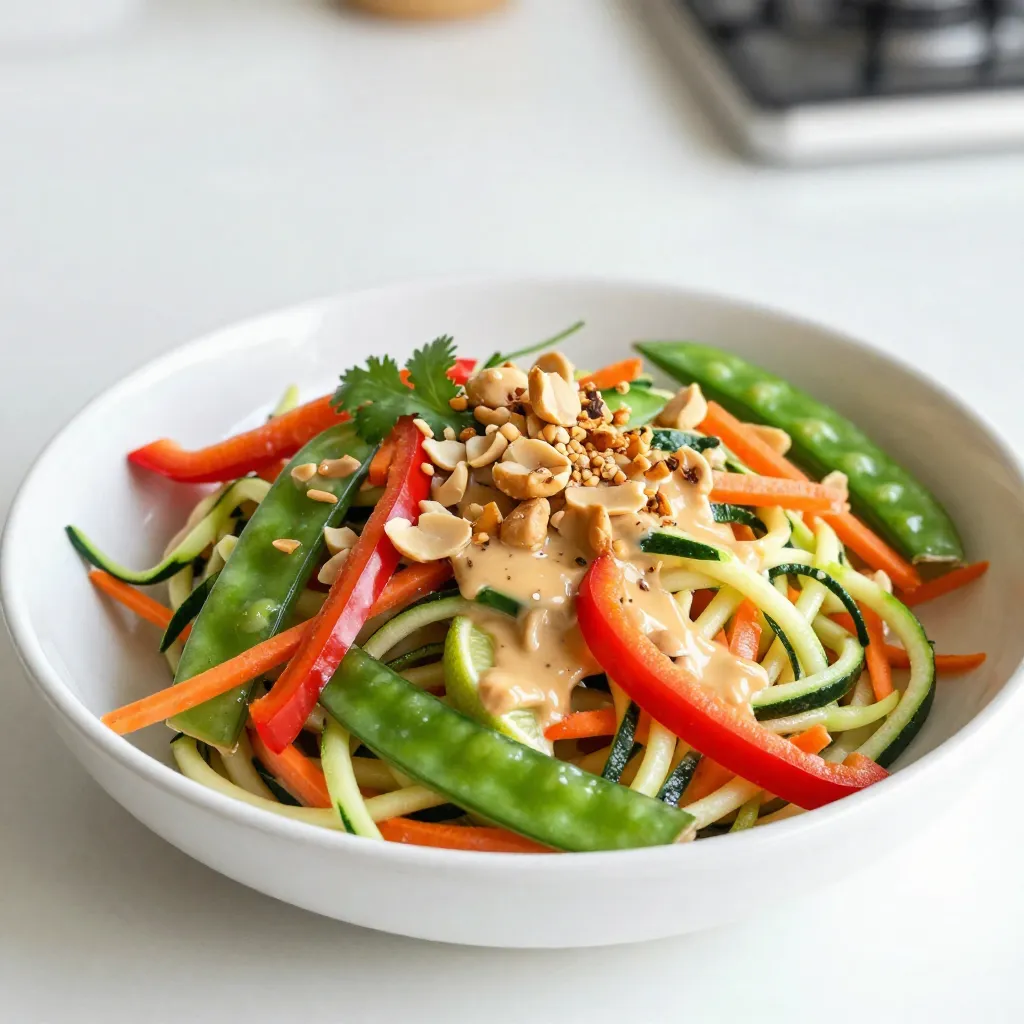 - 3 medium zucchinis, spiralized into noodles - 1 cup shredded carrots - 1 red bell pepper, thinly sliced - 1 cup red cabbage, shredded - 1 cup snap peas, trimmed and halved - ½ cup fresh cilantro, chopped - ¼ cup green onions, chopped - ½ cup unsalted roasted peanuts, crushed for garnish - ¼ cup natural peanut butter - 2 tablespoons soy sauce or tamari - 1 tablespoon coconut sugar or honey - 2 tablespoons fresh lime juice - 1 tablespoon rice vinegar - 1 teaspoon sesame oil - 1 teaspoon fresh ginger, grated - 1 clove garlic, minced - Water, as needed to adjust consistency The zoodles are the star here. They add a fresh crunch and make the salad light. Zucchinis are low in calories and full of water, perfect for summer. The carrots bring a nice sweetness that pairs well with the dressing. Red bell pepper adds color and crunch. It provides vitamin C and antioxidants. Red cabbage gives the salad a lovely purple hue and adds fiber. Snap peas are sweet and crisp, giving extra texture. Fresh cilantro and green onions add a burst of flavor that brightens the whole dish. The peanut dressing is creamy and rich. Natural peanut butter gives it a lovely taste without added sugars. Soy sauce or tamari adds umami and saltiness. Coconut sugar or honey balances the flavors with sweetness. Fresh lime juice and rice vinegar add tartness that cuts through the creaminess. Ginger and garlic bring warmth and depth. If the dressing is too thick, just add a little water. This dressing makes every bite of the salad pop! {{ingredient_image_2}} - In a medium bowl, combine the following ingredients: - ¼ cup natural peanut butter - 2 tablespoons soy sauce (or tamari) - 1 tablespoon coconut sugar (or honey) - 2 tablespoons fresh lime juice - 1 tablespoon rice vinegar - 1 teaspoon sesame oil - 1 teaspoon fresh ginger (grated) - 1 clove garlic (minced) - Whisk these together until the mixture is smooth. - If the dressing seems thick, add water one tablespoon at a time. Adjust until it is creamy yet pourable. - Use a spiralizer to turn 3 medium zucchinis into zoodles. - If you don’t have a spiralizer, a vegetable peeler works too. Just peel long strips from the zucchini to create thin noodles. - In a large mixing bowl, add the zoodles, shredded carrots, sliced red bell pepper, shredded red cabbage, halved snap peas, chopped cilantro, and green onions. - Mix gently to ensure all ingredients are evenly distributed. - Drizzle the prepared peanut dressing over the salad mixture. - Toss everything with tongs or two forks to coat all the veggies well with the dressing. - Let the salad sit at room temperature for about 5 minutes. - This helps all the flavors blend together beautifully. - Spoon the vibrant salad into individual serving bowls. - Top with a generous sprinkle of crushed peanuts for that perfect crunch. To make the peanut dressing just right, start with thick peanut butter. If it feels thick, add water. Use one tablespoon at a time. Whisk until smooth and creamy. For flavor, balance sweet and salty. Add more lime juice for tang. If you like spice, a pinch of chili flakes works well. Try mixing in a splash of coconut milk for extra creaminess. When spiralizing zucchinis, make sure they are firm and fresh. Cut off both ends first. Place the zucchini in the spiralizer and turn slowly. This creates long, noodle-like zoodles. If you don’t have a spiralizer, use a vegetable peeler. Peel the zucchini into long strips for a different look. You can also use other veggies for zoodles. Carrots, cucumbers, or sweet potatoes are great options. Each adds its own flavor and texture. For a beautiful salad, layer the ingredients instead of mixing them. Start with zoodles, then add colorful veggies on top. This creates a stunning visual. Consider adding a lime wedge on the side. It adds color and extra flavor. You can also sprinkle sesame seeds or extra crushed peanuts on top. These garnishes add crunch and style. Pro Tips Adjusting Dressing Consistency: If your peanut dressing is too thick, add water gradually until it reaches your desired consistency. This will help it coat the zoodles evenly without being overwhelming. Fresh Ingredients Matter: Use fresh vegetables and herbs for the best flavor and texture. Fresh cilantro and crispy snap peas elevate the dish significantly. Marination Time: Letting the salad marinate for about 5 minutes allows the flavors to meld together beautifully, enhancing the overall taste. Presentation Techniques: For a visually appealing presentation, layer the salad ingredients in bowls rather than mixing them all together. This creates a stunning display of colors. {{image_4}} You can easily add protein to your Thai Peanut Zoodle Salad. Grilled chicken is a great choice. Just slice it thin and toss it in. Tofu is another excellent option. Choose firm tofu, cube it, and pan-fry until golden. If you prefer seafood, shrimp works well too. Cook them until they turn pink and tender. For a plant-based option, try chickpeas. They add protein and a nice texture. Just rinse and drain canned chickpeas before mixing them in. This salad can be fully vegetarian or vegan. Ensure all ingredients are plant-based. For the dressing, use tamari instead of soy sauce for a gluten-free option. You can swap honey for coconut sugar to keep it vegan. If you want to change the base, use almond or sunflower seed butter instead of peanut butter. This keeps the flavor tasty while catering to nut allergies. Get creative with your veggies! You can add cucumbers for a refreshing crunch. Slice them thinly to match the zoodles. Broccoli is also a great choice. Lightly steam it and chop it into bite-sized pieces. Seasonal variations keep it fresh all year. In summer, add cherry tomatoes for sweetness. In fall, try shredded Brussels sprouts for a hearty flavor. Don’t shy away from mixing different vegetables to find your favorite combo! To store leftovers, place the salad in an airtight container. Keep it in the fridge. This helps keep it fresh for up to three days. For best results, store the salad and dressing separately. This way, the zoodles stay crisp. Use glass or BPA-free plastic containers. They work well and are easy to clean. Freezing zoodles is a good option, but note that they can get mushy. To freeze, place zoodles in a single layer on a baking sheet. Freeze them for about one hour. After that, transfer to a freezer bag. For the dressing, store it in a sealed container. You can freeze it for up to three months. When ready to use, thaw the dressing overnight in the fridge. To refresh zoodles after storage, quickly rinse them under cold water. This helps revive their texture. You can also warm them in a pan for a minute. If the salad seems bland, add a splash of lime juice or extra dressing. This boosts the flavors and makes it taste fresh. Enjoy your salad just as vibrant as when you first made it! You can still make zoodles without a spiralizer! Use a vegetable peeler to create long, thin strips. Simply run the peeler along the zucchini. This gives you a similar noodle-like shape. You can also use a box grater. Just grate the zucchini lengthwise for flat strands. Both methods work well and taste great in the salad. Yes, you can make this salad ahead of time! Prepare the zoodles and chop the veggies a day before. Store them in an airtight container in the fridge. Keep the dressing separate until you’re ready to serve. This helps keep the veggies fresh and crunchy. Mix in the dressing just before eating for the best flavor. If you have nut allergies, there are great options. You can use sunflower seed butter as a nut-free choice. Another option is tahini, which is made from sesame seeds. Both alternatives will still give you a creamy texture. You can also skip the nut butter and use a simple vinaigrette instead. Yes, Thai Peanut Zoodle Salad is very healthy! It’s packed with fresh veggies and has plenty of nutrients. Zucchini is low in calories and high in water content. Carrots add fiber and vitamins. The peanuts give healthy fats and protein. Overall, this salad offers a balanced meal full of flavor and nutrition. This Thai Peanut Zoodle Salad offers a fresh mix of vibrant veggies and a creamy dressing. You learned how to spiralize zucchinis, mix salad ingredients, and make a tasty peanut dressing. Remember, you can customize with proteins or other veggies to suit your taste. Store leftovers properly to keep them fresh. Enjoy making this healthy and colorful dish that nourishes both body and soul!
