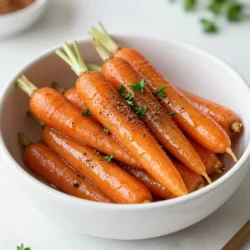 - 1 lb baby carrots (or regular carrots, sliced) - 3 tablespoons pure maple syrup - 2 tablespoons unsalted butter - 1 teaspoon ground cinnamon - 1/2 teaspoon salt - 1/4 teaspoon freshly ground black pepper - Fresh parsley, for garnish Best types of carrots for glazing I prefer baby carrots for their sweet taste and tender texture. You can also use regular carrots. Just slice them evenly to ensure they cook well. Substitute options for dietary needs If you need a dairy-free option, use coconut oil instead of butter. You can swap maple syrup with agave syrup for a vegan choice. Quality of maple syrup and its importance Always choose pure maple syrup. This type has a rich flavor that enhances the carrots. Avoid artificial syrups, as they lack depth and taste. {{ingredient_image_2}} 1. Start by melting the butter in a large skillet. Set the heat to medium. 2. Watch the butter as it melts. Swirl it around to cover the skillet. 3. Once melted, add the baby carrots. If using regular carrots, slice them evenly. 4. Use a spatula to mix. Make sure all carrots are coated in butter. 1. Sprinkle the ground cinnamon, salt, and black pepper over the carrots. 2. Stir the spices in well. This gives the carrots a nice flavor. 3. Next, pour the pure maple syrup over the carrots. Mix everything together. 1. Lower the heat to low and cover the skillet. Cook for 10-12 minutes. 2. Stir occasionally, keeping the carrots tender yet crisp. 3. After that, remove the lid. Turn the heat back to medium-high. 4. Cook uncovered for 2-3 minutes. This helps the glaze thicken. 5. When done, take the skillet off the heat. 6. Transfer the carrots to a serving dish. 7. Top with chopped parsley for a fresh look before serving. To make the best glaze, you can adjust the sweetness and seasoning. If you want a sweeter taste, add a bit more maple syrup. If you prefer less sweetness, use less syrup. You can also add more salt or black pepper if you like a bolder flavor. To ensure your carrots are tender yet crisp, cook them gently. Start by covering the skillet. This helps them soften. Stir occasionally to cook evenly. After about 10-12 minutes, check for tenderness. They should be soft but still have a slight bite. When serving your maple glazed carrots, choose a bright and warm serving bowl. A colorful bowl can make your dish pop on the table. For a nice touch, add a few whole parsley leaves on top before serving. This adds a fresh look and a splash of color. You can also sprinkle extra cinnamon on top for visual appeal and flavor. Pro Tips Cut Uniformly: For even cooking, make sure your carrots are cut into uniform pieces, whether you use baby carrots or regular ones. Maple Syrup Quality: Use high-quality pure maple syrup for the best flavor; avoid imitation syrups as they can alter the taste significantly. Adjust Sweetness: Feel free to adjust the amount of maple syrup based on your sweetness preference; you can also add a splash of orange juice for a citrusy twist. Garnish Wisely: Fresh parsley not only adds color but also a fresh flavor that complements the sweetness of the glaze; make sure to chop it finely for a better presentation. {{image_4}} You can change up your maple glazed carrots by adding nuts or dried fruits. Nuts like walnuts or pecans add a nice crunch. They also bring healthy fats. Dried fruits like cranberries or raisins add sweetness and chewiness. This mix makes the dish more exciting. You can try adding these extras based on the season. Using different spices or herbs can also change the flavor. You might add nutmeg for warmth. Fresh thyme or rosemary can bring a savory touch. These flavors can really enhance the maple syrup, making the dish truly special. If you want a vegan option, you can swap out the butter. Try using coconut oil or vegan butter instead. Both options will keep the carrots rich and flavorful. You won&rsquo;t miss the dairy at all. For those looking to cut sugar, there are sugar-free maple syrup options available. Look for brands that use natural sweeteners. This allows you to enjoy the sweet taste without the added sugar. You can still have soft, glazed carrots that everyone will love. To store leftover maple glazed carrots, place them in an airtight container. Make sure the container seals tightly. This helps keep the carrots fresh. You can store them in the fridge for up to three days. After that, they may lose their flavor and texture. For the best reheating, use the stovetop. Place the carrots in a skillet over medium heat. Add a splash of water or a little butter to help them heat evenly. Stir occasionally to prevent sticking. This method keeps the carrots tender and flavorful. Avoid using the microwave, as it can make them mushy. Always check to ensure they are heated through before serving. Can I use frozen carrots instead? Yes, you can use frozen carrots. They are convenient and save time. Just cook them a bit longer to get them tender. How do I know when carrots are done cooking? Carrots are done when they are tender but still slightly crisp. You can poke them with a fork to check. If they slide off easily, they are perfect! Can I double the recipe for a larger crowd? You can double the recipe easily. Just make sure you use a larger skillet. This way, the carrots will cook evenly. Overview of calories per serving Each serving of maple glazed carrots has about 120 calories. This makes it a healthy side dish option. Key vitamins and minerals in carrots Carrots are rich in vitamin A, which is good for your eyes. They also have fiber, which helps with digestion. Plus, they contain potassium, which is great for heart health. Best dishes to pair with maple glazed carrots Maple glazed carrots pair well with roasted chicken or grilled pork. They also go nicely with quinoa or wild rice for a veggie-friendly meal. How to incorporate into a holiday meal For holiday meals, serve these carrots alongside turkey or ham. Their sweet flavor adds balance to rich dishes, making them a festive favorite. In this post, we explored how to make tasty maple glazed carrots. We covered ingredients, cooking steps, tips for the perfect glaze, and variations to try. Remember, the right carrots and quality syrup make a big difference. Don't forget to store leftovers properly and reheat them for the best texture. Try these carrots at your next meal or celebration. They are sure to impress and delight! Enjoy your cooking adventure!