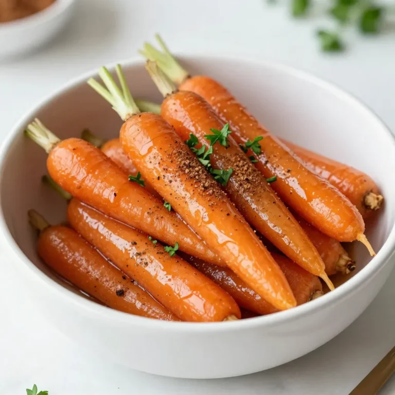 - 1 lb baby carrots (or regular carrots, sliced) - 3 tablespoons pure maple syrup - 2 tablespoons unsalted butter - 1 teaspoon ground cinnamon - 1/2 teaspoon salt - 1/4 teaspoon freshly ground black pepper - Fresh parsley, for garnish Best types of carrots for glazing I prefer baby carrots for their sweet taste and tender texture. You can also use regular carrots. Just slice them evenly to ensure they cook well. Substitute options for dietary needs If you need a dairy-free option, use coconut oil instead of butter. You can swap maple syrup with agave syrup for a vegan choice. Quality of maple syrup and its importance Always choose pure maple syrup. This type has a rich flavor that enhances the carrots. Avoid artificial syrups, as they lack depth and taste. {{ingredient_image_2}} 1. Start by melting the butter in a large skillet. Set the heat to medium. 2. Watch the butter as it melts. Swirl it around to cover the skillet. 3. Once melted, add the baby carrots. If using regular carrots, slice them evenly. 4. Use a spatula to mix. Make sure all carrots are coated in butter. 1. Sprinkle the ground cinnamon, salt, and black pepper over the carrots. 2. Stir the spices in well. This gives the carrots a nice flavor. 3. Next, pour the pure maple syrup over the carrots. Mix everything together. 1. Lower the heat to low and cover the skillet. Cook for 10-12 minutes. 2. Stir occasionally, keeping the carrots tender yet crisp. 3. After that, remove the lid. Turn the heat back to medium-high. 4. Cook uncovered for 2-3 minutes. This helps the glaze thicken. 5. When done, take the skillet off the heat. 6. Transfer the carrots to a serving dish. 7. Top with chopped parsley for a fresh look before serving. To make the best glaze, you can adjust the sweetness and seasoning. If you want a sweeter taste, add a bit more maple syrup. If you prefer less sweetness, use less syrup. You can also add more salt or black pepper if you like a bolder flavor. To ensure your carrots are tender yet crisp, cook them gently. Start by covering the skillet. This helps them soften. Stir occasionally to cook evenly. After about 10-12 minutes, check for tenderness. They should be soft but still have a slight bite. When serving your maple glazed carrots, choose a bright and warm serving bowl. A colorful bowl can make your dish pop on the table. For a nice touch, add a few whole parsley leaves on top before serving. This adds a fresh look and a splash of color. You can also sprinkle extra cinnamon on top for visual appeal and flavor. Pro Tips Cut Uniformly: For even cooking, make sure your carrots are cut into uniform pieces, whether you use baby carrots or regular ones. Maple Syrup Quality: Use high-quality pure maple syrup for the best flavor; avoid imitation syrups as they can alter the taste significantly. Adjust Sweetness: Feel free to adjust the amount of maple syrup based on your sweetness preference; you can also add a splash of orange juice for a citrusy twist. Garnish Wisely: Fresh parsley not only adds color but also a fresh flavor that complements the sweetness of the glaze; make sure to chop it finely for a better presentation. {{image_4}} You can change up your maple glazed carrots by adding nuts or dried fruits. Nuts like walnuts or pecans add a nice crunch. They also bring healthy fats. Dried fruits like cranberries or raisins add sweetness and chewiness. This mix makes the dish more exciting. You can try adding these extras based on the season. Using different spices or herbs can also change the flavor. You might add nutmeg for warmth. Fresh thyme or rosemary can bring a savory touch. These flavors can really enhance the maple syrup, making the dish truly special. If you want a vegan option, you can swap out the butter. Try using coconut oil or vegan butter instead. Both options will keep the carrots rich and flavorful. You won’t miss the dairy at all. For those looking to cut sugar, there are sugar-free maple syrup options available. Look for brands that use natural sweeteners. This allows you to enjoy the sweet taste without the added sugar. You can still have soft, glazed carrots that everyone will love. To store leftover maple glazed carrots, place them in an airtight container. Make sure the container seals tightly. This helps keep the carrots fresh. You can store them in the fridge for up to three days. After that, they may lose their flavor and texture. For the best reheating, use the stovetop. Place the carrots in a skillet over medium heat. Add a splash of water or a little butter to help them heat evenly. Stir occasionally to prevent sticking. This method keeps the carrots tender and flavorful. Avoid using the microwave, as it can make them mushy. Always check to ensure they are heated through before serving. Can I use frozen carrots instead? Yes, you can use frozen carrots. They are convenient and save time. Just cook them a bit longer to get them tender. How do I know when carrots are done cooking? Carrots are done when they are tender but still slightly crisp. You can poke them with a fork to check. If they slide off easily, they are perfect! Can I double the recipe for a larger crowd? You can double the recipe easily. Just make sure you use a larger skillet. This way, the carrots will cook evenly. Overview of calories per serving Each serving of maple glazed carrots has about 120 calories. This makes it a healthy side dish option. Key vitamins and minerals in carrots Carrots are rich in vitamin A, which is good for your eyes. They also have fiber, which helps with digestion. Plus, they contain potassium, which is great for heart health. Best dishes to pair with maple glazed carrots Maple glazed carrots pair well with roasted chicken or grilled pork. They also go nicely with quinoa or wild rice for a veggie-friendly meal. How to incorporate into a holiday meal For holiday meals, serve these carrots alongside turkey or ham. Their sweet flavor adds balance to rich dishes, making them a festive favorite. In this post, we explored how to make tasty maple glazed carrots. We covered ingredients, cooking steps, tips for the perfect glaze, and variations to try. Remember, the right carrots and quality syrup make a big difference. Don't forget to store leftovers properly and reheat them for the best texture. Try these carrots at your next meal or celebration. They are sure to impress and delight! Enjoy your cooking adventure!