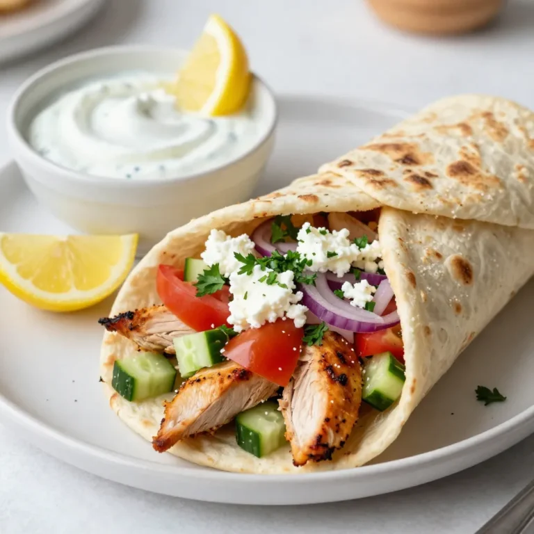 - 1 lb boneless, skinless chicken breast, thinly sliced - 1 cup creamy Greek yogurt - 2 cloves garlic, finely minced - 1 tablespoon freshly squeezed lemon juice - 1 tablespoon extra virgin olive oil - 1 teaspoon dried oregano - 1 teaspoon ground cumin - Salt and black pepper, to taste - 4 large, soft pita breads - 1 cup cucumber, finely diced - 1 cup ripe tomatoes, diced - ½ red onion, thinly sliced - ¼ cup fresh parsley, finely chopped - ¼ cup feta cheese, crumbled Using good ingredients makes a big difference. Fresh chicken gives you juicy bites. Quality Greek yogurt adds creaminess and tang. Fresh veggies bring crunch and color. When you pick fresh herbs like parsley, your wraps taste bright and lively. Always choose ripe tomatoes and crisp cucumbers for the best flavor. Remember, great meals start with great ingredients. For this recipe, use a kitchen scale for chicken. It helps you get the right amount. For liquids like yogurt and oil, measuring cups work well. Use a tablespoon for lemon juice and spices. When you measure, be precise. This ensures even flavor and perfect texture in your wraps. If you need to scale up, just keep the ratios the same. Enjoy creating your delicious Greek chicken gyro wraps! {{ingredient_image_2}} To start, make a tasty marinade for the chicken. In a bowl, mix 1 cup of Greek yogurt, 2 minced garlic cloves, 1 tablespoon of lemon juice, and 1 tablespoon of olive oil. Add 1 teaspoon of dried oregano and 1 teaspoon of ground cumin. Finally, season with salt and black pepper. Stir until smooth. Next, take 1 pound of thinly sliced chicken breast and add it to the marinade. Make sure each piece is well coated. Cover the bowl with plastic wrap. Let it chill in the fridge for at least 30 minutes. This step helps the chicken soak up all those great flavors. You can cook the chicken either on a grill or in a skillet. If you choose to grill, preheat it to medium-high heat. Once hot, remove the chicken from the marinade. Shake off any extra marinade before placing the chicken on the grill. Cook for about 6-7 minutes on each side. Look for a nice golden-brown color. If using a skillet, heat it over medium-high heat. Add a little olive oil to prevent sticking. Cook the chicken for the same amount of time until it’s fully cooked. After cooking, let the chicken rest for a few minutes, then slice it into bite-sized pieces. Now it's time to build your wrap! Start by mixing fresh ingredients. In a bowl, combine 1 cup of diced cucumber, 1 cup of diced tomatoes, and ½ a thinly sliced red onion. Add ¼ cup of chopped fresh parsley and ¼ cup of crumbled feta cheese. Toss everything gently to mix. Take a large, soft pita bread and lay it flat. Spoon a generous amount of grilled chicken into the center. Top it with your fresh veggie-feta mix. Finally, fold the pita over the filling. Make sure it wraps securely. Serve your gyro wraps warm for the best taste! To make tasty Greek chicken gyro wraps, the marinade is key. Start with Greek yogurt. It adds creaminess and keeps chicken moist. Combine it with minced garlic and lemon juice. This mix gives your chicken a fresh taste. Don't forget the olive oil, oregano, and cumin. These spices bring depth and flavor. Coat your chicken well in the marinade. Each slice should have a nice layer. Cover the bowl and chill it for at least 30 minutes. For best results, let it sit for a few hours. This step makes the chicken juicy and flavorful. Cooking the chicken right is crucial. Preheat your grill or skillet to medium-high heat. This ensures a good sear. Once hot, place the chicken slices on the grill. Cook for 6-7 minutes on each side. Look for a golden-brown color. It means the chicken is cooked perfectly. After cooking, let the chicken rest a bit. This helps keep the juices locked in. Slice it into bite-sized pieces for easy wrapping. To serve your gyro wraps nicely, use a pretty platter. Place the wraps with care. Lay a rustic cloth underneath for a homey feel. Adding a small bowl of tzatziki next to the wraps adds flavor and color. Garnish with lemon wedges for a fresh pop. This not only looks good but also makes the meal more inviting. Pro Tips Marinate Longer for Flavor: The longer you marinate the chicken, the more flavorful it will be. If you have time, marinate it for several hours or even overnight in the refrigerator. Use Fresh Herbs: For an intensified flavor, consider adding fresh herbs like dill or mint to your vegetable mixture. They will elevate the freshness of your gyro wraps. Grill for Smoky Flavor: Grilling the chicken adds a smoky flavor that enhances the overall taste of the gyro. If possible, use a charcoal grill for the best results. Warm the Pita: Before assembling, warm the pita in a skillet or on the grill for a few seconds on each side. This makes it more pliable and enhances its flavor. {{image_4}} You can swap chicken for other proteins. Lamb is a popular choice. It adds a rich flavor that pairs well with the spices. Just marinate it like you would the chicken. For a plant-based option, use tofu. Press firm tofu to remove excess water. Then cut it into slices and marinate it as well. Grill it until golden for a tasty twist. Change up the veggies for more flavor or variety. Try bell peppers for crunch. Grated carrots add sweetness and color. You can also add olives for a salty kick. If you like heat, some sliced jalapeños can spice things up! Mixing different veggies keeps your gyro fresh and fun. Experiment with spices to create unique flavors. Try adding smoked paprika for a hint of smokiness. A dash of cayenne pepper can give a nice kick. Change the sauce to tzatziki for a classic taste. Or use a spicy harissa for a North African flair. You could even try a sweet chili sauce for a different profile. These twists make each wrap a new adventure! After enjoying your Greek chicken gyro wraps, you can save any leftovers. Place the wraps in an airtight container. Keep them in the fridge for up to three days. If you have leftover chicken, store it separately from the pita. This helps keep the bread fresh. Freezing is a great option if you want to save your wraps for later. Wrap each gyro tightly in plastic wrap. Then, place them in a freezer-safe bag. They can stay in the freezer for up to three months. For best results, freeze the chicken and veggies separately from the pita. When you are ready to enjoy your frozen gyro, thaw it in the fridge overnight. To reheat, use an oven or skillet. Preheat your oven to 350°F (175°C). Place the wrapped gyro on a baking sheet and heat for about 10-15 minutes. If using a skillet, warm each side for about 3-4 minutes. This keeps your pita soft while warming the filling. Enjoy your tasty wraps again! To make gyro sauce, combine Greek yogurt, minced garlic, lemon juice, and olive oil. Add salt, pepper, and a pinch of dried oregano. Stir well until smooth. This simple sauce adds great flavor to your wraps. You can adjust the garlic and lemon to taste. Greek chicken gyro wraps go well with a few tasty sides. Here are some ideas: - Greek salad with cucumbers and tomatoes - Crispy roasted potatoes - Tzatziki sauce for dipping - Fresh pita chips or bread - A light lemon or herb quinoa salad These sides enhance the flavors of your gyro wraps and create a complete meal. Yes, you can use store-bought pita bread. Look for soft, fresh pita for the best taste. Choose whole wheat or regular, depending on your preference. Store-bought options save time, making your meal quick and easy. Just warm them slightly before filling to enhance their flavor and texture. This blog post covered how to create delicious Greek chicken gyro wraps. We explored the importance of quality ingredients and effective measuring. I shared step-by-step cooking methods and offered tips for perfect marinating and presentation. You can also try various proteins, veggies, and flavor twists to keep it fresh. Finally, I provided storage and reheating advice for leftovers. Use this guide to make your wraps tasty and satisfying. Enjoy your cooking journey and impress your friends and family!
