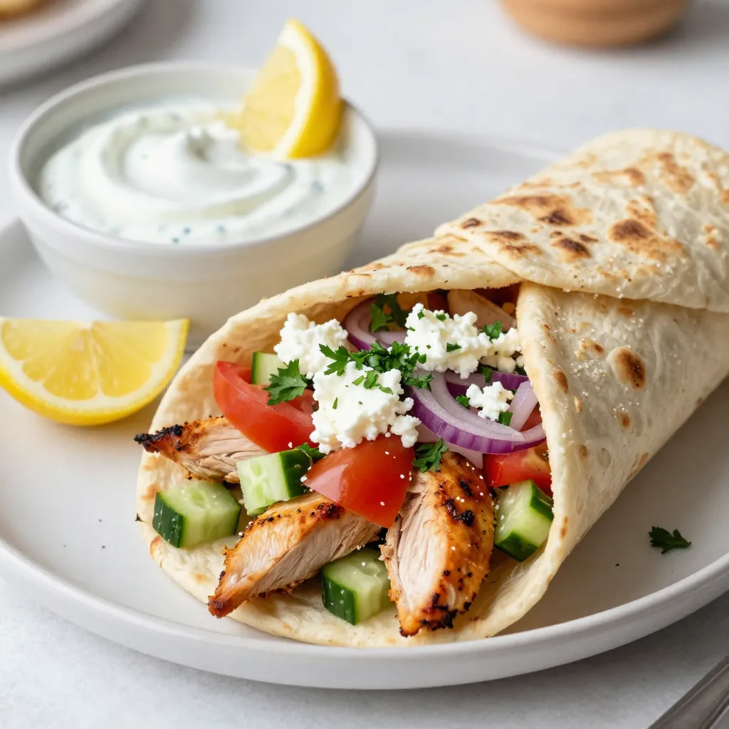 - 1 lb boneless, skinless chicken breast, thinly sliced - 1 cup creamy Greek yogurt - 2 cloves garlic, finely minced - 1 tablespoon freshly squeezed lemon juice - 1 tablespoon extra virgin olive oil - 1 teaspoon dried oregano - 1 teaspoon ground cumin - Salt and black pepper, to taste - 4 large, soft pita breads - 1 cup cucumber, finely diced - 1 cup ripe tomatoes, diced - ½ red onion, thinly sliced - ¼ cup fresh parsley, finely chopped - ¼ cup feta cheese, crumbled Using good ingredients makes a big difference. Fresh chicken gives you juicy bites. Quality Greek yogurt adds creaminess and tang. Fresh veggies bring crunch and color. When you pick fresh herbs like parsley, your wraps taste bright and lively. Always choose ripe tomatoes and crisp cucumbers for the best flavor. Remember, great meals start with great ingredients. For this recipe, use a kitchen scale for chicken. It helps you get the right amount. For liquids like yogurt and oil, measuring cups work well. Use a tablespoon for lemon juice and spices. When you measure, be precise. This ensures even flavor and perfect texture in your wraps. If you need to scale up, just keep the ratios the same. Enjoy creating your delicious Greek chicken gyro wraps! {{ingredient_image_2}} To start, make a tasty marinade for the chicken. In a bowl, mix 1 cup of Greek yogurt, 2 minced garlic cloves, 1 tablespoon of lemon juice, and 1 tablespoon of olive oil. Add 1 teaspoon of dried oregano and 1 teaspoon of ground cumin. Finally, season with salt and black pepper. Stir until smooth. Next, take 1 pound of thinly sliced chicken breast and add it to the marinade. Make sure each piece is well coated. Cover the bowl with plastic wrap. Let it chill in the fridge for at least 30 minutes. This step helps the chicken soak up all those great flavors. You can cook the chicken either on a grill or in a skillet. If you choose to grill, preheat it to medium-high heat. Once hot, remove the chicken from the marinade. Shake off any extra marinade before placing the chicken on the grill. Cook for about 6-7 minutes on each side. Look for a nice golden-brown color. If using a skillet, heat it over medium-high heat. Add a little olive oil to prevent sticking. Cook the chicken for the same amount of time until it’s fully cooked. After cooking, let the chicken rest for a few minutes, then slice it into bite-sized pieces. Now it's time to build your wrap! Start by mixing fresh ingredients. In a bowl, combine 1 cup of diced cucumber, 1 cup of diced tomatoes, and ½ a thinly sliced red onion. Add ¼ cup of chopped fresh parsley and ¼ cup of crumbled feta cheese. Toss everything gently to mix. Take a large, soft pita bread and lay it flat. Spoon a generous amount of grilled chicken into the center. Top it with your fresh veggie-feta mix. Finally, fold the pita over the filling. Make sure it wraps securely. Serve your gyro wraps warm for the best taste! To make tasty Greek chicken gyro wraps, the marinade is key. Start with Greek yogurt. It adds creaminess and keeps chicken moist. Combine it with minced garlic and lemon juice. This mix gives your chicken a fresh taste. Don't forget the olive oil, oregano, and cumin. These spices bring depth and flavor. Coat your chicken well in the marinade. Each slice should have a nice layer. Cover the bowl and chill it for at least 30 minutes. For best results, let it sit for a few hours. This step makes the chicken juicy and flavorful. Cooking the chicken right is crucial. Preheat your grill or skillet to medium-high heat. This ensures a good sear. Once hot, place the chicken slices on the grill. Cook for 6-7 minutes on each side. Look for a golden-brown color. It means the chicken is cooked perfectly. After cooking, let the chicken rest a bit. This helps keep the juices locked in. Slice it into bite-sized pieces for easy wrapping. To serve your gyro wraps nicely, use a pretty platter. Place the wraps with care. Lay a rustic cloth underneath for a homey feel. Adding a small bowl of tzatziki next to the wraps adds flavor and color. Garnish with lemon wedges for a fresh pop. This not only looks good but also makes the meal more inviting. Pro Tips Marinate Longer for Flavor: The longer you marinate the chicken, the more flavorful it will be. If you have time, marinate it for several hours or even overnight in the refrigerator. Use Fresh Herbs: For an intensified flavor, consider adding fresh herbs like dill or mint to your vegetable mixture. They will elevate the freshness of your gyro wraps. Grill for Smoky Flavor: Grilling the chicken adds a smoky flavor that enhances the overall taste of the gyro. If possible, use a charcoal grill for the best results. Warm the Pita: Before assembling, warm the pita in a skillet or on the grill for a few seconds on each side. This makes it more pliable and enhances its flavor. {{image_4}} You can swap chicken for other proteins. Lamb is a popular choice. It adds a rich flavor that pairs well with the spices. Just marinate it like you would the chicken. For a plant-based option, use tofu. Press firm tofu to remove excess water. Then cut it into slices and marinate it as well. Grill it until golden for a tasty twist. Change up the veggies for more flavor or variety. Try bell peppers for crunch. Grated carrots add sweetness and color. You can also add olives for a salty kick. If you like heat, some sliced jalapeños can spice things up! Mixing different veggies keeps your gyro fresh and fun. Experiment with spices to create unique flavors. Try adding smoked paprika for a hint of smokiness. A dash of cayenne pepper can give a nice kick. Change the sauce to tzatziki for a classic taste. Or use a spicy harissa for a North African flair. You could even try a sweet chili sauce for a different profile. These twists make each wrap a new adventure! After enjoying your Greek chicken gyro wraps, you can save any leftovers. Place the wraps in an airtight container. Keep them in the fridge for up to three days. If you have leftover chicken, store it separately from the pita. This helps keep the bread fresh. Freezing is a great option if you want to save your wraps for later. Wrap each gyro tightly in plastic wrap. Then, place them in a freezer-safe bag. They can stay in the freezer for up to three months. For best results, freeze the chicken and veggies separately from the pita. When you are ready to enjoy your frozen gyro, thaw it in the fridge overnight. To reheat, use an oven or skillet. Preheat your oven to 350°F (175°C). Place the wrapped gyro on a baking sheet and heat for about 10-15 minutes. If using a skillet, warm each side for about 3-4 minutes. This keeps your pita soft while warming the filling. Enjoy your tasty wraps again! To make gyro sauce, combine Greek yogurt, minced garlic, lemon juice, and olive oil. Add salt, pepper, and a pinch of dried oregano. Stir well until smooth. This simple sauce adds great flavor to your wraps. You can adjust the garlic and lemon to taste. Greek chicken gyro wraps go well with a few tasty sides. Here are some ideas: - Greek salad with cucumbers and tomatoes - Crispy roasted potatoes - Tzatziki sauce for dipping - Fresh pita chips or bread - A light lemon or herb quinoa salad These sides enhance the flavors of your gyro wraps and create a complete meal. Yes, you can use store-bought pita bread. Look for soft, fresh pita for the best taste. Choose whole wheat or regular, depending on your preference. Store-bought options save time, making your meal quick and easy. Just warm them slightly before filling to enhance their flavor and texture. This blog post covered how to create delicious Greek chicken gyro wraps. We explored the importance of quality ingredients and effective measuring. I shared step-by-step cooking methods and offered tips for perfect marinating and presentation. You can also try various proteins, veggies, and flavor twists to keep it fresh. Finally, I provided storage and reheating advice for leftovers. Use this guide to make your wraps tasty and satisfying. Enjoy your cooking journey and impress your friends and family!