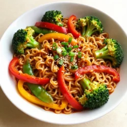 - 2 packets of instant ramen noodles (discard seasoning packets) - 1 tablespoon sesame oil - 1 medium onion, thinly sliced - 2 cloves of garlic, finely minced - 1-inch piece of fresh ginger, grated - 1 red bell pepper, cut into thin slices - 1 yellow bell pepper, cut into thin slices - 2 cups of fresh broccoli florets - 1 cup snap peas, trimmed - 1 tablespoon Sriracha sauce (adjust to your spice preference) - 2 tablespoons low-sodium soy sauce - 1 tablespoon rice vinegar - 1 tablespoon honey or agave syrup (for sweetness) - 2 green onions, chopped (for garnish) - A sprinkle of sesame seeds (for garnish) If you want to switch things up, you can use other noodles. Try udon or soba noodles instead of ramen. You can also swap the bell peppers for zucchini or carrots. If you like, replace honey with maple syrup for a vegan option. Use tamari instead of soy sauce for a gluten-free dish. Using fresh ingredients makes a big difference in taste. Fresh veggies give your stir-fry color and crunch. They also have more nutrients. When you choose good quality, your dish shines with flavor. Fresh garlic and ginger add a zesty punch, making your meal come alive. Always look for bright, firm vegetables for the best results. This attention to quality helps elevate your spicy ramen noodle stir-fry to a whole new level. {{ingredient_image_2}} First, grab your pot and fill it with water. Bring the water to a boil. Add the ramen noodles once the water bubbles. Cook them according to the package directions. However, take them off the heat about one minute early. This helps keep the noodles firm. After cooking, drain the noodles in a colander and set them aside for later. Next, heat a tablespoon of sesame oil in a big skillet or wok. Use medium-high heat until the oil shimmers. Add the thinly sliced onion first and saut&eacute; for one minute. Then, toss in the minced garlic and grated ginger. Keep stirring for two more minutes. You'll know it's ready when you smell those fragrant scents and see the onions soften. Now, introduce the sliced red and yellow bell peppers, broccoli florets, and snap peas to the skillet. Stir-fry these colorful veggies for about five to six minutes. You want them to be tender but still crisp. The bright colors will make your dish more inviting. In a small bowl, mix together the Sriracha sauce, soy sauce, rice vinegar, and honey or agave syrup. Stir it well to create a tasty sauce. Now, add the cooked ramen noodles to the skillet with the saut&eacute;ed veggies. Pour the sauce over everything. Gently toss the noodles and vegetables together for two to three minutes. Make sure everything is well coated and heated through. Once combined, take the skillet off the heat. For a finishing touch, garnish with chopped green onions and a sprinkle of sesame seeds. This adds flavor and makes your dish look beautiful. Serve it in bowls and enjoy! To control heat, start with less Sriracha. You can add more later if you want. Mix a small amount of the sauce and taste it. If it&rsquo;s too mild, add more Sriracha. If it&rsquo;s too hot, balance it with honey or agave. This will tone down the spice. - Use a dash of extra honey for sweetness. - Serve with lime wedges for a fresh taste. Keep your veggies crisp by not overcooking them. Stir-fry them for about 5-6 minutes. They should still be bright and vibrant. Cut vegetables thinly so they cook evenly. - Start with onions and garlic for flavor. - Add peppers and broccoli next, as they take longer to cook. To make this a full meal, add protein. You can use chicken, shrimp, or tofu. Cook the protein in the skillet before adding the veggies. - For a vegetarian option, use firm tofu and cook until golden. - Serve with a side of fresh fruit or a light salad. These tips will help you create a delicious and balanced spicy ramen noodle stir-fry. Enjoy every bite! Pro Tips Perfect Noodle Texture: Cook the ramen noodles one minute less than the package instructions to ensure they remain firm and don't become mushy when stir-frying. Customize Your Spice Level: Adjust the amount of Sriracha sauce based on your heat preference. Start with less and add more if you like it spicier! Fresh Ingredients Matter: Using fresh vegetables not only enhances the flavor but also adds more nutrition to your dish. Opt for seasonal produce when possible. Garnish for Appeal: A sprinkle of sesame seeds and chopped green onions not only adds flavor but also makes your dish visually appealing. Don't skip this step! {{image_4}} You can customize your spicy ramen noodle stir-fry by adding protein. Chicken, tofu, or shrimp work great. - Chicken: Cut boneless chicken breast into thin strips. Saut&eacute; it before adding the vegetables. Cook until the chicken is no longer pink. - Tofu: Firm tofu is best. Press it to remove excess water, then cube it. Cook the tofu until it's golden brown for extra flavor. - Shrimp: Use peeled and deveined shrimp. Add them to the skillet after the onions and garlic. Cook until they turn pink. These options add taste and texture. They also make your meal more filling. Feel free to switch up the veggies in your stir-fry. Some great options include: - Carrots: Thinly slice or julienne for a sweet crunch. - Zucchini: Cut into half-moons for a fresh touch. - Mushrooms: Use shiitake or button mushrooms for extra umami. - Spinach: Add it at the end for a pop of color and nutrition. Mixing in different vegetables keeps the dish exciting and nutritious. Experimenting with sauces can change the flavor profile of your dish. Consider these: - Teriyaki Sauce: This adds a sweet and savory kick. - Chili Garlic Sauce: For an extra spicy punch. - Peanut Sauce: This creates a rich, nutty flavor. - Hoisin Sauce: Offers sweetness and depth. Try mixing and matching these sauces with your base sauce. It's a fun way to find your favorite flavor combination! To store your spicy ramen noodle stir-fry, let it cool down first. Once cool, place the stir-fry in an airtight container. This helps keep it fresh. Make sure to seal the container tightly. You can keep it in the fridge for up to three days. When you're ready to eat your leftovers, you can reheat them easily. Place the stir-fry in a microwave-safe bowl. Cover it with a damp paper towel to prevent it from drying out. Heat for one to two minutes, stirring halfway through. If you prefer, you can reheat it on the stovetop. Just add a splash of water to help steam it back to life. If you want to save the stir-fry for a longer time, freezing is a great option. After cooling, divide the stir-fry into smaller portions. Use freezer-safe bags or containers. Remember to remove as much air as possible. This helps prevent freezer burn. Your spicy ramen noodle stir-fry can last in the freezer for up to two months. When you want to enjoy it again, thaw it in the fridge overnight before reheating. Yes, you can make this dish gluten-free. Use gluten-free ramen noodles. Many stores carry them now. Check the label to ensure they are safe for your needs. You can also replace soy sauce with tamari. Tamari is a gluten-free sauce that tastes great. This dish takes about 20 minutes to make. You need 10 minutes to prep and 10 minutes to cook. It&rsquo;s quick and easy, perfect for a busy day. You can enjoy a tasty meal in no time! You can serve this stir-fry with various sides. Some great options include: - Steamed edamame - A simple cucumber salad - Miso soup - Pickled ginger These sides add nice flavors and textures to your meal. Enjoy experimenting with what you like best! This blog post covered the basics of making a tasty ramen noodle stir-fry. We looked at fresh ingredients and key swaps that can boost your meal. I shared simple steps to cook noodles and blend them with your stir-fry. You found tips for adjusting spice and ensuring perfect veggies. There are many ways to customize your dish with proteins and sauces. Finally, I provided info on storing your leftovers. Now, you can create your unique stir-fry. Enjoy cooking and experimenting!