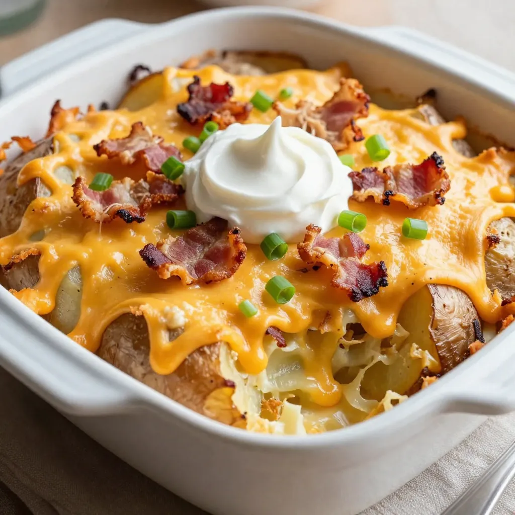 - 4 large russet potatoes - 1 cup sour cream - 1 cup cheddar cheese - 1/2 cup cream cheese - 1/4 cup green onions - 1/2 cup cooked turkey bacon - 1 teaspoon garlic powder - 1 teaspoon onion powder - Salt and freshly cracked black pepper - 1/2 cup milk - 1 tablespoon olive oil For this loaded baked potato casserole, I choose russet potatoes. They give a fluffy texture. You will need sour cream and cream cheese for a rich base. Cheddar cheese adds a sharp flavor. Use fresh green onions for a nice crunch. Turkey bacon adds a savory touch. Seasonings like garlic and onion powder bring out the flavors. Salt and pepper enhance the taste. The milk keeps everything creamy, while olive oil greases the baking dish. With these simple ingredients, you create a dish that is both easy and full of flavor. You can even swap ingredients, like using vegetable bacon for a meat-free option. {{ingredient_image_2}} - Preheat your oven to 400°F (200°C). - Boil a large pot of salted water. Add diced potatoes and cook for 10-15 minutes. They should be fork-tender. Drain the potatoes and let them cool. - In a big mixing bowl, combine 1 cup of sour cream, 1/2 cup of cream cheese, and 1/2 cup of milk. - Mix until smooth. Add in 1 cup of shredded cheddar cheese, 1 teaspoon of garlic powder, and 1 teaspoon of onion powder. - Season with salt and pepper. Fold in 1/4 cup of chopped green onions, saving some for later. - Gently add the cooled potatoes and 1/2 cup of crumbled turkey bacon to the mixture. - Grease a 9x13-inch baking dish with 1 tablespoon of olive oil to prevent sticking. - Spoon the loaded potato mixture into the dish and spread it out evenly. - Top with the reserved cheddar cheese. - Cover with foil and bake for 25 minutes. Then, remove the foil and bake for another 15-20 minutes. - The top should be bubbly and golden brown. - Let it cool for a few minutes before serving. Garnish with reserved green onions for a nice touch. To achieve the right potato texture, start with fresh russet potatoes. Cut them into bite-sized cubes. Boil them until they are fork-tender, about 10-15 minutes. This helps keep them fluffy but not mushy. When mixing the ingredients, be gentle. You want to fold the potatoes into the creamy mixture without breaking them apart. This keeps the texture nice and light. For even cheese melting, sprinkle some cheese on top of the casserole before baking. This creates a golden crust that everyone loves. Make sure to reserve some cheese from your main mix for this step. For ideal accompaniments, serve your casserole hot right from the oven. You can add a dollop of sour cream on each serving for extra creaminess. Garnishing with green onions adds a fresh touch. Sprinkle some on top right before serving. This brightens up the dish and adds a pop of color. You can also offer extra toppings, like crispy bacon bits or hot sauce, for flavor variety. Pro Tips Use Fresh Ingredients: Fresh, high-quality potatoes and dairy products will enhance the overall flavor and texture of the casserole. Adjust the Cheese: Feel free to mix different types of cheese like Monterey Jack or Gouda for a unique flavor twist. Layering for Flavor: Consider layering the potatoes and cheese mixture in the baking dish for a more aesthetically pleasing presentation and flavor distribution. Make-Ahead Option: Prepare the casserole a day in advance and store it in the refrigerator. Just bake it before serving for a quick and easy meal. {{image_4}} You can easily change some ingredients in this recipe. If you want a vegetarian version, use vegetable bacon instead of turkey bacon. This swaps the meat without losing flavor. You can enjoy the same crunch and taste. For a dairy-free option, look for cheese made from nuts or soy. Use a dairy-free sour cream and cream cheese, too. These choices keep the dish creamy while catering to dietary needs. Want a little heat? Add jalapeños to the mix. They give the casserole a nice kick. You can slice them thin or chop them small, depending on your taste. You can also switch up the cheese. Try gouda or pepper jack for a twist. Each type of cheese brings its own flavor and richness. Mixing different cheeses can make your casserole even more delicious! To keep your Loaded Baked Potato Casserole fresh, let it cool first. Then, place it in an airtight container. You can store it in the fridge for up to four days. If you want to store it longer, consider freezing it. In the freezer, it stays good for about three months. Just make sure to wrap it well to prevent freezer burn. When it's time to enjoy leftovers, you have a few options. The best method is to reheat it in the oven. Preheat your oven to 350°F (175°C). Cover the casserole with foil to keep it moist. Bake for about 20-25 minutes or until it’s heated through. If you’re short on time, you can use the microwave. Place a portion on a microwave-safe plate. Heat it in 30-second intervals, stirring in between, until hot. To keep the texture nice, avoid overheating. If you want extra flavor, add a bit of cheese on top while reheating. This makes it even more delicious! Can I prepare Loaded Baked Potato Casserole in advance? Yes, you can prepare this casserole ahead of time. To do this, follow the recipe up to the baking step. After mixing the ingredients, cover the dish and store it in the fridge for up to 24 hours. When you are ready to bake, let it sit at room temperature for 30 minutes. Then, bake it as directed. This makes serving easy! What can I serve with Loaded Baked Potato Casserole? This casserole pairs well with many foods. You can serve it with a simple green salad to add freshness. Grilled chicken or steak also works great as a main dish. For a lighter option, try roasted vegetables or steamed broccoli. The flavors balance nicely, making each meal a hit! Can I freeze Loaded Baked Potato Casserole? Yes, you can freeze this casserole! Allow it to cool completely after baking. Then, cover it tightly with foil or plastic wrap. It will last in the freezer for about two months. When you are ready to eat it, thaw it in the fridge overnight and reheat in the oven. Enjoy the yummy, cheesy goodness! This blog post covered how to make a delicious Loaded Baked Potato Casserole. We discussed the main ingredients, step-by-step instructions, and tips to get it just right. You learned about variations to please different diets and how to store your leftovers. Remember, this casserole is flexible and fun to make. With a few tweaks, you can create your own version. Enjoy making this dish with family and friends. It will surely be a hit at your next meal!