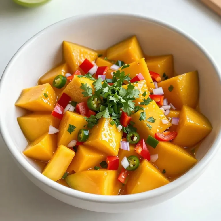 To make a fresh mango salsa, gather these ingredients: - 2 ripe mangoes, peeled and diced into bite-sized pieces - 1 small red onion, finely chopped - 1 jalapeño, deseeded and minced - 1 red bell pepper, diced - 1/4 cup fresh cilantro, roughly chopped - Juice of 2 fresh limes - 1 tablespoon honey (optional) - Salt and freshly cracked black pepper to taste Selecting ripe mangoes is key for great flavor. Look for mangoes that give slightly when you press them. Their skin should have a vibrant color, often yellow or red. A sweet aroma near the stem is a good sign. Avoid mangoes that feel hard or have dark spots. You can customize your salsa by adding other tasty items. Try diced pineapple for extra sweetness. Avocado adds creaminess and richness. Garlic or ginger gives depth. You may also add black beans for protein. Each option makes the salsa unique and personal. {{ingredient_image_2}} To start, gather all your ingredients on a clean counter. You will need: - 2 ripe mangoes, peeled and diced into bite-sized pieces - 1 small red onion, finely chopped to enhance flavor - 1 jalapeño, deseeded and minced for a mild heat - 1 red bell pepper, diced for sweetness and color - 1/4 cup fresh cilantro, roughly chopped - Juice of 2 fresh limes for a zesty kick - 1 tablespoon honey (optional), for a hint of natural sweetness - Salt and freshly cracked black pepper to taste First, peel and dice the mangoes. Make sure they are ripe for the best taste. Next, chop the red onion finely. This adds strong flavor. Then, take the jalapeño and remove the seeds. Mince it well. The jalapeño gives a nice, mild heat. Now, dice the red bell pepper. This adds sweetness and bright color. Now it’s time to mix everything. In a large bowl, add the diced mangoes, chopped onion, minced jalapeño, and diced bell pepper. Use a spoon to stir gently. Be careful not to mash the mangoes. Next, add the chopped cilantro and squeeze in the juice of the two limes. The lime juice brightens the flavor. If you want extra sweetness, drizzle the honey on top. This is optional but can enhance the salsa. After adding all ingredients, toss gently with a spatula. Make sure everything is well mixed. Finally, season with salt and freshly cracked black pepper. Taste and adjust if needed. Letting the salsa rest is key. After mixing, let it sit for at least 15 minutes at room temperature. This resting time allows the flavors to blend. The longer it sits, the more the tastes will come together. It helps your salsa become more vibrant and delicious. After resting, serve your Tropical Mango Tango Salsa with tortilla chips or on grilled dishes. Enjoy the fresh flavors and bright colors! To make your mango salsa stand out, balance the flavors. You can add a pinch of salt to bring out the sweetness of the mangoes. Lime juice adds a nice tang, while honey can add a hint of sweetness if needed. Try adding diced avocado for creaminess or corn for texture. For more heat, include extra jalapeño or a dash of hot sauce. Each ingredient plays a role, so taste as you mix. To keep your salsa fresh, store it in an airtight container. Place it in the fridge for up to three days. If you notice excess liquid, drain it before serving. The flavors will deepen over time, but the mangoes can get mushy. So, if you plan to enjoy it later, mix the ingredients just before serving. This keeps the salsa bright and crunchy. Mango salsa shines as a dip with tortilla chips. It also works great as a topping on grilled chicken or fish. Try it on tacos for a fresh twist. You can even add it to salads for added flavor. For a fun presentation, serve it in a colorful bowl with cilantro on top. This makes your dish pop with color and taste. Pro Tips Use Ripe Mangoes: Ensure your mangoes are perfectly ripe for the best flavor and sweetness. Slightly soft to the touch indicates they are ready to be used. Adjust Heat Level: If you prefer a spicier salsa, keep some seeds from the jalapeño. For a milder version, remove all seeds and membranes. Fresh Lime Juice: Always use fresh lime juice instead of bottled for a brighter, more vibrant taste that elevates the overall flavor of the salsa. Chill Before Serving: For an even more refreshing taste, refrigerate the salsa for about 30 minutes before serving. This allows the flavors to meld together beautifully. {{image_4}} You can make mango salsa even better by adding other fruits. Pineapples add a sweet, tangy twist. Just chop them into small pieces and mix them in. Avocados bring creaminess and a rich flavor. Dice them up and gently fold them in. Both choices add texture and taste, making your salsa unique. If you like a kick, add more jalapeño or other peppers. For less heat, use only half of a jalapeño. You can also try replacing it with a milder pepper, like a bell pepper. Another option is to add a pinch of cayenne pepper for warmth. Adjust the spice level to fit your taste buds. To change the flavor, try different dressings or seasonings. A splash of orange juice can add a sweet twist. You can also use apple cider vinegar for a tangy bite. To spice things up, mix in some cumin or smoked paprika. Each change brings a new flavor to your salsa, making it fun to explore! One serving of Tropical Mango Tango Salsa has about 80 calories. This salsa is light yet packed with flavor. The calories mostly come from the mangoes and honey. Each serving contains: - 2 ripe mangoes: around 130 calories - 1 tablespoon of honey (optional): about 64 calories - Other ingredients: very low in calories You can enjoy this salsa guilt-free. It’s a great way to add a fresh taste to your meals. Mangoes provide vitamins A and C, boosting your immune system. They also have fiber, which helps digestion. Red onion adds antioxidants, which can help protect your cells. Jalapeños contain capsaicin, known for its anti-inflammatory properties. Red bell peppers are rich in vitamins and add a nice crunch. Cilantro is full of vitamins K and C, plus it may support heart health. This salsa gives you essential nutrients while being delicious! Tropical Mango Tango Salsa is vegan and gluten-free. It fits many diets, making it a great choice for gatherings. You can enjoy it with tortilla chips or as a topping for grilled proteins. If you skip the honey, it stays vegan-friendly. Enjoy this bright dish without worry! Fresh Mango Salsa lasts about three days in the fridge. Store it in an airtight container. After three days, the flavors may fade. You’ll also notice the mangoes can get mushy. Always check for any signs of spoilage before eating. Freezing Fresh Mango Salsa is not ideal. The texture of the mango can change. However, if you want to freeze it, use a freezer-safe container. Make sure to leave some space for expansion. Use it within three months for the best taste. You can serve Mango Salsa with many dishes. Here are some great ideas: - Tortilla chips for a crunchy snack. - Grilled chicken to add a fresh twist. - Fish tacos for a bright flavor boost. - Tacos or burritos for extra flavor. - Rice or quinoa bowls for a colorful addition. Feel free to mix and match! Enjoy your Mango Salsa with any of these tasty options. Fresh mango salsa is easy and fun to make. You start with ripe mangoes and combine them with tasty ingredients. Remember, resting time helps the flavors blend. You can enhance the taste with spices and enjoy it with various dishes. This salsa is not just delicious; it’s healthy too. It fits into many diets, making it a great choice for everyone. Now, get ready to try this fresh dish. Your taste buds will thank you!